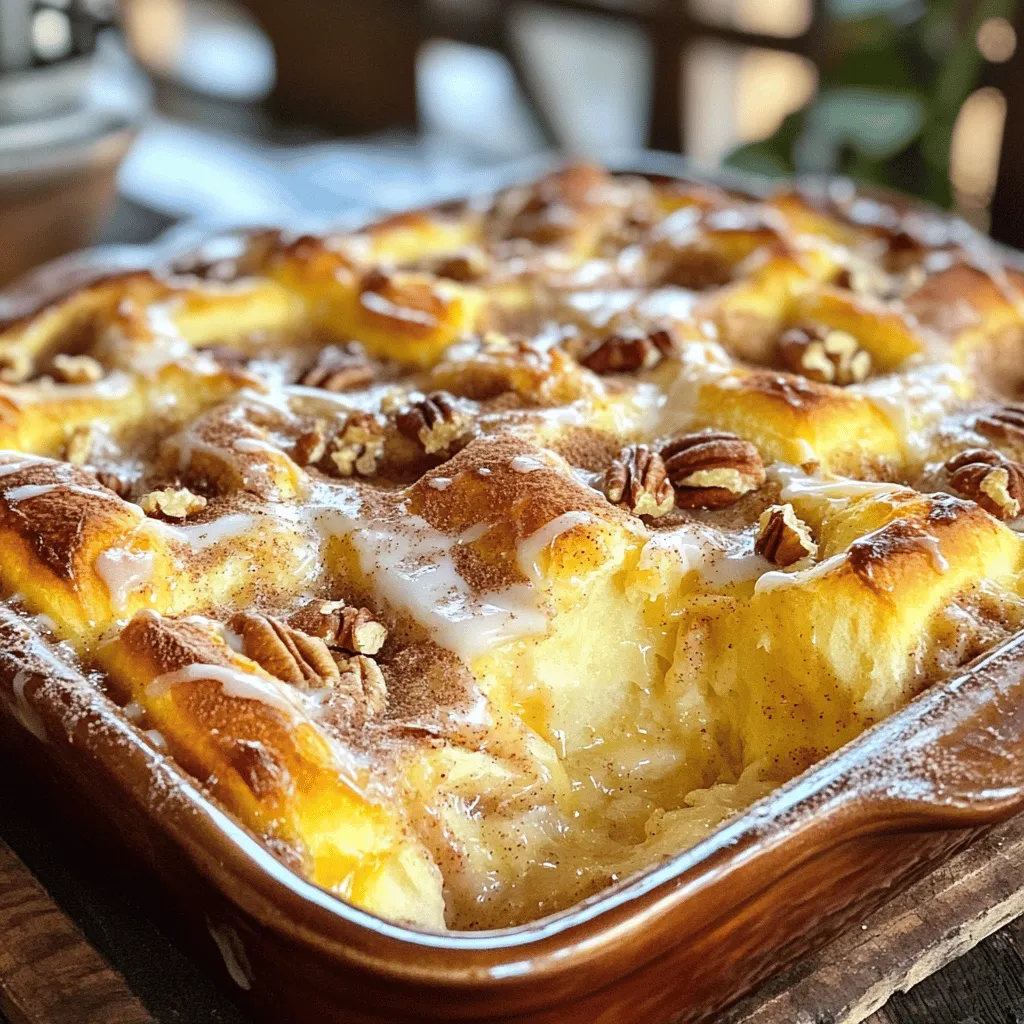 To create a delicious cinnamon roll casserole, you need a few main ingredients. Here’s what you will need: - 2 cans (12.4 oz each) refrigerated cinnamon rolls - 6 large eggs - 1 cup whole milk - 1/2 cup heavy cream - 1/2 teaspoon pure vanilla extract - 1 teaspoon ground cinnamon - 1/2 cup pure maple syrup These ingredients work together to create a soft, sweet, and gooey dish that everyone will love. The cinnamon rolls provide a fluffy base, while the eggs and cream create a custard-like texture. You can enhance your casserole with some tasty toppings and mix-ins. Here are a few ideas: - Chopped pecans or walnuts (for crunch) - Fresh fruit like strawberries or bananas (for color) - A sprinkle of additional cinnamon (for extra flavor) - Chocolate chips (for a sweet twist) Feel free to mix and match these toppings based on your taste. Adding nuts or fruit can give your casserole a fun texture and flavor boost. If you have dietary needs, you can make some easy swaps. Here are some suggestions: - For dairy-free: Use almond milk or coconut cream instead of whole milk and heavy cream. - For egg-free: Replace eggs with a mixture of 1/4 cup applesauce and 1/4 teaspoon baking powder per egg. - For gluten-free: Use gluten-free cinnamon rolls available at many stores. These substitutions help you enjoy the casserole while meeting your dietary needs. Just keep in mind that texture and taste may vary slightly. For the full recipe, check out the details above. First, preheat your oven to 375°F (190°C). This step is key for even baking. Next, grease a 9x13-inch baking dish with non-stick spray or butter. Make sure to coat it well to keep the casserole from sticking. Now, open the cans of refrigerated cinnamon rolls. Carefully cut each roll into quarters. This makes bite-sized pieces that soak up the custard well. Spread these pieces evenly in the greased baking dish. In a large mixing bowl, whisk together six large eggs. Add one cup of whole milk and half a cup of heavy cream. Then, mix in half a teaspoon of pure vanilla extract and one teaspoon of ground cinnamon. Finally, pour in half a cup of pure maple syrup. Whisk the mixture until it is smooth. This rich custard base will give your casserole a soft and creamy texture. Pour the custard mixture over the cinnamon roll pieces in the baking dish. Make sure to soak them well. If you like, sprinkle chopped pecans or walnuts on top. This adds a nice crunch and flavor. Place the baking dish in the oven and bake for about 25 to 30 minutes. You want it to puff up and turn golden brown on top. To check if it’s done, insert a toothpick in the center. If it comes out clean, your casserole is ready. Once baked, take it out of the oven and let it cool for about five minutes. While it cools, mix a bit of powdered sugar with water or milk for drizzling. Adjust the liquid to get a smooth, drizzle-able icing. Pour this icing over the warm casserole for a delightful touch. Enjoy your flavorful breakfast delight! For the full recipe, see above. To make sure your cinnamon roll casserole cooks evenly, spread the roll pieces out well in the dish. Cut each roll into quarters so they soak up the custard. Stir the egg mixture well before pouring it over the rolls. This helps every piece absorb the rich flavor. Bake it at 375°F for about 25-30 minutes. Keep an eye on it; if the top is golden, it’s likely done. For a creamy custard, mix the eggs, milk, and cream thoroughly. Use a whisk to blend until smooth. Adding vanilla extract and ground cinnamon gives it a warm flavor. The right mix should not be too thick or too runny. If it’s too thick, it won’t soak into the rolls. If it’s too runny, it won’t set right. Aim for a consistency that coats the back of a spoon. Serve your cinnamon roll casserole warm for the best taste. Drizzle the powdered sugar icing right before serving. This adds a sweet touch. For extra flair, sprinkle some ground cinnamon on top. You can also add fresh fruit like strawberries or bananas for color and freshness. Nuts, like pecans or walnuts, give a nice crunch. This makes every bite a delightful experience. Check out the Full Recipe for more ideas! {{image_4}} Want to add extra sweetness? Try a chocolate chip twist. You can add semi-sweet chocolate chips to the cinnamon roll pieces. Mix in about one cup of chocolate chips before pouring the custard over. The melted chocolate will create a gooey, rich flavor that pairs perfectly with cinnamon. This variation is sure to please kids and adults alike! For a fall-inspired treat, make a pumpkin spice version. Swap out the ground cinnamon for pumpkin pie spice. You can also add half a cup of canned pumpkin to the custard. This adds a nice orange color and boosts the flavor. Top with whipped cream or a sprinkle of cinnamon for a festive touch. If you need to avoid nuts or dairy, there are great substitutions. For a nut-free version, simply skip the nuts altogether or use sunflower seeds for crunch. For a dairy-free option, replace whole milk and heavy cream with almond milk or oat milk. You can also use dairy-free cream cheese for the drizzle. This way, everyone can enjoy this tasty treat! To keep your cinnamon roll casserole fresh, let it cool completely. Once cooled, cover it tightly with plastic wrap or aluminum foil. You can also transfer it to an airtight container. Store it in the fridge for up to three days. If you have extra, consider sharing it with friends or family. When you want to enjoy your leftovers, preheat your oven to 350°F (175°C). Place the casserole in a baking dish and cover it with foil. Heat for about 15-20 minutes or until warm. You can also use the microwave, but I prefer the oven for better taste. Just heat individual portions for about 1-2 minutes. You can freeze the casserole if you want to save it for later. Cut the casserole into portions and wrap each piece in plastic wrap, then place them in a freezer-safe bag. Make sure to remove as much air as possible. It can last in the freezer for up to two months. When you're ready to eat, take it out and thaw it in the fridge overnight. Then, reheat it as described above. Enjoy your delicious cinnamon roll casserole anytime! Yes, you can prepare this casserole in advance. Assemble the dish and store it in the fridge overnight. This way, the flavors blend nicely. In the morning, just pop it in the oven. You’ll save time and still enjoy a warm breakfast. If you don’t have heavy cream, you can use whole milk instead. For a richer taste, mix half milk and half sour cream. This will keep the dish creamy without losing flavor. Check the casserole after about 25 minutes of baking. It should puff up and turn golden brown. Insert a toothpick into the center. If it comes out clean, your casserole is ready. If not, bake for a few more minutes. We explored how to make a tasty cinnamon roll casserole. You learned about key ingredients, optional toppings, and healthy substitutions. I guided you through easy steps to prepare, mix, and bake the dish. We covered tips for even cooking, the perfect custard, and serving ideas. You also discovered fun variations and how to store or reheat leftovers. Now, go ahead and create this delicious casserole! Enjoy sharing it with friends and family.