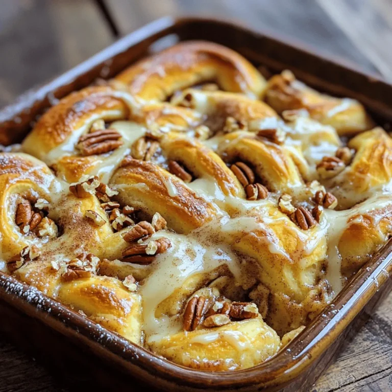 To create a delicious cinnamon roll casserole, you need a few main ingredients. Here’s what you will need: - 2 cans (12.4 oz each) refrigerated cinnamon rolls - 6 large eggs - 1 cup whole milk - 1/2 cup heavy cream - 1/2 teaspoon pure vanilla extract - 1 teaspoon ground cinnamon - 1/2 cup pure maple syrup These ingredients work together to create a soft, sweet, and gooey dish that everyone will love. The cinnamon rolls provide a fluffy base, while the eggs and cream create a custard-like texture. You can enhance your casserole with some tasty toppings and mix-ins. Here are a few ideas: - Chopped pecans or walnuts (for crunch) - Fresh fruit like strawberries or bananas (for color) - A sprinkle of additional cinnamon (for extra flavor) - Chocolate chips (for a sweet twist) Feel free to mix and match these toppings based on your taste. Adding nuts or fruit can give your casserole a fun texture and flavor boost. If you have dietary needs, you can make some easy swaps. Here are some suggestions: - For dairy-free: Use almond milk or coconut cream instead of whole milk and heavy cream. - For egg-free: Replace eggs with a mixture of 1/4 cup applesauce and 1/4 teaspoon baking powder per egg. - For gluten-free: Use gluten-free cinnamon rolls available at many stores. These substitutions help you enjoy the casserole while meeting your dietary needs. Just keep in mind that texture and taste may vary slightly. For the full recipe, check out the details above. First, preheat your oven to 375°F (190°C). This step is key for even baking. Next, grease a 9x13-inch baking dish with non-stick spray or butter. Make sure to coat it well to keep the casserole from sticking. Now, open the cans of refrigerated cinnamon rolls. Carefully cut each roll into quarters. This makes bite-sized pieces that soak up the custard well. Spread these pieces evenly in the greased baking dish. In a large mixing bowl, whisk together six large eggs. Add one cup of whole milk and half a cup of heavy cream. Then, mix in half a teaspoon of pure vanilla extract and one teaspoon of ground cinnamon. Finally, pour in half a cup of pure maple syrup. Whisk the mixture until it is smooth. This rich custard base will give your casserole a soft and creamy texture. Pour the custard mixture over the cinnamon roll pieces in the baking dish. Make sure to soak them well. If you like, sprinkle chopped pecans or walnuts on top. This adds a nice crunch and flavor. Place the baking dish in the oven and bake for about 25 to 30 minutes. You want it to puff up and turn golden brown on top. To check if it’s done, insert a toothpick in the center. If it comes out clean, your casserole is ready. Once baked, take it out of the oven and let it cool for about five minutes. While it cools, mix a bit of powdered sugar with water or milk for drizzling. Adjust the liquid to get a smooth, drizzle-able icing. Pour this icing over the warm casserole for a delightful touch. Enjoy your flavorful breakfast delight! For the full recipe, see above. To make sure your cinnamon roll casserole cooks evenly, spread the roll pieces out well in the dish. Cut each roll into quarters so they soak up the custard. Stir the egg mixture well before pouring it over the rolls. This helps every piece absorb the rich flavor. Bake it at 375°F for about 25-30 minutes. Keep an eye on it; if the top is golden, it’s likely done. For a creamy custard, mix the eggs, milk, and cream thoroughly. Use a whisk to blend until smooth. Adding vanilla extract and ground cinnamon gives it a warm flavor. The right mix should not be too thick or too runny. If it’s too thick, it won’t soak into the rolls. If it’s too runny, it won’t set right. Aim for a consistency that coats the back of a spoon. Serve your cinnamon roll casserole warm for the best taste. Drizzle the powdered sugar icing right before serving. This adds a sweet touch. For extra flair, sprinkle some ground cinnamon on top. You can also add fresh fruit like strawberries or bananas for color and freshness. Nuts, like pecans or walnuts, give a nice crunch. This makes every bite a delightful experience. Check out the Full Recipe for more ideas! {{image_4}} Want to add extra sweetness? Try a chocolate chip twist. You can add semi-sweet chocolate chips to the cinnamon roll pieces. Mix in about one cup of chocolate chips before pouring the custard over. The melted chocolate will create a gooey, rich flavor that pairs perfectly with cinnamon. This variation is sure to please kids and adults alike! For a fall-inspired treat, make a pumpkin spice version. Swap out the ground cinnamon for pumpkin pie spice. You can also add half a cup of canned pumpkin to the custard. This adds a nice orange color and boosts the flavor. Top with whipped cream or a sprinkle of cinnamon for a festive touch. If you need to avoid nuts or dairy, there are great substitutions. For a nut-free version, simply skip the nuts altogether or use sunflower seeds for crunch. For a dairy-free option, replace whole milk and heavy cream with almond milk or oat milk. You can also use dairy-free cream cheese for the drizzle. This way, everyone can enjoy this tasty treat! To keep your cinnamon roll casserole fresh, let it cool completely. Once cooled, cover it tightly with plastic wrap or aluminum foil. You can also transfer it to an airtight container. Store it in the fridge for up to three days. If you have extra, consider sharing it with friends or family. When you want to enjoy your leftovers, preheat your oven to 350°F (175°C). Place the casserole in a baking dish and cover it with foil. Heat for about 15-20 minutes or until warm. You can also use the microwave, but I prefer the oven for better taste. Just heat individual portions for about 1-2 minutes. You can freeze the casserole if you want to save it for later. Cut the casserole into portions and wrap each piece in plastic wrap, then place them in a freezer-safe bag. Make sure to remove as much air as possible. It can last in the freezer for up to two months. When you're ready to eat, take it out and thaw it in the fridge overnight. Then, reheat it as described above. Enjoy your delicious cinnamon roll casserole anytime! Yes, you can prepare this casserole in advance. Assemble the dish and store it in the fridge overnight. This way, the flavors blend nicely. In the morning, just pop it in the oven. You’ll save time and still enjoy a warm breakfast. If you don’t have heavy cream, you can use whole milk instead. For a richer taste, mix half milk and half sour cream. This will keep the dish creamy without losing flavor. Check the casserole after about 25 minutes of baking. It should puff up and turn golden brown. Insert a toothpick into the center. If it comes out clean, your casserole is ready. If not, bake for a few more minutes. We explored how to make a tasty cinnamon roll casserole. You learned about key ingredients, optional toppings, and healthy substitutions. I guided you through easy steps to prepare, mix, and bake the dish. We covered tips for even cooking, the perfect custard, and serving ideas. You also discovered fun variations and how to store or reheat leftovers. Now, go ahead and create this delicious casserole! Enjoy sharing it with friends and family.