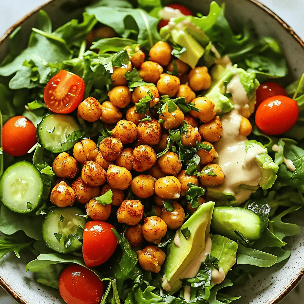 - Canned chickpeas: 1 can (15 ounces), drained and rinsed - Olive oil: 2 tablespoons - Spices: 1 teaspoon smoked paprika, 1 teaspoon garlic powder, salt, and pepper - Fresh vegetables: - 4 cups mixed salad greens (like arugula, spinach, and romaine) - 1 cup cherry tomatoes, halved - 1 cucumber, diced - 1 small red onion, thinly sliced - 1 ripe avocado, diced - Dressing components: - Juice of 1 medium lemon - 2 tablespoons tahini - 1 tablespoon honey or maple syrup (optional) This salad is simple and healthy. Each ingredient plays a key role. The chickpeas add protein and crunch. The olive oil gives richness. The spices bring warmth and flavor. Fresh veggies add color and nutrients. The lemon juice brightens the salad. Tahini adds creaminess, while honey or maple syrup gives a touch of sweetness. You can find the full recipe in detail to guide you. Enjoy crafting this crispy chickpea salad! 1. Preheat your oven to 400°F (200°C). This heat helps make the chickpeas crispy. 2. In a bowl, mix the drained chickpeas with olive oil and spices. Use smoked paprika, garlic powder, salt, and pepper. 3. Toss the chickpeas well. Make sure every chickpea gets some seasoning. 4. Spread the chickpeas on a baking sheet in a single layer. This step helps them roast evenly. 5. Roast the chickpeas for 25-30 minutes. Shake the pan halfway through cooking. This keeps them from sticking and helps them crisp up nicely. 1. In a large bowl, combine the salad greens with fresh vegetables. Use cherry tomatoes, cucumber, red onion, and diced avocado. 2. In a small bowl, whisk together lemon juice, tahini, and honey if you like it sweet. Add salt and pepper to taste. 3. Pour the dressing over the salad ingredients. Toss gently to coat everything well. 1. Once the chickpeas are done, let them cool slightly. Then, add them to the salad. 2. Toss the salad again to mix the warm chickpeas with the fresh veggies. 3. For a great look, serve the salad in a large, shallow bowl. 4. Scatter some extra crispy chickpeas on top. Add lemon wedges for a bright touch. For more details, check out the Full Recipe. To get those chickpeas extra crispy, you must spread them in a single layer on the baking sheet. This allows the heat to reach all sides, making them crisp up nicely. If they are too crowded, they will steam instead of roast. Also, don't forget to shake the pan halfway through roasting. This simple action helps the chickpeas brown evenly and adds to their crunch. If you want to switch things up, there are great substitutes for tahini. You can use nut butters like almond or cashew. Greek yogurt is also a tasty alternative. If you want a different homemade dressing, try mixing olive oil with balsamic vinegar or lemon juice. Both options can add a fresh twist to your salad. Chickpeas are packed with protein and fiber. They help keep you full and support digestion. The greens in your salad, like spinach and arugula, are full of vitamins and minerals. They provide essential nutrients for your body. Don't forget about the healthy fats from avocado and olive oil. These fats are good for your heart and can help you absorb more nutrients. Enjoying this salad means you get a tasty meal and many health benefits. {{image_4}} You can change this salad to fit your taste. Try adding different vegetables like bell peppers, carrots, or radishes. These add color and crunch. You can also include proteins such as grilled chicken or chickpea patties for extra nutrition. If you're gluten-free, you can skip the tahini and use sunflower seed butter instead. For a vegan option, replace honey with maple syrup. This keeps the salad sweet without using animal products. Want to spice it up? You can add chili powder or cayenne pepper to the chickpeas for some heat. For a unique twist, try adding cumin or coriander. These spices give your salad a warm flavor. When it comes to dressings, you don’t have to stick to tahini. You can use yogurt, vinaigrette, or even a spicy peanut dressing. Each option changes the taste and feel of your salad. Seasonal produce can make your salad shine. In summer, add juicy peaches or strawberries for sweetness. In fall, try roasted butternut squash or apples for a hearty touch. Adapting your salad based on what's fresh keeps it exciting. You’ll enjoy new tastes and textures throughout the year. Use the [Full Recipe] to start your crispy chickpea salad adventure today! To keep your crispy chickpea salad fresh, store each component separately. This helps maintain the salad's crunch. Use airtight containers for the salad greens, chickpeas, and dressing. Keep the chickpeas in a container lined with paper towels to absorb moisture. This will help them stay crispy longer. Roasted chickpeas can be stored in the fridge for a few days. If you want to reheat them, use the oven or an air fryer. This will help revive their crispiness. Eating the salad cold is also great! It offers a refreshing taste. But keep in mind that the chickpeas may lose some crunch after a day. You can store the salad in the fridge for about 3 days. After that, check for any signs of spoilage. Look for wilted greens or off smells. If the chickpeas feel soft or mushy, it’s time to toss them. Always trust your senses when deciding if food is safe to eat. For the full recipe, check out the Crispy Chickpea Salad details to enjoy this delightful dish! Yes, you can prepare this salad ahead of time. To keep it fresh, store the crispy chickpeas separately. Mix the salad greens and fresh veggies in a large bowl. Add the dressing just before serving. This way, the salad stays crisp, and the chickpeas stay crunchy. You can add many proteins to this salad. Grilled chicken or roasted tofu work well. Shrimp or hard-boiled eggs are also great options. Each adds flavor and makes the dish more filling. This salad is versatile, so feel free to try your favorites. Yes, this salad is perfect for meal prep. Prepare the ingredients in advance and store them in containers. Keep the dressing on the side until you're ready to eat. This way, you can enjoy a fresh and tasty meal throughout the week. To make this salad gluten-free, replace tahini with sunflower seed butter or a homemade dressing. Check labels on other ingredients to ensure they are gluten-free. Using fresh vegetables and chickpeas will keep your salad delicious and safe for gluten-sensitive diets. Crispy chickpea salad is easy to make and full of flavor. We covered main ingredients, step-by-step instructions, and tasty tips. Remember to roast chickpeas for the best crunch. You can switch up veggies and dressings to keep things exciting. This salad is not just healthy; it’s also quick to prepare. Storing leftovers? Keep them fresh and delicious. Overall, this dish fits perfect for meal prep or a quick lunch. Enjoy experimenting with this recipe to make it your own!