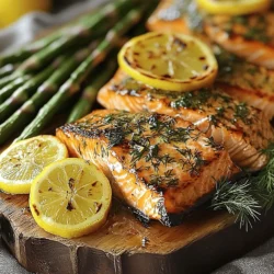 - Salmon fillets (4 pieces) - Fresh herbs (parsley, dill, thyme) - Lemon (juiced and sliced) - Olive oil and garlic - Additional spices - Marinade variations - Calories per serving: About 350 - Protein content: Approximately 30 grams - Overview of vitamins and minerals: Rich in Omega-3s, vitamin D, and B vitamins This Lemon Herb Grilled Salmon recipe is not just easy; it's full of flavor and healthy. You can use fresh herbs like parsley, dill, and thyme to make it shine. Lemons add a bright taste that makes the salmon pop. The olive oil keeps the fish moist and delicious. If you want to add a twist, try some spices like paprika or cumin. You can even switch up the herbs based on what you have. This way, you can make it your own. For nutrition, this dish packs a punch. Each serving has about 350 calories. You get around 30 grams of protein, which is great for muscle health. Plus, salmon is full of Omega-3 fatty acids, good for your heart. It also brings vitamins like D and B, which are key for energy and bone health. You can find the full recipe [here]. To start, let's mix the marinade. Grab a small mixing bowl. Add 2 tablespoons of extra virgin olive oil. Then, juice one lemon and add the juice to the bowl. Don't forget the zest! Next, add 3 cloves of finely minced garlic. Toss in 2 tablespoons of chopped parsley, 1 tablespoon of fresh dill, and 1 tablespoon of fresh thyme leaves. Finally, season with salt and pepper to taste. Whisk everything together until it looks bright and mixed. Marinating is key! It allows flavors to soak into the fish. This step makes your salmon juicy and flavorful. Aim to marinate for at least 30 minutes. If you have more time, let it sit for up to 2 hours. Now, let’s marinate the salmon. Place 4 salmon fillets in a shallow dish or a resealable bag. Pour the marinade over the fillets. Make sure every piece is coated well. Cover the dish or seal the bag tightly. This helps the marinade work its magic. For the best flavor, aim for that 30-minute mark. But if you can wait, longer is better. Just remember, don’t marinate too long. The acid from the lemon can change the texture of the fish. While the salmon is marinating, preheat your grill. Set it to medium-high heat, about 375°F to 400°F. This is the sweet spot for grilling salmon. Once the salmon has marinated, remove the fillets. Let any extra marinade drip off. Discard the leftover marinade responsibly. Place the salmon skin-side down on the grill. Grill for about 6-7 minutes. Avoid moving it around; let it cook. After that time, flip the fillets carefully with a spatula. Grill for another 4-5 minutes. You’ll know it’s done when it flakes easily with a fork. For a fun twist, grill some lemon slices too! Place them on the grill during the last minute. They should get nice char marks in just 1-2 minutes. This is how you create a delicious Lemon Herb Grilled Salmon. Get ready for a tasty meal! For more details, check out the Full Recipe. To check if your salmon is done, look for a few signs. The flesh should change from translucent to opaque. Also, it should flake easily with a fork. A digital meat thermometer is your best friend here. Aim for an internal temperature of 145°F. Avoid common mistakes to ensure great results. First, don't move the salmon too much on the grill. Let it sear for about 6-7 minutes before flipping. Second, be careful with the heat. Too hot, and the outside may burn before the inside cooks. Adjusting seasoning can make a big difference. If you like it spicy, add a pinch of red pepper flakes to the marinade. For a sweeter taste, try a bit of honey. Taste your marinade before you add it to the fish. This way, you can tweak it to your liking. To add zest, use fresh herbs. Chopped chives or basil can bring a nice twist. You can also sprinkle some lemon juice right before serving. It brightens the dish and enhances the lemon flavor. For plating, arrange the salmon on a colorful platter. Place each fillet on a bed of greens for contrast. Top with grilled lemon slices to add a pop of color. Fresh herbs can also add visual appeal. Serve the salmon with sides that complement its flavors. Steamed asparagus or a fresh salad works well. A light quinoa dish also pairs nicely. This adds texture and keeps the meal balanced. {{image_4}} You can easily change the flavor of Lemon Herb Grilled Salmon. Try adding fresh herbs like basil or cilantro for a different taste. You can also use spices like paprika or cumin if you like some heat. For a more citrusy kick, mix in orange or lime juice with your marinade. Each option adds a unique twist, keeping your meals fun and exciting. If you don’t have a grill, you can still enjoy this dish. Oven-baking is a great choice. Preheat your oven to 400°F. Place the marinated salmon on a baking sheet and cook for about 12-15 minutes. You can also broil the salmon. Set your broiler to high and cook for 6-8 minutes, watching closely to avoid burning. Both methods yield tasty results without losing flavor. Pair your Lemon Herb Grilled Salmon with tasty sides. Steamed asparagus brings a nice crunch and color. A fresh mixed greens salad adds a crisp texture. You can also serve it with quinoa or rice for a hearty meal. Roasted vegetables like zucchini or bell peppers complement the salmon’s flavors well. These sides create a balanced plate that everyone will enjoy. To keep your leftover Lemon Herb Grilled Salmon fresh, place it in an airtight container. Store it in the fridge. It is best to eat it within three days for the best flavor and safety. If you want to enjoy it later, follow these steps: - Cool the salmon: Let it cool to room temperature before storing. - Seal it well: Use a tight-fitting lid to prevent air from getting in. Keeping it in the fridge helps maintain its taste and texture. If you want to freeze your cooked salmon, you can do that too. Wrap each fillet tightly in plastic wrap. Then, place it in a freezer-safe bag. This method helps prevent freezer burn. Cooked salmon can last about two to three months in the freezer. When it’s time to eat, thaw the salmon in the fridge overnight for the best results. Avoid using hot water, as it can lead to uneven thawing. After thawing, you can reheat it gently in the oven or on the stovetop. For more detailed instructions, you can check the full recipe. If you can't find salmon, try these fish options: - Trout - Mahi-mahi - Tilapia - Cod These fish work well with the same marinade. They each have a mild flavor that matches nicely with lemon and herbs. To check if salmon is done, look for these signs: - The flesh changes from bright pink to a lighter color. - It flakes easily when you poke it with a fork. - The internal temperature reaches 145°F. These signs show that your salmon has cooked through perfectly. Yes, you can grill salmon without skin. Here are some tips: - Use a non-stick grill spray for easy cooking. - Place the fillets on a piece of foil to prevent sticking. - Flip the salmon gently using a spatula. These steps will help you grill skinless salmon with ease. Pair your salmon with these tasty side dishes: - Steamed asparagus - Mixed greens salad - Quinoa or rice - Roasted vegetables These sides complement the fresh flavors of the salmon. Absolutely! You can prepare the marinade in advance. Here are some tips: - Mix all the marinade ingredients a day before. - Store it in an airtight container in the fridge. - Marinate the salmon just before grilling. This saves time and keeps your meal fresh. You can find the full recipe for Lemon Herb Grilled Salmon in the [Full Recipe]. This detailed guide will help you create this delicious dish step-by-step. This article covered everything you need for Lemon Herb Grilled Salmon. I shared required and optional ingredients, plus nutrition facts. I gave you step-by-step instructions for marinating and grilling. I included tips for perfect grilling and ways to mix up the flavors. You also learned how to store leftover salmon and answers to common questions. Now, you can enjoy this tasty dish confidently. Get grilling and savor the fresh flavors!