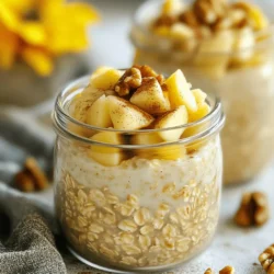 To make Apple Cinnamon Overnight Oats, you need some simple ingredients. Here’s a list to help you gather everything: - 1 cup rolled oats - 2 cups almond milk (or your choice of milk) - 1 medium sweet apple, diced - 1/2 teaspoon ground cinnamon - 1 tablespoon maple syrup or honey - 1/4 teaspoon vanilla extract - 2 tablespoons chia seeds (optional) - 1/4 cup walnuts or pecans, chopped (optional) - Pinch of salt These ingredients blend together to create a tasty and healthy meal. The oats provide fiber, while the apple adds sweetness. Cinnamon gives warmth and flavor. This mix is not just good for you; it also tastes great! You can use the Full Recipe to see how everything comes together. First, gather your tools and ingredients. You will need a large mixing bowl, a whisk or spoon, and some jars. - 1 cup rolled oats - 2 cups almond milk (or your choice of milk) - 1 medium sweet apple, diced - 1/2 teaspoon ground cinnamon - 1 tablespoon maple syrup or honey - 1/4 teaspoon vanilla extract - 2 tablespoons chia seeds (optional) - Pinch of salt Next, combine the rolled oats and almond milk in the bowl. Stir well until they blend nicely. Then, add chia seeds if you want them. Mix in the cinnamon, maple syrup, vanilla, and a pinch of salt. Stir until everything is well combined. Now, fold in the diced apple pieces. Make sure they are spread evenly without mashing them. Once your mixture is ready, divide it into jars. Use two jars or containers with tight lids. If you like nuts, sprinkle chopped walnuts or pecans on top. This adds a nice crunch and flavor. Seal the jars tightly and place them in the fridge. Let them chill overnight or for at least 4–6 hours. This allows the oats to soak up the milk and flavors. When you are ready to eat, take the jars out of the fridge. Give the oats a good stir before serving. If they seem too thick, add a splash of milk until you get your desired texture. For a fun finish, add extra apple slices or other toppings before you dig in. Enjoy your tasty Apple Cinnamon Overnight Oats! - Choosing the right type of apple: I love using Fuji or Honeycrisp apples. They are sweet and crisp, which adds great flavor and texture. You can also try Granny Smith for a tart kick. - Adjusting sweetness to taste: If you like your oats sweeter, add more maple syrup or honey. Taste a bit after mixing and adjust as needed. Remember, you can always add more, but you can't take it out! - Storage tips for freshness: Store your oats in sealed jars in the fridge. They stay fresh for up to three days. This makes breakfast so easy and quick! - Suggestions for additional spices: Try adding a pinch of nutmeg or allspice for more warmth. A dash of ginger can also give a nice zing. - Ideas for natural sweeteners: Besides maple syrup and honey, you can use agave nectar or mashed banana. Each adds a unique flavor twist. - Tips for making it even creamier: Mix in a dollop of yogurt or a splash of cream before serving. This will make your oats silky smooth and rich. {{image_4}} You can make your apple cinnamon overnight oats even more exciting. Here are some fun ideas: - Other fruits to try: Bananas and berries work great. They add sweetness and color. - Nut butters for added creaminess: Try almond or peanut butter. It makes the oats richer and more filling. - Incorporating yogurt for extra protein: A scoop of Greek yogurt boosts protein. It makes your breakfast heartier. These additions let you explore different flavors every time you make this dish. You can easily adjust this recipe to fit your needs. Here are some options: - Gluten-free options: Use gluten-free oats. They taste just as good! - Vegan alternatives: Swap out honey for maple syrup. Use your favorite plant-based milk for a vegan twist. - Low-sugar versions: Reduce the maple syrup or honey. You can also try using stevia or monk fruit sweetener. These simple changes help everyone enjoy apple cinnamon overnight oats, no matter their diet. How long will the overnight oats stay fresh? Apple cinnamon overnight oats stay fresh for about 4 to 5 days in the fridge. Best practices for storing individual servings: Store your oats in airtight containers or jars. This keeps them fresh and prevents odors. Reheating tips if desired: If you like warm oats, you can heat them in the microwave. Just stir and warm for 30 seconds. If they are too thick, add a little milk to loosen them up. Can you freeze overnight oats? Yes, you can freeze overnight oats for up to 3 months. This is a great way to meal prep. How to properly freeze and thaw: To freeze, place the oats in freezer-safe containers. When you want to eat them, move them to the fridge to thaw overnight. You can also warm them directly from the freezer, but add extra liquid to avoid dryness. For the full recipe, check out the Apple Pie Overnight Oats 🥧. I recommend using rolled oats for this recipe. They cook evenly and absorb liquid well. Instant oats can become mushy, while steel-cut oats need more time to soften. Rolled oats give you the perfect texture, making your apple cinnamon overnight oats creamy and delightful. Yes, you can use any milk you prefer. Almond, soy, or oat milk all work well. Each type adds its own flavor and creaminess. If you want a richer taste, try whole milk or coconut milk. Adjust the amount based on your taste and dietary needs. To make more servings, simply multiply the ingredients. If you want four servings, use double the ingredients. This way, you keep the same flavor balance. You can also prepare them in larger jars for easy storage. Just remember to refrigerate them all! Apple cinnamon overnight oats are not only tasty but also healthy. They are high in fiber, which helps with digestion. The oats provide lasting energy. Apples add vitamins and antioxidants. Cinnamon can help regulate blood sugar. All these benefits make this dish a great start to your day. In this blog post, I shared a simple recipe for apple cinnamon overnight oats. You learned about the key ingredients, how to prepare and store them, and variations to suit your taste. Eating healthy can be easy and fun. With just a few ingredients and a little time, you can enjoy a tasty breakfast. Now, it's your turn to try this recipe and make it your own. Enjoy your delicious and healthy oats!