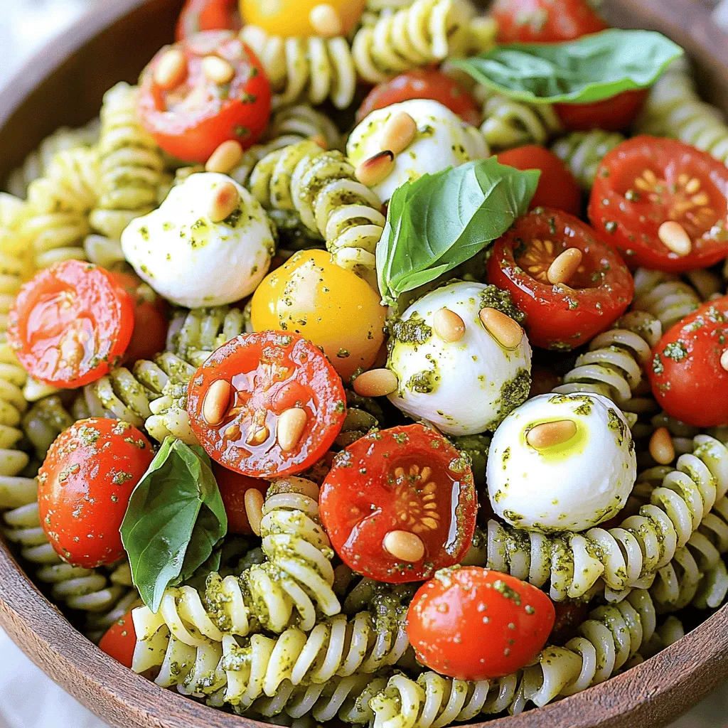 When making Pesto Caprese Pasta Salad, you need fresh and simple ingredients. Here’s what you will need: - 2 cups rotini pasta - 1 cup cherry tomatoes, halved - 1 cup fresh mozzarella balls, halved - 1 cup fresh basil leaves, torn - ½ cup basil pesto (homemade or store-bought) - 2 tablespoons extra virgin olive oil - Salt and freshly ground black pepper to taste - ¼ cup pine nuts, toasted (optional for added texture) - Balsamic glaze for drizzling (optional for garnish) Each ingredient plays a key role. The rotini pasta holds the pesto well, making every bite flavorful. Cherry tomatoes add a juicy burst, while fresh mozzarella brings creaminess. The torn basil leaves add a fragrant touch that brightens the dish. Using basil pesto gives the salad its signature taste. Extra virgin olive oil adds richness, while salt and pepper enhance all the flavors. Toasted pine nuts add a delightful crunch if you choose to include them. Drizzling balsamic glaze adds a sweet note to finish. This recipe is versatile, and you can easily adjust it to fit your taste. For the full recipe, check out the detailed instructions provided. To start, boil a large pot of salted water. Once it bubbles, add the rotini pasta. Cook it according to the package for about 8-10 minutes. You want it al dente. After cooking, drain the pasta and rinse it under cold water. This stops the cooking and keeps it firm. While the pasta cooks, grab your cherry tomatoes and fresh mozzarella. Halve the tomatoes and mozzarella balls. This makes them bite-sized and easy to mix. Next, take fresh basil leaves and gently tear them into smaller pieces. This helps release their lovely aroma. In a big bowl, mix the cooled rotini pasta with the halved cherry tomatoes, halved mozzarella balls, and torn basil leaves. Use a spatula to fold everything together. Be gentle, so you don’t break the mozzarella. For a crunchy twist, toast some pine nuts. Heat a dry skillet over medium heat. Stir the pine nuts for about 3-4 minutes until they turn golden brown. Let them cool before adding to the salad. This little step adds a nice texture. Cover the pasta salad with plastic wrap and place it in the fridge. Let it chill for at least 30 minutes. Chilling gives the flavors time to blend and creates a refreshing taste. When you're ready to serve, scoop the pasta salad into bowls or onto a platter. Finish it off with a drizzle of balsamic glaze. This adds a sweet touch and makes the dish look beautiful. Enjoy your Pesto Caprese Pasta Salad! For the complete recipe, check out the Full Recipe. To get al dente pasta, cook it in boiling salted water. The pasta should be firm but not hard. Follow the package instructions for the best timing. Usually, this takes about 8 to 10 minutes. As soon as it's done, drain the pasta. Rinsing it under cold water halts the cooking. This step keeps the pasta from getting mushy. Fresh basil and mozzarella make a big difference. They bring bright flavors to your dish. When you pick basil, choose vibrant, green leaves. They should smell strong and fresh. For mozzarella, look for soft balls that feel creamy. The right pesto matters, too. Homemade pesto is best, but store-bought works well if it's high quality. Check for fresh ingredients in the list. To boost flavor, consider adding other herbs. Oregano or parsley can add a nice touch. You might also try adding some diced bell peppers for crunch. If you want to switch it up, alternative dressings can work. A light vinaigrette or a creamy dressing can change the taste. Just remember to keep it fresh and simple! For the full recipe, check the link. {{image_4}} For those with dietary needs, here are some great options: - Gluten-free pasta options: Use brown rice or quinoa pasta for a gluten-free dish. These options maintain a nice texture and flavor. - Vegan alternatives: Swap fresh mozzarella for vegan cheese. Nutritional yeast can add a cheesy flavor without dairy. You can change up your salad with seasonal ingredients: - Vegetables to consider based on seasons: In summer, add cucumbers for crunch. Autumn brings roasted butternut squash for warmth. Spring can include peas for sweetness. - Protein additions: Grilled chicken or shrimp can make this salad heartier. Just cook the protein and toss it in with the other ingredients. To spice up your salad, consider these tweaks: - Spicy variations with ingredients like jalapeños: Add sliced jalapeños for a kick. This heats up the dish and adds a nice contrast to the creamy cheese. - Using different types of cheese: Try feta or goat cheese if you want to switch it up. These cheeses can add a tangy flavor that complements the pesto. Feel free to get creative with your Pesto Caprese Pasta Salad. With these variations, you can enjoy a new twist every time! To keep your Pesto Caprese Pasta Salad fresh, store it in the fridge. Use an airtight container to reduce air exposure. This will help keep the flavors intact. If you have a large batch, divide it into smaller portions. This makes it easy to grab a serving later. Always let the salad cool before sealing. This helps prevent condensation, which can make it soggy. You can enjoy this pasta salad cold or at room temperature. Reheating is not necessary. If you prefer it warm, use a microwave. Heat it for short bursts. Stir in between to warm it evenly. Avoid overheating, as this can make the pasta mushy. If you want to revive the flavors, add a little extra pesto or olive oil. Your salad stays fresh for about three days in the fridge. Look for signs of spoilage like a sour smell or slimy texture. If the tomatoes become mushy or the basil wilts, it’s time to toss it out. Keeping an eye on your leftovers helps ensure you enjoy the best flavors. For the full recipe, refer back to the earlier sections. Yes, you can make this salad ahead of time. It tastes even better after chilling. I suggest preparing it a few hours before serving. This gives the flavors time to mix. Store it in the fridge in an airtight container. If you need a substitute for pesto, you have options. You can use store-bought sauces like sun-dried tomato or olive tapenade. A simple dressing of olive oil, lemon juice, and garlic also works well. Feel free to get creative with different flavors. This salad is great for meal prep. It keeps well in the fridge for up to three days. Pack it in individual containers for easy grab-and-go meals. Just make sure to keep the balsamic glaze separate until you’re ready to eat. You can definitely add cooked chicken to your salad. It adds protein and makes the dish heartier. Use grilled or rotisserie chicken for best results. Just chop it into bite-sized pieces and mix it in with the other ingredients. For a full recipe, please refer to the [Full Recipe]. You now have a simple and tasty recipe for Pesto Caprese Pasta Salad. We covered the key ingredients, like rotini pasta, cherry tomatoes, and fresh mozzarella. You learned how to prepare each component while ensuring great flavor. We explored different ways to customize the salad based on your diet and preferences. Making this dish ahead is easy, and it stores well. Enjoying fresh, quality ingredients makes all the difference. Try it out and impress your friends!