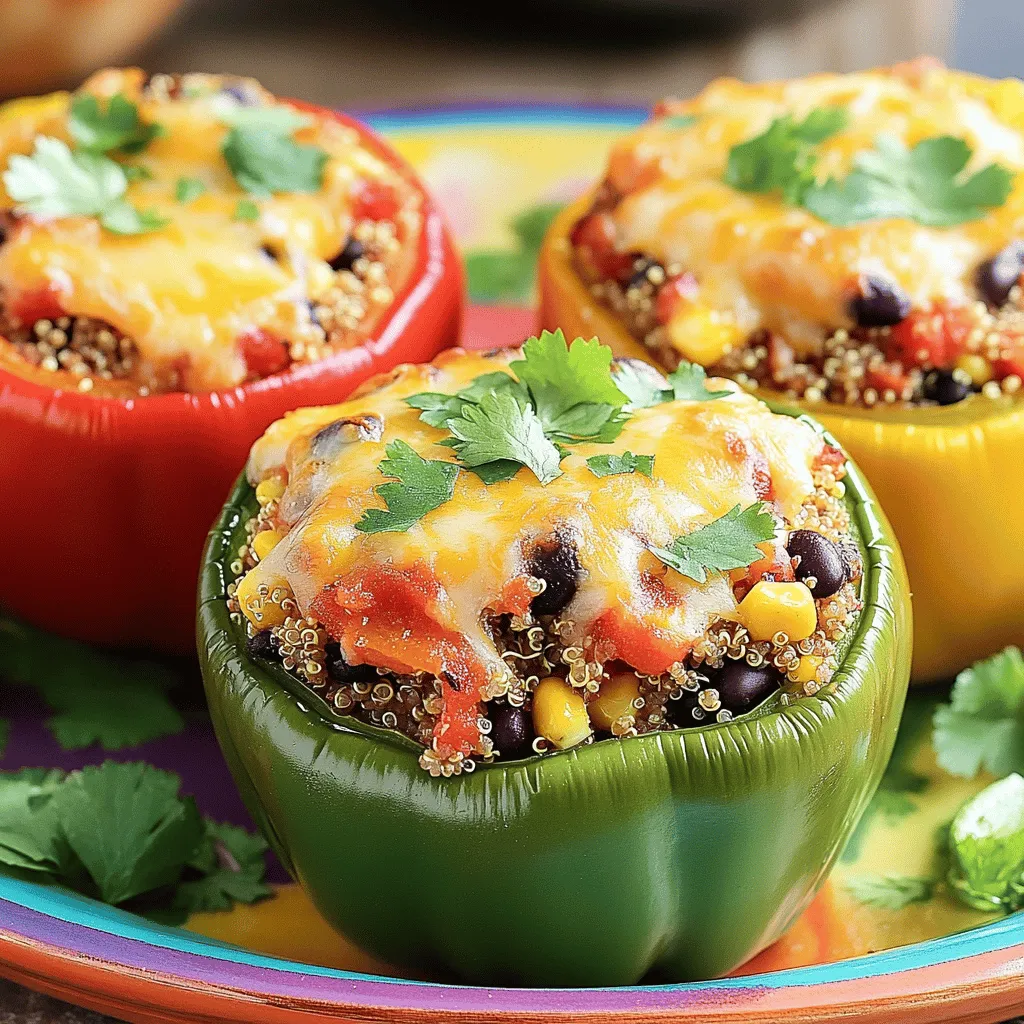 To make these tasty stuffed bell peppers, gather these ingredients: - 4 large bell peppers (red, yellow, green, or orange) - 1 cup quinoa, rinsed - 2 cups vegetable broth (or water) - 1 can (15 oz) black beans, rinsed and drained - 1 cup corn kernels (fresh or thawed if frozen) - 1 small red onion, diced - 2 cloves garlic, minced - 1 teaspoon ground cumin - 1 teaspoon smoked paprika - ½ teaspoon chili powder - Salt and pepper, to taste - 1 cup diced tomatoes (fresh or drained canned) - 1 cup shredded cheese (cheddar, Monterey Jack, or a mix) - Fresh cilantro or parsley, chopped, for garnish You can customize your stuffed peppers with some fun add-ins: - Swap quinoa for brown rice or couscous. - Add ground turkey or beef for protein. - Use different beans like kidney or pinto beans. - Toss in chopped spinach or zucchini for extra veggies. - Try different cheeses like feta or goat cheese. These stuffed bell peppers offer a healthy meal packed with nutrients. Each serving includes: - Protein from quinoa and beans - Fiber from vegetables and grains - Vitamins A and C from bell peppers and tomatoes - Healthy fats from olive oil and cheese (if used) This dish is not just colorful; it's good for you, too! For the full recipe, check out the [Full Recipe]. Start by preheating your oven to 375°F (190°C). This step warms the oven for baking later. Next, take your bell peppers and slice off the tops. Be careful not to cut too deep. Remove the seeds and membranes inside. You can save the tops for later use or garnish. Set the cleaned peppers aside on a baking dish. In a medium pot, combine 1 cup of rinsed quinoa with 2 cups of vegetable broth. Bring this mix to a boil. Once boiling, turn down the heat to low. Cover the pot and let it simmer for about 15 minutes. This time allows the quinoa to soak up the broth. When it’s done, remove it from heat and fluff with a fork. Perfectly cooked quinoa adds great texture to your dish. In a large skillet, heat a tablespoon of olive oil over medium heat. Add in 1 small diced red onion. Sauté for 3-4 minutes until it turns soft and clear. Then, add 2 minced garlic cloves, 1 teaspoon of ground cumin, 1 teaspoon of smoked paprika, and ½ teaspoon of chili powder. Stir this mix for about a minute until the garlic smells nice. Next, add the cooked quinoa, 1 can of black beans, 1 cup of corn, and 1 cup of diced tomatoes to the skillet. Stir well and cook for about 5 more minutes until everything is heated through. Finally, mix in half of the shredded cheese until it melts. Now, it’s time to fill the bell peppers! Take the quinoa mix and fill each pepper generously. Press down lightly to pack it in. Place the stuffed peppers upright in your baking dish. Top each one with the remaining cheese. Cover the dish with foil and bake for 25 minutes. After that, take off the foil and bake for another 10-15 minutes. You want the peppers to be soft and the cheese bubbly. Once baked, let them cool for a few minutes. Garnish with fresh cilantro or parsley for a vibrant finish. For the full recipe, check out the vibrant quinoa-stuffed bell peppers! To enhance the flavor of your stuffed bell peppers, focus on seasoning. Use fresh herbs like cilantro or parsley for brightness. Try adding lime juice for a zesty kick. If you like heat, toss in some diced jalapeños or a dash of hot sauce. Mixing different cheeses can also add depth. Experiment until you find your perfect blend. The goal is to balance the flavors of the quinoa, beans, and spices. Cooking times may differ based on your oven and the size of the peppers. Always check for doneness by poking the peppers with a fork. They should be tender but still hold their shape. If you prefer softer peppers, you can bake them longer. Just be careful not to overcook, or they may lose their structure. Keep an eye on the cheese; it should be bubbly and golden. Select firm and vibrant bell peppers for stuffing. Each color has a unique taste; red is sweet, green is slightly bitter, and yellow or orange are mild. Look for peppers with smooth skin and no blemishes. If you want a fun twist, try using mini bell peppers for smaller servings. They can be great for parties or snacks. The right pepper enhances your dish and makes it visually appealing. For the full recipe, refer to the vibrant quinoa-stuffed bell peppers section. {{image_4}} You can easily make stuffed bell peppers vegetarian or vegan. For a vegetarian option, use cheese in the filling. Just choose a cheese like mozzarella or cheddar. To make it vegan, skip the cheese. You can substitute it with nutritional yeast for a cheesy flavor. For creaminess, add some mashed avocado on top before serving. Both options taste amazing! Want to pack in more protein? Add cooked lentils or chickpeas to the quinoa mixture. Ground turkey or beef works great too if you prefer meat. For a fun twist, try adding cooked sausage or shrimp. These additions enhance the flavor and make your meal heartier. Quinoa is naturally gluten-free, so your dish is safe for gluten-free eaters! If you want extra crunch, toss in some nuts like walnuts or almonds. You can also use gluten-free breadcrumbs mixed with the filling. This gives your stuffed peppers a nice texture. Enjoy exploring these variations! For the full recipe, check the earlier section. You can keep your stuffed bell peppers in the fridge. Place them in an airtight container. They stay fresh for about 3 to 5 days. Before serving, check for any signs of spoilage. Always trust your senses! Freezing stuffed peppers is a great way to save them for later. Allow the peppers to cool completely first. Wrap each pepper tightly in plastic wrap. Then, place them in a freezer-safe bag. They can last up to 3 months in the freezer. When you're ready to eat, just thaw them overnight in the fridge. To reheat your stuffed peppers, you can use the oven or microwave. For the oven, preheat it to 350°F (175°C). Place the peppers in a baking dish and cover with foil. Heat for about 20-25 minutes. If using the microwave, place a pepper on a microwave-safe plate. Heat for 2-3 minutes or until hot. Enjoy your meal! For more details, refer to the Full Recipe. Yes, you can use brown rice instead of quinoa. Brown rice adds a nice chewiness. However, it takes longer to cook. You should adjust the cooking time to about 40-45 minutes. Make sure to use twice the water for brown rice. This way, it will absorb the liquid and become tender. You can tell the peppers are done when they are tender. They should look slightly wrinkled. The cheese on top should be bubbly and golden. A fork should pierce through the flesh easily but not too soft. Let them cool for a few minutes before serving. I love to serve stuffed peppers with a side salad. A fresh green salad adds crunch. You can also pair them with avocado slices or a dollop of sour cream. For extra zest, add a lime wedge on the plate. This makes the dish pop with flavor! You can customize this recipe in many ways. For a vegan version, skip the cheese or use vegan cheese. If you want a low-carb option, try using cauliflower rice instead of quinoa. For extra protein, add cooked lentils or ground turkey. Adjust spices to suit your taste! Stuffed bell peppers are simple and fun to make. We covered all the essential ingredients, from the main ones to tasty add-ins. You learned how to prep and assemble the peppers step-by-step. Plus, we discussed useful tips to enhance flavors and cooking times. Don’t forget about the variations for different diets! Store leftovers properly for later meals. Enjoy this dish as a healthy option that fits various needs. Cooking can be easy and rewarding.