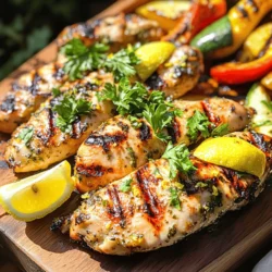 To make lemon herb grilled chicken, you need a few key items. Here’s what you will need: - 4 boneless, skinless chicken breasts - 1/4 cup extra virgin olive oil - 3 tablespoons freshly squeezed lemon juice - Zest of 1 large lemon - 4 cloves garlic, finely minced - 2 teaspoons fresh rosemary, finely chopped - 2 teaspoons fresh thyme, finely chopped - 1 teaspoon dried oregano - Sea salt and freshly cracked black pepper to taste - Fresh parsley, chopped (for garnish) These ingredients come together to create a bright and flavorful dish. The chicken absorbs the tangy lemon and fresh herbs. Fresh herbs can make a big difference in flavor. You can try different herbs based on your taste. Here are some great options: - Basil: Adds a sweet and slightly peppery taste. - Cilantro: Offers a fresh and citrusy flavor. - Sage: Gives a warm and earthy note. - Parsley: Brightens dishes with its mild flavor. Using fresh herbs is a simple way to elevate your grilling game. Seasonings enhance the taste of your chicken. Here are some that work well with lemon herb grilled chicken: - Sea salt: Brings out the chicken's natural flavor. - Black pepper: Adds a bit of spice and depth. - Paprika: Gives a nice color and mild smokiness. - Lemon zest: Boosts the lemon flavor even more. These seasonings help create a well-rounded taste. You can adjust them to fit your preferences. For the full recipe, check out the link provided. To start, gather your ingredients. You will need olive oil, lemon juice, lemon zest, garlic, fresh herbs, and spices. In a large bowl, mix together the olive oil, lemon juice, and lemon zest. Then, add in the minced garlic, chopped rosemary, thyme, oregano, sea salt, and black pepper. Whisk it all together. You want a smooth mixture that brings out the fresh flavors of the herbs. Next, take your chicken breasts and place them in a resealable bag or a shallow dish. Pour the marinade over the chicken. Make sure all the pieces are coated. Seal the bag tightly or cover the dish with plastic wrap. This step is key! Let the chicken marinate in the fridge for at least 30 minutes. For the best taste, let it marinate for 2 hours or even overnight. The longer it sits, the more flavor it picks up. Now, let’s get that grill ready! Preheat it to medium-high heat, about 375°F to 400°F. This temperature is perfect for grilling. To prevent sticking, lightly oil the grill grates. After marinating, take the chicken out of the fridge. Discard the leftover marinade. Place the chicken on the grill and cook for about 6 to 7 minutes on one side. Don’t move it! This helps create nice grill marks. Flip the chicken and grill for another 6 to 7 minutes on the other side. Use a meat thermometer to check if the chicken reaches 165°F (75°C). Once done, transfer it to a plate and let it rest for 5 minutes. This helps keep the chicken juicy and tender. Enjoy! For the full recipe, check out the complete guide. To get the best taste, marinate the chicken longer. I suggest at least two hours. This allows the herbs and lemon to soak in fully. Use fresh herbs whenever possible. They add bright flavors. Make sure to use good quality olive oil. It enhances the overall taste of the chicken. Always preheat your grill. This helps the chicken cook evenly. Don’t flip the chicken too soon; wait for beautiful grill marks. If you move it around, it may stick. Use a meat thermometer to check the doneness. The chicken should reach 165°F (75°C) inside. This ensures it is safe to eat. After grilling, let the chicken rest for about five minutes. This allows the juices to settle and keeps your chicken juicy. If you cut it right away, the juices will run out. This small step makes a big difference in taste and texture. For the complete cooking process, check out the full recipe. {{image_4}} You can spice up your lemon herb grilled chicken easily. Just add chili flakes or cayenne pepper to the marinade. This will give your chicken a nice kick. Adjust the amount to match your spice level. I suggest starting with half a teaspoon. This way, you can enjoy both the zesty lemon and the heat. Chicken skewers are fun and easy to make. Cut the chicken breasts into cubes. Marinate them just like before. After that, thread the chicken onto skewers with your favorite veggies. Bell peppers, onions, and zucchini work great. Grill them until the chicken is cooked through. This method makes for a great party dish. Transform your grilled chicken into a tasty salad. Slice the grilled chicken and place it on a bed of mixed greens. Add in cherry tomatoes, cucumber, and avocado for freshness. Drizzle some of the leftover marinade over the top for extra flavor. This salad is light, refreshing, and perfect for summer meals. For the full recipe, head to the main section. After grilling, let the chicken cool to room temperature. Place any leftovers into an airtight container. This keeps the chicken fresh and moist. Store it in the fridge for up to four days. If you want to keep it longer, freeze it. Wrap it tightly in plastic wrap and foil. Frozen grilled chicken stays good for up to three months. When reheating grilled chicken, avoid drying it out. I suggest using an oven or stovetop. Preheat your oven to 350°F (175°C). Place the chicken in a baking dish and add a splash of water or broth. Cover it with foil to keep moisture in. Heat for about 15-20 minutes. If using a stovetop, heat a skillet over medium-low heat. Add a bit of olive oil, then warm the chicken for about 5-7 minutes, flipping it halfway. Leftover grilled chicken is versatile. You can shred it for salads, tacos, or wraps. It also works great in soups or stir-fries. For a quick meal, toss it with pasta and veggies. You can add it to a creamy sauce for a hearty dish. The flavor from the lemon and herbs brings a nice touch to any recipe. Use your creativity and enjoy! The best way to grill chicken is to start with a clean grill. Preheat your grill to medium-high heat, around 375°F to 400°F. You want to create those tasty grill marks. Lightly oil the grill grates to avoid sticking. Place the marinated chicken on the grill and don’t move it for about 6-7 minutes. After that, flip it and cook for another 6-7 minutes. Use a meat thermometer to ensure it reaches 165°F. This keeps the chicken juicy and tender. For the best flavor, marinate the chicken for at least 30 minutes. However, if you can, aim for 2 hours or even overnight. This longer time allows the flavors to soak in. The lemon and herbs will penetrate the meat, giving it a delicious taste. Just remember to keep it in the fridge while it marinates. Yes, you can use this marinade on other meats! It works well with turkey, pork, and even fish. The lemon and herbs add a bright flavor that complements many proteins. Just adjust the cooking time based on the meat you choose. Each type of meat has its own cooking needs, so keep an eye on it. For a full recipe, check out the details on Lemon Herb Grilled Chicken. This article guides you on making delicious Lemon Herb Grilled Chicken. You learned about key ingredients, fresh herbs, and how to prepare a flavorful marinade. I shared grilling tips to ensure perfect results and avoided common mistakes. Variations and storage tips help you enjoy leftovers in new ways. In summary, grilling chicken can be easy and fun with the right approach. Enjoy experimenting with flavors!