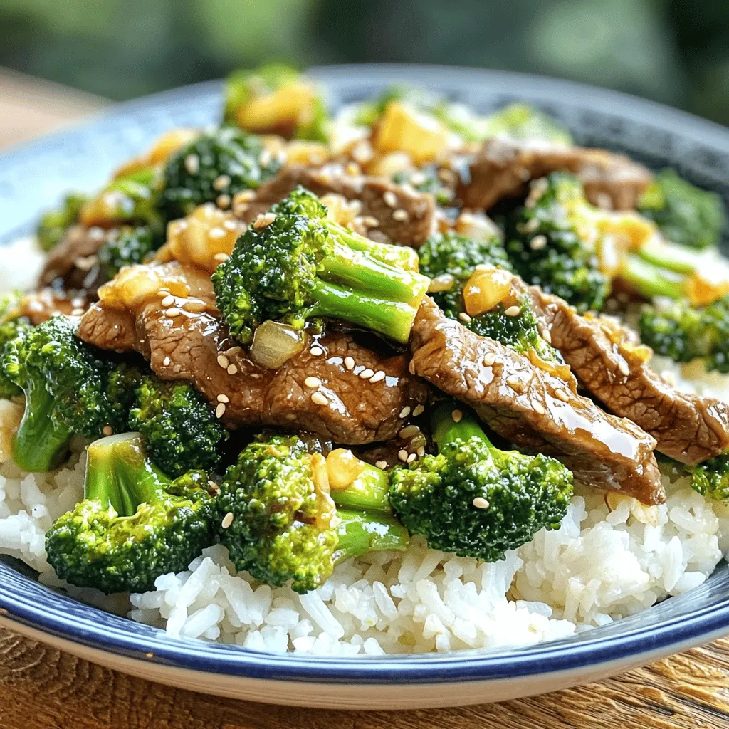 - 1 lb (450 g) sirloin steak, thinly sliced against the grain - 4 cups fresh broccoli florets - 3 tablespoons soy sauce - 2 tablespoons oyster sauce - 1 tablespoon cornstarch - 1 tablespoon vegetable oil - 2 cloves garlic, minced - 1 teaspoon ginger, grated - 1 cup beef broth - 1 tablespoon sesame oil - Cooked rice, for serving When making Easy Beef and Broccoli, choose fresh and high-quality ingredients. The sirloin steak should be tender and well-marbled. This cut gives great flavor and texture. Fresh broccoli florets should be bright green and crisp for the best results. Each serving of Easy Beef and Broccoli has about: - Calories: 350 - Protein: 30g - Fat: 15g - Carbohydrates: 30g This meal is balanced, offering protein from the beef and fiber from the broccoli. It’s a smart choice for a healthy dinner. To make your meal even better: - Serve Easy Beef and Broccoli with steamed jasmine rice or brown rice. - Add a side of spring rolls for extra crunch. - Pair it with green tea or a light soda to refresh your palate. These sides work well and make your dinner feel special. Enjoy the blend of flavors and textures! For more details, check the Full Recipe. Marinating the Beef To start, cut the sirloin steak into thin strips. This helps it cook fast and stay tender. In a bowl, mix 1 tablespoon of soy sauce, 1 tablespoon of cornstarch, and half of the minced garlic with the beef. Make sure every piece is coated well. Let it sit for about 15 minutes. This step adds flavor and makes the beef juicy. Blanching Broccoli Next, bring a pot of water to a boil. Add the broccoli florets and let them cook for just 2 minutes. This keeps the broccoli bright and crisp. After that, quickly transfer them to a bowl of ice water. This ice bath stops the cooking. It helps the broccoli keep its nice green color and crunch. Stir-Frying the Beef Heat a large skillet or wok over medium-high heat. Add 1 tablespoon of vegetable oil. Once it's hot, add the marinated beef. Stir-fry it for 2 to 3 minutes. Look for a nice brown color but keep it slightly undercooked in the middle. This keeps it tender. Remove the beef from the skillet and set it aside. Creating the Sauce In the same skillet, add the rest of the minced garlic and the grated ginger. Stir these for about 30 seconds. You want to bring out their wonderful smells. Then, pour in the beef broth, remaining soy sauce, and oyster sauce. Mix it well and let it simmer for about 2 minutes. This builds deep, rich flavors. Final Assembly Return the cooked beef to the skillet. Add the blanched broccoli too. Stir everything together, letting the flavors blend. Cook for another 3 to 4 minutes. This ensures the beef cooks fully and the broccoli stays tender-crisp. Finally, drizzle sesame oil over the dish and stir it in for extra flavor. Serve the beef and broccoli over a mound of cooked rice. Use shallow bowls for a nice look. To finish, sprinkle sesame seeds and thinly sliced scallions on top. This adds a pop of color and enhances the dish's appeal. You can find the full recipe for a detailed guide. You can swap the sirloin for flank steak or ribeye. These cuts work well and stay tender. If you want a lighter option, use chicken or tofu. For veggies, try snap peas or bell peppers. If you need gluten-free, use tamari instead of soy sauce. To lower sodium, choose low-sodium soy sauce and broth. To tenderize beef, try using baking soda. Lightly sprinkle it on the meat and let it sit for 15 minutes. Rinse and pat dry before cooking. If you prefer your beef well done, stir-fry a bit longer. For medium-rare, keep an eye on the beef. Remove it from the heat once it’s browned but slightly pink inside. If your broccoli is overcooked, don't worry! You can revive it. Toss the broccoli into ice water for a few minutes. This helps it regain crunch. For flavor balance, taste the sauce as you cook. If it’s too salty, add a bit of sugar or more broth. This can help tone down strong flavors. For more tips, check out the Full Recipe. {{image_4}} You can easily swap the beef for chicken or tofu. Chicken works well because it cooks fast. Use boneless, skinless chicken thighs or breasts. Slice them thin, just like the beef. Tofu is a great choice too. Firm tofu holds its shape well. Press it first to remove extra water. Then, cut it into cubes and marinate it just like the beef. This gives you a tasty meal no matter the protein you pick! Don't stop at broccoli! Other veggies add color and flavor. Carrots are sweet and crunchy. Slice them thin for quick cooking. Bell peppers bring a nice crunch and sweetness too. Snow peas are another lovely option. They add a pop of color and cook fast. You can mix and match your favorite vegetables to create a fun, colorful dish. Just remember to adjust cooking times to keep everything tender-crisp! Feel free to play with the sauce! You can add more soy sauce for saltiness. A splash of rice vinegar gives a nice tang. Want some heat? Add crushed red pepper or chili paste. You can also try hoisin sauce for a sweet twist. Mix in some sesame seeds for added crunch. The sauce is where you can really show your style and make this dish your own. For the full recipe, check out the complete guide. To keep your Easy Beef and Broccoli fresh, store leftovers in an airtight container. Refrigerate them within two hours of cooking. This keeps the beef and broccoli safe to eat. For longer storage, freeze the dish. Use freezer-safe bags or containers for best results. Ensure you remove as much air as possible. This helps prevent freezer burn. When reheating, I recommend using the stovetop. Place the dish in a skillet over medium heat. Add a splash of water or broth. Stir often to warm it evenly. This method keeps the beef tender and the broccoli crisp. You can also use a microwave. Cover the dish loosely to trap steam. Heat in short bursts, stirring in between, until hot. In the fridge, your Easy Beef and Broccoli lasts about 3 to 4 days. If you freeze it, it can last up to 3 months. Just remember to label the containers with the date. This way, you can enjoy it later without worry. Always check for signs of spoilage before eating leftovers. The best cut for stir-fry is sirloin steak. It is tender and flavorful. You can also use flank steak or ribeye. Cut the beef against the grain. This method makes each bite easier to chew. Look for cuts that have good marbling. This means they have small streaks of fat. Fat gives flavor and keeps the beef juicy. Yes, you can prepare this dish ahead of time. Cook the beef and broccoli, then cool them quickly. Store them in airtight containers. Place them in the fridge for up to three days. When you are ready to eat, reheat in a skillet. Add a splash of beef broth to keep it moist. This method helps keep the flavors fresh. To keep broccoli bright green, blanch it first. Boil water in a pot and add the broccoli for two minutes. After that, transfer it to ice water. This stops the cooking and keeps the color. When you stir-fry, cook the broccoli just until tender-crisp. This gives it a nice crunch and bright color. To add heat, try different spices or sauces. You can add red pepper flakes for a kick. Sriracha or chili paste also works well. If you prefer mild flavors, skip the spices. You can always add them later for your taste. Start with a small amount and taste as you cook. Adjust until you reach the right level for you. In summary, Easy Beef and Broccoli is a simple and delicious dish. You learned about the ingredients, preparation, and cooking steps to achieve great flavor. It’s important to know tips for substitutions and storage. Remember, you can customize the dish with various proteins and veggies. I hope this guide inspires your next meal. Enjoy making this tasty recipe and sharing it with others. You’ll impress family and friends with your skills in the kitchen!