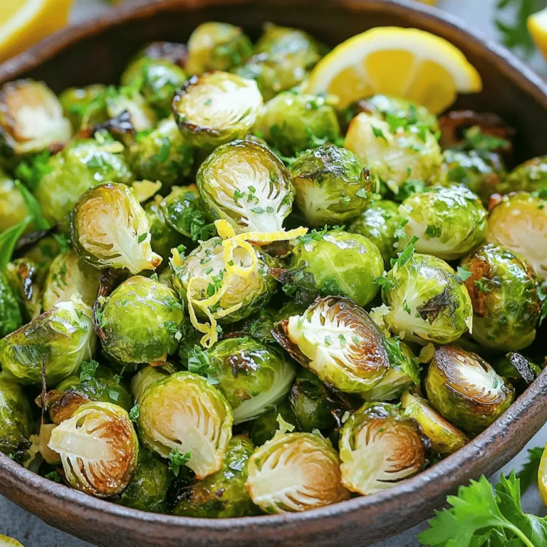 To create this flavor explosion, you need the right ingredients. Here’s what you will need: - 1 pound Brussels sprouts, trimmed and halved - 3 tablespoons extra virgin olive oil - 4 cloves garlic, minced - Zest and juice of 1 medium lemon - 1 teaspoon honey or maple syrup (for a vegan option) - Salt and freshly cracked black pepper to taste - 1/4 cup grated Parmesan cheese (optional for non-vegans) - Fresh parsley, chopped for garnish Each ingredient plays a vital role. The Brussels sprouts give a hearty base. They have a unique, nutty flavor that shines when roasted. The olive oil adds richness and helps with crisping. Garlic brings a bold kick, while lemon zest and juice brighten the dish. Honey (or maple syrup) enhances the natural sweetness of the sprouts. Salt and pepper are essential for balancing flavors. If you choose to use Parmesan cheese, it adds a savory depth that many love. Finally, the parsley not only looks great but also adds a fresh touch. For the full recipe, be sure to check out the [Full Recipe]. - Preheat your oven to 400°F (200°C). - Prepare the Brussels sprouts by trimming and halving them. Getting the oven hot helps the sprouts roast well. By trimming and halving them, you allow the flavors to soak in. You want them to be tender on the inside and crisp on the outside. - Combine Brussels sprouts with olive oil, garlic, lemon zest, lemon juice, honey, salt, and pepper. In a large bowl, mix the halved sprouts with olive oil and minced garlic. The lemon zest and juice add a fresh kick. Honey gives a hint of sweetness. Add salt and pepper to taste. Toss everything well until the sprouts are coated evenly. This step is key for maximum flavor. - Line a baking sheet with parchment paper. - Spread Brussels sprouts in a single layer and roast for 20-25 minutes. - Stir halfway through for even browning. - Optional: Add Parmesan cheese in the last 5 minutes. Using parchment paper makes cleanup easy. Spread the sprouts out, giving them space to roast. Stir them halfway for that perfect golden-brown color. If you enjoy cheese, sprinkle Parmesan in the last minutes. It will melt into a lovely crust. For the full recipe, check the earlier sections. Enjoy the burst of flavor in each bite! - Coat the Brussels sprouts evenly with olive oil and seasonings. This step is key for great flavor. - Spread the Brussels sprouts out on the baking sheet. This helps them crisp up nicely. Overcrowding can lead to steaming, which makes them soggy. - Try adding a pinch of red pepper flakes for some heat. It pairs well with garlic and lemon. - Fresh herbs like thyme or rosemary can boost the flavor. They bring a lovely aroma and freshness. - For a twist, sprinkle some chopped walnuts or almonds on top. They add crunch and richness. - Serve the roasted Brussels sprouts in a colorful bowl. A rustic wooden bowl brings warmth and charm. - Drizzle extra lemon juice over the top before serving. It brightens the dish and enhances the flavor. - Add lemon wedges around the bowl for a pop of color. It also gives guests an option to add more zest. - Garnish with fresh parsley for a vibrant finish. It adds a nice touch and a hint of freshness. For the full recipe, check out the detailed steps to create this delicious dish. {{image_4}} You can make simple tweaks to keep this dish vegan. First, swap out Parmesan cheese for nutritional yeast. This will give you a cheesy flavor without any dairy. You can also use different sweeteners. Try agave syrup instead of honey for a vegan option. These changes keep the dish tasty while meeting dietary needs. Want to mix it up? Add other veggies! Carrots or sweet potatoes can bring new flavors. They roast well and will add a nice touch. You can also experiment with spices. Try adding paprika for a smoky flavor or red pepper flakes for heat. These swaps can elevate your Brussels sprouts to new heights. Looking for extra crunch? Consider adding nuts or seeds. Toasted almonds or sunflower seeds can bring a delightful texture. If you want to switch up the citrus flavor, try lime or orange juice. Both can add a bright twist to your dish. These flavor additions can make your Brussels sprouts even more exciting. For the full recipe, check out the details above. After you roast your Brussels sprouts, let them cool. Store leftovers in an airtight container. This keeps them fresh and tasty. You can keep them in the fridge for up to three days. To reheat your Brussels sprouts, use the oven or a skillet. For the oven, set it to 350°F (175°C) and bake for about 10 minutes. If using a skillet, heat it on medium. Add a splash of olive oil and warm them until hot. To keep them crispy, avoid the microwave. You can freeze the cooked Brussels sprouts. First, let them cool completely. Then, place them in a freezer-safe bag. Squeeze out as much air as you can. They will last up to three months in the freezer. When ready to eat, thaw them in the fridge overnight. To reheat, use the oven for best results. For a quick option, use a skillet on low heat. This way, they stay tasty and not mushy. You can pair these Brussels sprouts with many tasty dishes. They go well with: - Grilled chicken - Roasted salmon - Quinoa salad - Garlic mashed potatoes - Steak or pork chops These sides enhance the flavor and round out your meal. Try these options for a balanced plate. Yes, you can prepare this dish ahead of time. Here are some tips: - Roast your Brussels sprouts earlier in the day. - Store them in an airtight container in the fridge. - Reheat in the oven for best texture. This method saves time and gives you a quick side dish ready to serve. Look for a few signs to know they are done: - They should be crispy and golden-brown on the outside. - The insides should be tender and easy to pierce with a fork. - A nice aroma should fill your kitchen. These signs show that your sprouts are perfectly roasted. Absolutely! Lemon Garlic Roasted Brussels Sprouts work great for meal prep. Here’s how to include them: - Roast a large batch on the weekend. - Divide them into portions for the week. - Pair them with proteins or grains for easy meals. This makes healthy eating simple and quick. You can use frozen Brussels sprouts, but some adjustments are needed: - Thaw them first to avoid excess water. - Roast them for a bit longer to get that crispy texture. - Skip the initial olive oil coating and use a bit more on the baking sheet. These changes help maintain the flavor and texture you want in this dish. Check out the full recipe for more details! This blog post shared a great recipe for Lemon Garlic Roasted Brussels Sprouts. You learned what ingredients to use and how to prepare the dish step-by-step. I provided tips on roasting and serving, plus variations for different tastes. Storing and reheating leftovers was also discussed to minimize waste. Try this tasty side dish today. You can experiment with flavors or add your twist. Enjoy the blend of garlic and lemon, and share this dish with friends or family!