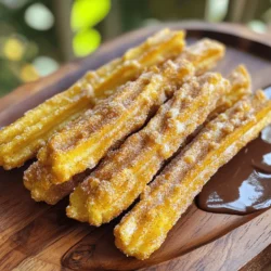To make cinnamon sugar churros, gather these simple items: - 1 cup water - 2 tablespoons granulated sugar - 1/2 teaspoon salt - 1 cup all-purpose flour - 2 large eggs - 1 teaspoon vanilla extract - 1/4 cup vegetable oil (for frying) - 1/2 cup granulated sugar (for coating) - 1 tablespoon ground cinnamon These ingredients work together to create a soft and doughy treat. You’ll enjoy how each element contributes to the final taste and texture. If you need to swap out some ingredients, here are a few ideas: - Use almond milk in place of water for a nutty flavor. - Swap granulated sugar with brown sugar for a richer taste. - You can replace all-purpose flour with gluten-free flour if needed. - Don't have vegetable oil? Try canola oil or sunflower oil instead. These changes can tweak the flavor while keeping the churros tasty. Choosing fresh ingredients makes a big difference. Here are my tips: - For water, use clean, filtered water. It helps the dough come together better. - Pick eggs that are large and fresh. Check the sell-by date on the carton. - Look for all-purpose flour that feels soft and is free of lumps. - Choose granulated sugar that feels dry and free of clumps. Fresh ingredients lead to delicious churros that everyone will love. You can find the full recipe for these tasty treats to guide you through the process. Start by boiling water, sugar, and salt in a medium pan. Stir until mixed well. When it starts to boil, remove it from the heat. Add the flour all at once. Mix with a wooden spoon until it forms a ball. Let it cool for about five minutes. Next, add the eggs one at a time. Mix well after each egg. Finally, stir in the vanilla extract for extra flavor. This dough is the heart of your churros. Heat vegetable oil in a deep pan or fryer to 375°F (190°C). Use a kitchen thermometer to check the temperature. While waiting, get a pastry bag with a star tip ready. Pipe six-inch strips of dough into the hot oil. Cut the dough with scissors as you go. Fry each churro for about 2-3 minutes on each side. They should turn golden brown and crispy. Use a slotted spoon to take them out and place them on a paper towel. This step helps remove extra oil. While the churros are warm, mix sugar and cinnamon in a shallow dish. Roll each churro in this mixture. Make sure they are fully coated. This adds that sweet, spicy crunch. You can serve them warm with chocolate sauce or dulce de leche for dipping. This step makes them even more delightful. For the complete recipe, check out the Full Recipe. Enjoy making these easy homemade churros! Making churros can be fun, but some mistakes can happen. Here are key points to watch out for: - Too much flour: Adding extra flour can make the dough dry and hard. - Wrong oil temperature: If the oil is too hot, churros burn outside and stay raw inside. - Not piping correctly: Use a star tip to get those lovely ridges. Without it, you miss the authentic churro look. - Skipping the cinnamon sugar: Rolling churros in cinnamon sugar is a must! It adds flavor and charm. For churros that are crispy outside and soft inside, follow these tips: - Fry in small batches: This helps keep the oil temperature steady. If you add too many, the oil cools down. - Drain well: After frying, let churros sit on paper towels to remove excess oil. - Roll while warm: Coat churros in cinnamon sugar right after frying. This helps the sugar stick. Using the right tools can make churro-making easier: - Pastry bag with star tip: This shapes the dough perfectly. - Deep frying thermometer: It helps you keep the oil at the right temperature. - Slotted spoon: Use this to easily lift churros from the oil. - Heavy-bottomed pan or fryer: A thick pan helps maintain a steady heat while frying. For the full recipe, check out the detailed steps! {{image_4}} You can play with flavors when making churros. For chocolate churros, mix cocoa powder into the dough. Start with 2 tablespoons and adjust to taste. For pumpkin churros, add 1/2 cup of pumpkin puree and a pinch of nutmeg. These changes keep the dough moist and tasty. You can also dip the churros in chocolate sauce for extra flavor. Making gluten-free churros is easy. You can use a gluten-free flour blend in place of all-purpose flour. Look for blends that contain xanthan gum. This ingredient helps mimic the texture of regular flour. Follow the same steps in the recipe, and enjoy churros without gluten! Churros shine when paired with dips. Chocolate sauce is a classic choice. You can also try caramel or dulce de leche. For a fruity twist, serve churros with berry sauce. They are perfect for breakfast or dessert. You can even sprinkle extra cinnamon sugar on top for added delight. For the full recipe, check our detailed guide. To keep your churros fresh, store them in an airtight container. This helps prevent them from becoming soft. If you have extra churros, let them cool completely first. Layer parchment paper between churros to avoid sticking. Store them at room temperature for up to two days. For longer storage, consider freezing them. When you're ready to enjoy leftover churros, reheating is key. Preheat your oven to 350°F (175°C). Place churros on a baking sheet, ensuring they are spaced apart. Heat for about 10 minutes, or until they feel warm and slightly crispy again. Avoid the microwave, as it can make churros soggy. Freezing churros is a great way to save some for later. Once they cool completely, place them in a single layer on a baking sheet. Freeze for about an hour, then transfer them to a freezer-safe bag. Remove as much air as possible before sealing. Churros can last up to three months in the freezer. When ready to eat, follow the reheating instructions to enjoy that fresh taste again. To make churros crispy, you need to fry them at the right temperature. Heat the oil to 375°F (190°C). This high heat helps create a crispy outside while keeping the inside soft. Fry the churros until golden brown. Drain them well on paper towels to remove excess oil. Rolling them in cinnamon sugar while warm adds a nice crunch too. You can bake churros, but they won’t be as crispy. To bake them, preheat your oven to 400°F (200°C). Pipe the dough onto a lined baking sheet. Bake for 15 to 20 minutes until golden. Spray them with oil before baking for a crispier texture. However, frying gives churros their classic taste and texture. Churros taste great with various dips. Chocolate sauce is a favorite choice. You can also serve them with dulce de leche or caramel sauce. For a fruity twist, try a berry sauce. These add fun flavors and complement the sweet, cinnamon-coated churros. Enjoy them warm for the best experience. In this guide, we covered how to make delicious churros. You learned about ingredients, preparation, and frying. I shared tips for achieving a crispy texture and avoiding common mistakes. You also discovered fun variations and how to store leftover churros. Churros are simple to make and fun to serve. Enjoy creating your own delicious treats!