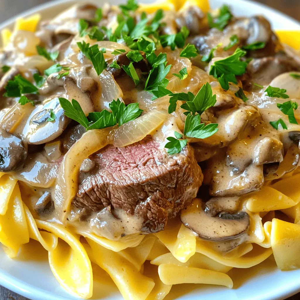 - 1 lb beef sirloin or tenderloin - 8 oz egg noodles - 1 cup sour cream The main ingredients are key to making a great beef stroganoff. I love using beef sirloin or tenderloin for this dish. It gives that tender texture. The egg noodles soak up the sauce well, adding a nice touch. Sour cream adds creaminess and tang. - Olive oil - Worcestershire sauce - Smoked paprika Olive oil is best for searing the beef. It helps achieve that nice brown crust. Worcestershire sauce adds depth to the sauce. Smoked paprika gives a hint of smokiness. These elements work together to create rich flavors. - Salt and black pepper - Fresh parsley Salt and black pepper are essential for seasoning. They enhance the natural flavors of the dish. Fresh parsley adds brightness and color. It makes the dish look more appealing. For the complete cooking process, check out the Full Recipe. To cook the egg noodles, bring a pot of salted water to a boil. Add the noodles and cook them until they are al dente. This usually takes about 6-8 minutes. Once cooked, drain the noodles and transfer them to a warm pot. Cover the pot to keep them warm and prevent sticking. For a perfect sear, heat olive oil in a large skillet over medium-high heat. When the oil shimmers, add the sliced beef in small batches. Avoid crowding the pan, as this can steam the meat. Sear each side for 2-3 minutes until it has a nice brown crust. Once browned, move the beef to a plate to keep warm. In the same skillet, lower the heat slightly. Add the sliced onions and mushrooms. Sauté for about 5-7 minutes until the onions are clear and the mushrooms turn golden. Then, add minced garlic and stir for another minute. Garlic adds a rich flavor that enhances the dish. Sprinkle all-purpose flour over the onion and mushroom mix. Stir well to coat all the veggies. Cook this for about 1 minute to remove the raw flour taste. Gradually pour in beef broth while stirring constantly. This helps prevent lumps from forming. Next, add Worcestershire sauce, smoked paprika, salt, and pepper. Return the seared beef to the skillet and reduce the heat to low. Gently fold in the sour cream until everything is mixed. Heat through for about 5 minutes, stirring occasionally. Taste your sauce and adjust the seasoning if needed. To serve, spoon the creamy beef stroganoff over the warm egg noodles. Make sure to distribute the beef and sauce evenly. For a fresh touch, sprinkle finely chopped parsley on top just before serving. Consider serving with steamed vegetables or a crisp green salad for a complete meal. For more details, check the [Full Recipe]. To make a classic beef stroganoff, choose the right cut of beef. I suggest using beef sirloin or tenderloin. These cuts are tender and flavorful. Fresh ingredients are also key. Use fresh mushrooms and onions for the best taste. Fresh herbs can brighten up your dish too. One common mistake is overcooking the beef. This can make it tough and chewy. Sear the beef quickly, just until browned. Another mistake is not seasoning properly. Always season your beef and sauce with salt and pepper. This step brings out all the flavors. You can enhance your stroganoff with optional ingredients like Dijon mustard. It adds a nice tang. Also, consider using different types of mushrooms. Cremini or shiitake mushrooms can add depth. You can even mix in some caramelized onions for extra sweetness. If you want to try the complete dish, check out the Full Recipe. {{image_4}} To make a meatless beef stroganoff, you can swap out the beef for mushrooms or lentils. Both options bring a hearty texture to the dish. Use about 8 ounces of mixed mushrooms, like cremini and shiitake, for a rich flavor. For a creamy touch, substitute sour cream with cashew cream or plain yogurt. These swaps maintain the tasty essence of stroganoff while keeping it vegetarian. If you prefer chicken or turkey, simply replace the beef with 1 pound of thinly sliced chicken breast or turkey breast. Cook the meat the same way as you would the beef. For a unique twist, consider seafood. Shrimp or scallops can add a delightful taste. Just sauté them until pink and tender, then follow the same sauce-making steps. While egg noodles are classic, you can try other noodles or grains. Fettuccine, penne, or even rice can work well. If you need gluten-free options, use rice noodles or quinoa. Both choices have great textures and absorb the sauce nicely. Feel free to experiment and find what you enjoy most. For the full recipe, check out the details provided earlier. To keep your Beef Stroganoff fresh, refrigerate leftovers in an airtight container. Make sure to cool it to room temperature before sealing it. This dish stays good for 3 to 4 days in the fridge. Always check for signs of spoilage before eating. If you want to store Stroganoff for longer, freezing is a great choice. Use a freezer-safe container and leave some space at the top for expansion. For best taste, consume within 3 months. When you're ready to eat, thaw it in the fridge overnight. You can reheat Beef Stroganoff using either a microwave or stovetop. If using a microwave, heat in short bursts and stir often. If using the stovetop, do so over low heat. Always stir in a little extra sour cream to avoid separation in the sauce. This keeps it creamy and delicious. Enjoy your meal! To make Beef Stroganoff from scratch, follow these key steps: 1. Cook the noodles: Boil them until al dente. 2. Sear the beef: Cook it in batches for a nice brown crust. 3. Sauté onions and mushrooms: Make them soft and golden. 4. Create the sauce: Use flour to thicken, then add broth and seasonings. 5. Combine everything: Mix in the beef and sour cream before serving. For taste adjustments, you can add more smoked paprika or Worcestershire sauce. This adds depth and richness to the dish. Yes, you can substitute sour cream. Here are some alternatives: - Greek yogurt for a tangy flavor. - Cream cheese for a rich texture. - Heavy cream for extra creaminess. Each choice will change the flavor. Greek yogurt adds tang, while cream cheese makes it richer. Heavy cream will give it a velvety finish. Beef Stroganoff pairs great with several sides. Here are some suggestions: - Mashed potatoes: Creamy and smooth, they soak up the sauce. - Green beans: They add a nice crunch and color. - Steamed broccoli: A healthy option that balances the richness. To complete the meal experience, serve with a fresh salad or crusty bread for dipping. To adjust the recipe for larger servings, scale your ingredients. Here’s how: - Double the meat: Use 2 lbs of beef. - Increase the noodles: Use 16 oz of egg noodles. - Adjust the sauce: Use 2 cups of sour cream and broth. Cooking times may slightly change. Keep an eye on the beef as it cooks to avoid overcooking. You want it tender and juicy. Beef Stroganoff is a tasty dish that combines beef, noodles, and a creamy sauce. We covered the main ingredients, cooking steps, and helpful tips. You learned about variations, including vegetarian options and different protein choices. Remember to avoid common mistakes like overcooking the beef. Keep the flavors fresh and bold with the right ingredients. With these steps, you can make a delicious meal that everyone will enjoy. Now, go ahead and impress your family or friends with your new cooking skills!