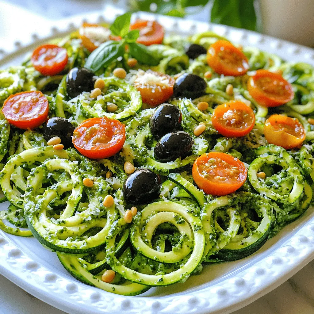 To make Zesty Pesto Zucchini Noodles, you need fresh and vibrant ingredients. Here’s what you will need: - 4 medium zucchinis - 1 cup fresh basil leaves, packed - 1/4 cup toasted pine nuts - 2 cloves garlic, minced - 1/3 cup extra virgin olive oil - 1/4 cup freshly grated Parmesan cheese - Salt and freshly cracked pepper, to taste - 1/2 teaspoon freshly grated lemon zest - 1 cup cherry tomatoes, halved (for garnish) - 1/4 cup black olives, sliced (optional for garnish) When selecting zucchinis, look for firm, smooth skins. They should feel heavy for their size. Fresh basil should smell fragrant and vibrant. Choose leaves that are bright green and not wilted. For pine nuts, go for the toasted variety for better flavor. Their golden color shows they are ready to use. Always check the garlic for firmness; it should not be soft or sprouting. For the olive oil, use a good quality extra virgin variety. It enhances the flavor of your dish. Parmesan should be freshly grated for the best taste; pre-grated cheese lacks the same richness. Lastly, choose ripe cherry tomatoes for a sweet burst of flavor. These small details make your meal not just healthy but also delicious. For the full recipe, click [here](#). To make zoodles, you can use a spiralizer or a simple vegetable peeler. A spiralizer gives you long, curly noodles. A peeler creates flat, ribbon-like strips. Both options work well. After cutting the zucchinis, place them in a colander. This step helps to drain excess moisture. Zucchini has a lot of water, and we want our zoodles to stay firm. For a tasty pesto, grab a food processor. Add fresh basil leaves, toasted pine nuts, and minced garlic. Pulse the mixture until it is finely chopped. This step releases great flavor. Next, turn on the processor and slowly add extra virgin olive oil. This will make the mixture smooth. Add grated Parmesan cheese and lemon zest. Mix well and season with salt and pepper for taste. Heat a large skillet over medium heat. Add one tablespoon of olive oil. Once it is warm, add the zoodles. Sauté them for about 2-3 minutes. Stir gently to keep their shape. You want them tender but still crisp. Avoid cooking too long, or they will become mushy. Once the zoodles are ready, take the skillet off the heat. Immediately add your fresh pesto sauce. Toss gently until all the zoodles are evenly coated. Serve the zoodles on plates or a big platter. For extra flavor, garnish with halved cherry tomatoes and sliced black olives if you like. You can also drizzle more olive oil and sprinkle additional Parmesan cheese on top. For the full recipe, check the details above! To make your zoodles shine, you can adjust the ingredients. If you want a nut-free pesto, swap the pine nuts for sunflower seeds. For a creamier sauce, add more cheese or a splash of cream. Common mistakes include overcooking the zoodles. They only need a few minutes of heat. If they become too soft, they lose their crunch. Drain excess moisture to keep them firm. You need a few tools for this recipe. A spiralizer is great for making zoodles. It creates long, fun noodles. A vegetable peeler works too, but the noodles will be wider. Using a spiralizer gives you better texture and shape. It also speeds up the process. A peeler requires more time and effort. Choose what works best for you! {{image_4}} You can switch up the pesto to suit your needs. If you want a nut-free option, use sunflower seeds instead of pine nuts. For a vegan pesto, replace Parmesan cheese with nutritional yeast. Both options taste great! Feel free to add other veggies for more color and flavor. Try bell peppers, carrots, or spinach. These vegetables can boost nutrition and make the dish more exciting. Toppings can make your zucchini noodles shine. Consider adding toasted nuts, fresh herbs, or a sprinkle of red pepper flakes. These will add depth and texture. For protein, grilled chicken or shrimp pairs well with zoodles. You can also try chickpeas for a plant-based option. This makes the meal filling and balanced. For the complete recipe, check out the Full Recipe section above. To keep your leftover zoodles fresh, use airtight containers. Glass or BPA-free plastic containers work best. They help keep moisture out and keep zoodles crisp. Store them in the fridge for up to three days. When you're ready to eat, gently reheat them in a skillet. Use low heat and stir often. This keeps their texture nice and firm. If you want to save zoodles for later, freezing is a great option. Start by blanching the zoodles in boiling water for one minute. This helps keep their color and texture. Then, cool them in ice water to stop cooking. Drain and pack them in freezer bags, removing as much air as possible. You can store them in the freezer for up to three months. For the pesto, pour it into ice cube trays and freeze. Once frozen, transfer the cubes to a bag. This way, you can grab just what you need for future meals. Yes, you can use store-bought pesto. It saves time and effort. However, it may not taste as fresh as homemade. Here are some pros and cons: - Pros: Quick to use, consistent flavor, and no prep work. - Cons: Often has added preservatives and may lack freshness. If you decide to go this route, I recommend brands like Barilla or Classico. They offer good flavors and quality. To keep zoodles firm, follow these tips: - Cook briefly: Sauté for only 2-3 minutes. - High heat: Use medium heat to cook quickly. - Drain well: Let them sit in a colander before cooking. These steps help maintain the right texture, making your dish more enjoyable. You can pair zoodles with various sides or proteins. Some ideas include: - Grilled chicken for added protein. - Shrimp sautéed in garlic for a seafood twist. - A simple salad for freshness. These options complement the zoodles and enhance your meal. Yes, you can prepare some elements in advance. Here’s how: - Zoodles: Spiralize and store them in the fridge for up to 2 days. - Pesto: Make it ahead and keep it in an airtight container for about a week. When ready to serve, just cook the zoodles and mix them with the pesto. Enjoy your healthy meal with ease! This blog post covers how to make delicious zucchini noodles with pesto. We discussed the ingredients, steps for preparing zoodles, and tips to avoid common mistakes. We also explored variations and storage ideas to enhance your dish. Remember, cooking is about experimenting and having fun. Try adding your favorite flavors or veggies. With practice, you’ll master this healthy meal. Enjoy making your zoodles and pesto!