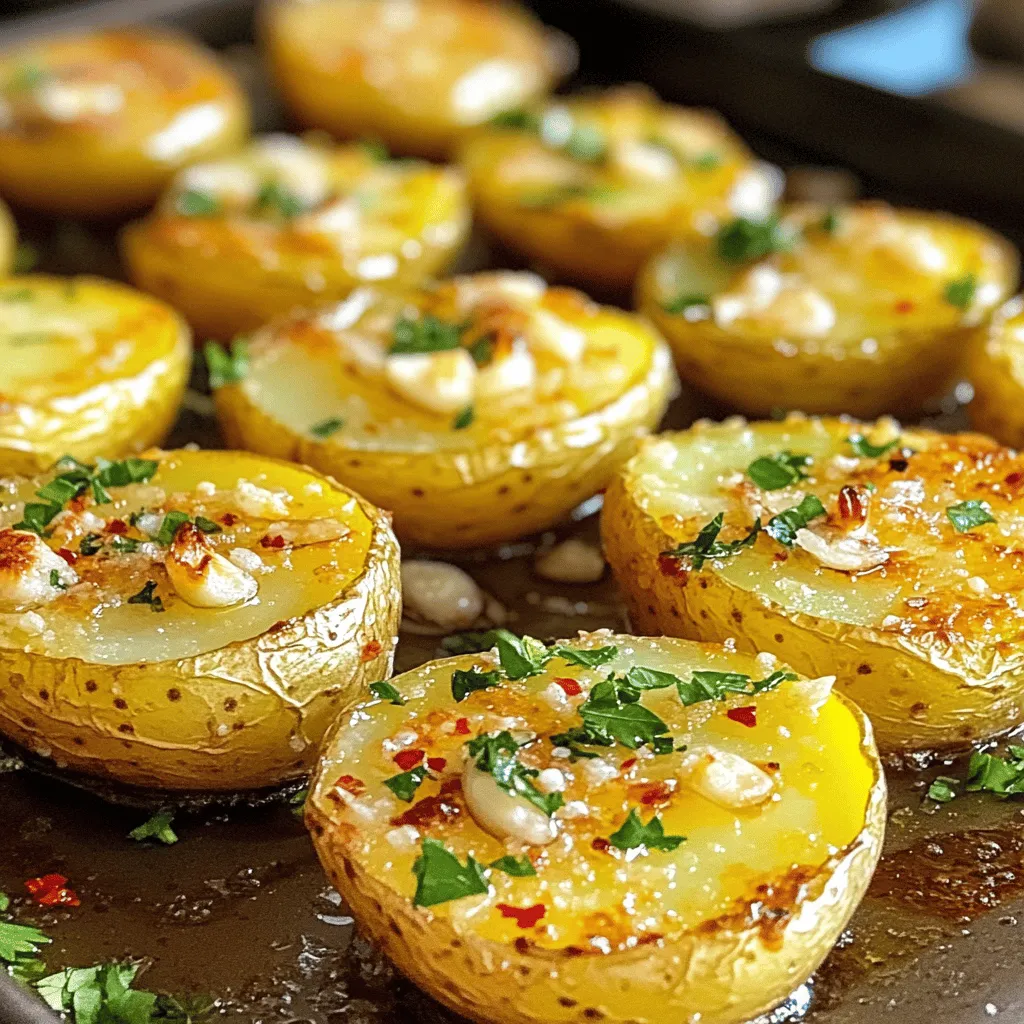 - 1.5 pounds baby potatoes (any color), halved - 4 cloves garlic, finely minced - 1/2 cup freshly grated Parmesan cheese - 3 tablespoons extra virgin olive oil - 1 teaspoon dried oregano - 1 teaspoon dried thyme - 1/2 teaspoon red pepper flakes (optional) - Sea salt and freshly ground black pepper, to taste - Fresh parsley, finely chopped (for garnish) When I make Garlic Parmesan Roasted Potatoes, I love using baby potatoes. They are tender and cook quickly. You can choose any color, like red, yellow, or purple. The garlic adds so much flavor. I finely mince it to make it mix well with the potatoes. Parmesan cheese is key for that tasty crust. I always use freshly grated cheese because it melts better than pre-packaged versions. Extra virgin olive oil helps the potatoes crisp up nicely. You can also add dried oregano and thyme for more flavor. If you like a spicy kick, red pepper flakes are a great choice. Sea salt and freshly ground black pepper are essential for seasoning. Finally, don’t skip the fresh parsley. It brightens the dish and adds color. - You can use larger potatoes, but cut them into smaller pieces. - For a dairy-free option, try vegan cheese. - Fresh herbs make a difference, but dried herbs work too. If you want to switch things up, try different types of potatoes. Sweet potatoes can add a nice twist. For vegan options, there are many types of vegan cheese available. Fresh herbs can elevate the dish, but dried herbs still taste great. For the full recipe, check out the detailed instructions above. Enjoy making this delicious side! - Preheat the oven to 400°F (200°C). - Prepare the baking sheet with parchment paper. This helps the potatoes not stick. - In a big bowl, combine the halved potatoes with minced garlic and olive oil. - Add the dried oregano, thyme, red pepper flakes (if you like it spicy), sea salt, and black pepper. Mix well. Use your hands or a spatula to coat the potatoes. - Spread the seasoned potatoes evenly on the baking sheet. Give them space to roast well. - Roast in the oven for 25-30 minutes. Flip them halfway through to get a nice golden color. They should be fork-tender when done. - Remove the baking sheet from the oven. Sprinkle the grated Parmesan cheese over the hot potatoes. - Return them to the oven for 5-10 minutes. This melts the cheese and makes it crispy. - Let the potatoes cool for a few minutes. Before serving, add chopped fresh parsley for a pop of color. For the Full Recipe, follow the detailed steps and enjoy these tasty Garlic Parmesan Roasted Potatoes! To ensure even cooking, cut the baby potatoes into uniform halves. This helps them cook at the same rate. Spread the potatoes out on the baking sheet. Give them space to breathe. You want them to roast, not steam. For a crispy texture, use a high-quality olive oil. It helps the potatoes brown nicely. Flip the potatoes halfway through cooking. This allows all sides to get golden and crispy. If you want extra crunch, broil them for a minute at the end. Adding spices can elevate your Garlic Parmesan Roasted Potatoes. Consider mixing in smoked paprika for a warm flavor. Fresh herbs like rosemary or thyme can also add depth. If you like heat, sprinkle in some cayenne pepper. Optional toppings can make this dish even better. Try adding cooked bacon bits for a savory twist. A drizzle of balsamic glaze can give a sweet touch. You can also add a squeeze of lemon for brightness. For portions, aim for about 1 cup of potatoes per person. This recipe serves four, making it perfect for a family meal. If you have a larger crowd, double the recipe. These potatoes pair well with many main dishes. Serve them alongside grilled chicken or steak. They also complement roasted vegetables beautifully. For a vegetarian option, enjoy them with a fresh salad. {{image_4}} You can switch out the cheese in this recipe. Try using different cheeses like mozzarella or cheddar. Each cheese gives a new taste. If you're feeling adventurous, go for blue cheese for a bold flavor. You might also want to use sweet potatoes instead of regular ones. They add a touch of sweetness. Other potato types, like Yukon gold or red potatoes, also work well. Each type gives a different flavor and texture. To spice things up, add some paprika or cumin. These spices can give your potatoes a warm, smoky taste. You can also mix in diced bell peppers or onions. They add color and crunch. Feel free to experiment with herbs like rosemary or basil for a fresh twist. If you want a quicker option, use an air fryer. Cook the potatoes at 400°F (200°C) for about 15-20 minutes. This method gives you crispy potatoes with less oil. For summer, try grilling the potatoes. Parboil them first, then toss them on the grill. This adds a nice char and flavor. You can serve them with your favorite summer dishes for a great meal. Check out the Full Recipe to try these tasty variations! To keep your Garlic Parmesan Roasted Potatoes fresh, refrigerate them. Place the leftovers in an airtight container. Make sure to cool the potatoes to room temperature first. This helps prevent moisture buildup. Use a glass or plastic container with a tight lid. This will keep the flavor and texture nice. When it comes to reheating, I prefer the oven. It helps keep the potatoes crispy. Preheat your oven to 350°F (175°C). Spread the leftover potatoes on a baking sheet. Heat them for about 10-15 minutes. For a quick option, you can use the microwave. Place the potatoes in a microwave-safe dish. Heat them in 30-second bursts. Check often to avoid sogginess. To keep them crispy, avoid covering them while reheating. Yes, you can freeze Garlic Parmesan Roasted Potatoes. However, they might lose some crispiness. To freeze, let them cool completely. Spread them out in a single layer on a baking sheet. Freeze until solid, then transfer to a freezer bag. Remove as much air as possible to avoid freezer burn. When you're ready to eat, thaw them in the fridge overnight. Reheat in the oven for the best results. What type of potatoes are best for roasting? I love using baby potatoes for this dish. Their small size cooks evenly and they have a nice, creamy texture. You can use any color, like red or yellow. They all taste great! Can I make these potatoes ahead of time? Yes, you can prep them ahead! Just mix the potatoes with garlic and oil, then store them in the fridge. When ready, roast them as usual. They’ll still taste amazing! What can I serve with Garlic Parmesan Roasted Potatoes? These potatoes pair well with many dishes. Try them with grilled chicken, steak, or a fresh salad. They add a tasty side to any meal. How do I avoid soggy potatoes? To keep your potatoes crispy, make sure to space them out on the baking sheet. This allows hot air to circulate. Also, don't skip flipping them halfway through cooking! Can I add other vegetables to the recipe? Absolutely! You can add veggies like bell peppers, carrots, or onions. Just make sure to cut them to a similar size as the potatoes for even cooking. Is there a way to make this dish low-carb? If you want a low-carb option, try using cauliflower instead of potatoes. Cut it into florets, and follow the same steps. It will still be delicious! Caloric content per serving Each serving of these Garlic Parmesan Roasted Potatoes has about 200 calories. This can vary based on the amount of oil and cheese you use. Nutritional benefits of the main ingredients Potatoes are a good source of vitamin C and potassium. Garlic adds flavor and has great health benefits. Parmesan cheese gives protein and calcium. Together, they make a tasty and nutritious dish! In this blog post, we explored how to make Garlic Parmesan Roasted Potatoes. You learned about key ingredients, preparation steps, and cooking tips. We also discussed variations and storage methods to keep your potatoes fresh. By trying these recipes and suggestions, you can customize your dish to fit your taste. Whether you enjoy crispy potatoes or want to explore new flavors, there’s a method for everyone. Enjoy making and sharing this delightful side dish!