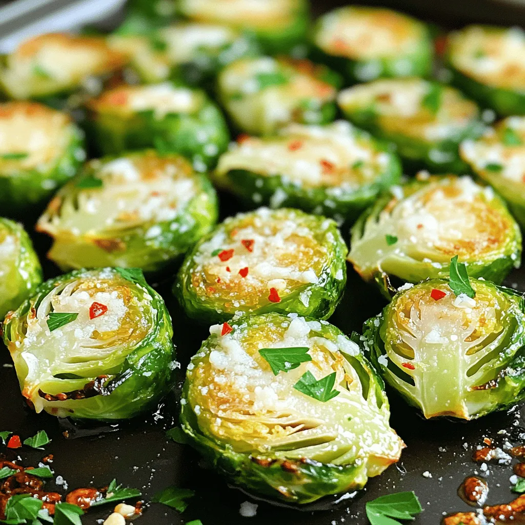 - 1 lb Brussels sprouts, trimmed and halved - 3 tablespoons extra virgin olive oil - 4 cloves of garlic, finely minced - 1/2 cup freshly grated Parmesan cheese - 1 teaspoon garlic powder - 1/2 teaspoon crushed red pepper flakes (optional for heat) - Salt and freshly ground black pepper, to taste - Fresh parsley, finely chopped (for garnish) - <strong>Alternatives for Brussels sprouts</strong>: You can use green beans or broccoli if you prefer something else. They both roast well and offer a similar texture. – <strong>Different types of cheese</strong>: If you want a twist, try using Pecorino Romano or nutritional yeast for a vegan option. Both add a unique flavor. – <strong>Substitutes for olive oil</strong>: You can replace olive oil with avocado oil or melted coconut oil. Both will give your dish a nice taste while being healthy. 1. <strong>Preheat the Oven</strong>: Start by preheating your oven to 400°F (200°C). This heat is key for crispy sprouts. 2. <strong>Prepare Brussels Sprouts</strong>: Take 1 lb of Brussels sprouts. Trim off the ends and cut them in half. Place them in a large bowl. 1. <strong>First Roast</strong>: Drizzle 3 tablespoons of extra virgin olive oil over the sprouts. Add 4 cloves of minced garlic, 1 teaspoon of garlic powder, and salt and pepper to taste. Toss everything well. Spread the sprouts on a baking sheet lined with parchment paper. Roast for 20 minutes. This step helps them become tender and caramelized. 2. <strong>Add Parmesan</strong>: After 20 minutes, take the baking sheet out of the oven. Sprinkle 1/2 cup of freshly grated Parmesan cheese evenly over the sprouts. Toss gently to mix. 3. <strong>Final Roast</strong>: Return the baking sheet to the oven. Roast for another 10-15 minutes. Watch for the sprouts to turn golden brown. The cheese will melt and form a nice crust. – <strong>Presentation Tips</strong>: Serve the Brussels sprouts in a warm bowl. Drizzle any leftover oil from the baking sheet on top for added flavor. You can also add a bit more Parmesan and some parsley leaves for a fresh look. – <strong>Additional Topping Ideas</strong>: Try adding crushed red pepper flakes for some heat. You can also sprinkle some nuts or seeds for crunch. For the complete Garlic Parmesan Roasted Brussels Sprouts Delight recipe, check the [Full Recipe]. To cook Brussels sprouts evenly, follow these tips: – <strong>Cut them the same size</strong>: Halving each sprout helps them cook at the same rate. – <strong>Use a hot oven</strong>: Roasting at 400°F (200°C) gives you crisp edges and soft centers. – <strong>Don’t overcrowd the pan</strong>: Spread them out on the baking sheet. If they touch, they won’t brown well. Spacing is key. When the Brussels sprouts have space, they roast better. Air can flow around them, which helps with that crispy texture. Want to switch up the flavors? Here are some ideas: – <strong>Try different herbs</strong>: Fresh thyme or rosemary adds a nice touch. – <strong>Use lemon zest</strong>: It brightens the dish and adds a fresh twist. – <strong>Add nuts</strong>: Chopped walnuts or pecans give a crunchy contrast. For a kick, sprinkle in some extra spices. Try cayenne for heat or smoked paprika for a savory depth. Adjust based on your taste. A little goes a long way! Ready to make these delicious bites? Check out the [Full Recipe] to get started! {{image_4}} You can easily change the flavor of Garlic Parmesan Roasted Brussels Sprouts. One great option is to add bacon or pancetta. These meats bring a savory taste that pairs well with the garlic and cheese. Just cook the bacon until crispy, chop it up, and mix it with the Brussels sprouts before roasting. For a vegetarian or vegan option, skip the cheese and use nutritional yeast. It adds a cheesy flavor without dairy. You can also use vegan butter in place of olive oil for a richer taste. If you want to save time, consider using an air fryer. To do this, follow these steps: 1. Preheat the air fryer to 375°F (190°C). 2. Toss the Brussels sprouts with oil and seasonings in a bowl. 3. Place them in the air fryer basket. 4. Cook for about 10-12 minutes, shaking the basket halfway through. You can also use a stovetop method for quick prep. Just sauté the Brussels sprouts in a skillet with oil over medium heat. Cook them for about 10-15 minutes, stirring often. They will become tender and get a nice brown color. These variations let you enjoy Garlic Parmesan Roasted Brussels Sprouts in new ways. Make them your own! For the full recipe, check out the link. To keep your Garlic Parmesan Roasted Brussels Sprouts fresh, follow these steps: – Allow the sprouts to cool down. – Place them in an airtight container. – Store in the fridge. They can last up to <strong>3 days</strong> in the fridge. This way, you can enjoy them later without losing flavor. When you want to enjoy your leftovers, reheating is key. Here are some easy methods: – <strong>Oven Method</strong>: Preheat your oven to <strong>350°F (175°C)</strong>. Place the Brussels sprouts on a baking tray and warm for about <strong>10 minutes</strong>. This keeps them crispy. – <strong>Skillet Method</strong>: Heat a non-stick skillet over medium heat. Add your sprouts and cook for <strong>5-7 minutes</strong>, stirring often. This gives a nice crisp. Avoid microwaving if you can. It can make them soggy. Reheating properly helps keep that delicious texture. <strong>Can I make Garlic Parmesan Roasted Brussels Sprouts ahead of time?</strong> Yes, you can prepare the Brussels sprouts ahead of time. Toss them with oil and seasonings, then store them in the fridge. When ready to cook, just roast them as directed. This saves time on busy days. <strong>What do I serve with Garlic Parmesan Roasted Brussels Sprouts?</strong> These sprouts pair well with many dishes. Try serving them with roasted chicken or grilled fish. They also complement pasta dishes or a hearty grain salad. Their rich flavor adds a nice touch to any meal. <strong>What if my Brussels sprouts are bitter?</strong> Bitterness can happen if the sprouts are overcooked or not fresh. To fix this, try blanching them briefly in boiling water before roasting. This helps to mellow the flavor and makes them taste sweeter. <strong>How to fix mushy Brussels sprouts after cooking?</strong> If your Brussels sprouts turn mushy, you can crisp them up. Place them under the broiler for a few minutes. This adds a nice crunch and improves texture. You can also try roasting them less next time for better results. To sum it up, this blog post covers all you need for Garlic Parmesan Roasted Brussels sprouts. We explored the ingredients, detailed instructions, and tips for perfect roasting. Remember, small changes can lead to big flavor. You can mix and match ingredients to find your best combo. Plus, storing and reheating leftovers is easy if you follow the steps. Enjoy your tasty dish! With practice, you’ll master the art of roasting Brussels sprouts. Happy cooking!” /></p>
</p>
<h2>Variations</h2>
</p>
<h3>Different Flavor Profiles</h3>
</p>
<p>You can easily change the flavor of Garlic Parmesan Roasted Brussels Sprouts. One great option is to add bacon or pancetta. These meats bring a savory taste that pairs well with the garlic and cheese. Just cook the bacon until crispy, chop it up, and mix it with the Brussels sprouts before roasting.</p>
</p>
<p>For a vegetarian or vegan option, skip the cheese and use nutritional yeast. It adds a cheesy flavor without dairy. You can also use vegan butter in place of olive oil for a richer taste.</p>
</p>
<h3>Cooking Method Alternatives</h3>
</p>
<p>If you want to save time, consider using an air fryer. To do this, follow these steps:</p>
</p>
<p>1. Preheat the air fryer to 375°F (190°C).</p>
<p>2. Toss the Brussels sprouts with oil and seasonings in a bowl.</p>
<p>3. Place them in the air fryer basket.</p>
<p>4. Cook for about 10-12 minutes, shaking the basket halfway through.</p>
</p>
<p>You can also use a stovetop method for quick prep. Just sauté the Brussels sprouts in a skillet with oil over medium heat. Cook them for about 10-15 minutes, stirring often. They will become tender and get a nice brown color.</p>
</p>
<p>These variations let you enjoy Garlic Parmesan Roasted Brussels Sprouts in new ways. Make them your own! For the full recipe, check out the link.</p>
</p>
<h2>Storage Info</h2>
</p>
<h3>Storing Leftovers</h3>
<p>To keep your Garlic Parmesan Roasted Brussels Sprouts fresh, follow these steps:</p>
</p>
<p>– Allow the sprouts to cool down.</p>
<p>– Place them in an airtight container.</p>
<p>– Store in the fridge.</p>
</p>
<p>They can last up to <strong>3 days</strong> in the fridge. This way, you can enjoy them later without losing flavor.</p>
</p>
<h3>Reheating Tips</h3>
<p>When you want to enjoy your leftovers, reheating is key. Here are some easy methods:</p>
</p>
<p>– <strong>Oven Method</strong>: Preheat your oven to <strong>350°F (175°C)</strong>. Place the Brussels sprouts on a baking tray and warm for about <strong>10 minutes</strong>. This keeps them crispy.</p>
<p>– <strong>Skillet Method</strong>: Heat a non-stick skillet over medium heat. Add your sprouts and cook for <strong>5-7 minutes</strong>, stirring often. This gives a nice crisp.</p>
</p>
<p>Avoid microwaving if you can. It can make them soggy. Reheating properly helps keep that delicious texture.</p>
</p>
<h2>FAQs</h2>
</p>
<h3>Common Questions</h3>
</p>
<p><strong>Can I make Garlic Parmesan Roasted Brussels Sprouts ahead of time?</strong></p>
<p>Yes, you can prepare the Brussels sprouts ahead of time. Toss them with oil and seasonings, then store them in the fridge. When ready to cook, just roast them as directed. This saves time on busy days.</p>
</p>
<p><strong>What do I serve with Garlic Parmesan Roasted Brussels Sprouts?</strong></p>
<p>These sprouts pair well with many dishes. Try serving them with roasted chicken or grilled fish. They also complement pasta dishes or a hearty grain salad. Their rich flavor adds a nice touch to any meal.</p>
</p>
<h3>Troubleshooting</h3>
</p>
<p><strong>What if my Brussels sprouts are bitter?</strong></p>
<p>Bitterness can happen if the sprouts are overcooked or not fresh. To fix this, try blanching them briefly in boiling water before roasting. This helps to mellow the flavor and makes them taste sweeter.</p>
</p>
<p><strong>How to fix mushy Brussels sprouts after cooking?</strong></p>
<p>If your Brussels sprouts turn mushy, you can crisp them up. Place them under the broiler for a few minutes. This adds a nice crunch and improves texture. You can also try roasting them less next time for better results.</p>
</p>
<p>To sum it up, this blog post covers all you need for Garlic Parmesan Roasted Brussels sprouts. We explored the ingredients, detailed instructions, and tips for perfect roasting. Remember, small changes can lead to big flavor. You can mix and match ingredients to find your best combo. Plus, storing and reheating leftovers is easy if you follow the steps. Enjoy your tasty dish! With practice, you’ll master the art of roasting Brussels sprouts. Happy cooking!</p>
<div id=