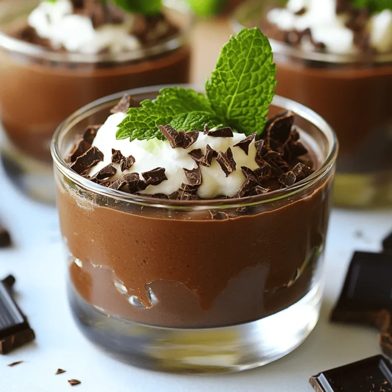 - 2 ripe avocados, peeled and pitted - 1/3 cup unsweetened cocoa powder - 1/4 cup maple syrup or honey - 1/4 cup almond milk (or plant-based alternative) - 1 teaspoon pure vanilla extract - A pinch of sea salt - Optional garnishes: dark chocolate shavings, fresh mint leaves For this chocolate avocado mousse, I love using ripe avocados. They give the mousse a rich, creamy texture. The cocoa powder provides a deep chocolate flavor. Maple syrup or honey adds just the right sweetness. Almond milk helps create a smooth blend. A pinch of sea salt balances out the flavors. Optional garnishes like dark chocolate shavings and fresh mint leaves make the dish pop. They add a lovely touch and extra flavor. You can find all these ingredients at your local store. For the full recipe, check out the details above. Enjoy making this creamy and decadent treat! - Step 1: Prepare the avocados Start by peeling and pitting the ripe avocados. The avocados should be soft but not overripe. This ensures a smooth texture. - Step 2: Measure dry and wet ingredients Gather all your ingredients. You will need cocoa powder, maple syrup or honey, almond milk, vanilla extract, and a pinch of salt. Measure them out to avoid any mess. - Step 3: Combine all ingredients in a blender Place the prepared avocados in your blender. Add the cocoa powder, maple syrup or honey, almond milk, vanilla extract, and salt. This mix brings together rich flavors. - Step 4: Blend until smooth and creamy Blend the mixture on high speed. Stop to scrape down the sides as needed. Blend until the mousse is completely smooth and creamy. This step is crucial for that perfect texture. - Step 5: Adjust sweetness and consistency After blending, taste the mousse. If it needs more sweetness, add a touch of maple syrup or honey. If it feels too thick, add a splash of almond milk for creaminess. - Step 6: Spoon mousse into serving dishes Carefully spoon the mousse into individual serving dishes. Using clear glasses is a great idea. It highlights the lovely, dark color of the mousse. - Step 7: Chill before serving Place the mousse in the fridge for at least 30 minutes. This chilling time helps the flavors mix and the mousse firm up. It’s worth the wait! For the full recipe, refer to the section above. To achieve the ideal creaminess in your chocolate avocado mousse, use ripe avocados. Look for avocados that yield slightly to gentle pressure. This means they are ready to blend into a silky texture. Blend the avocados until they are completely smooth. Stop to scrape the sides of the blender often. If the mousse feels too thick, add a bit more almond milk. Adjusting sweetness is simple. Start with the suggested maple syrup or honey. After blending, taste the mousse. If you want more sweetness, add a little more syrup. Blend again to mix it well. This way, you control the flavor to suit your taste buds. For more flavor, consider adding spices. A pinch of cinnamon or a dash of espresso powder can enhance the chocolate taste. You can also fold in a teaspoon of nut butter for extra richness. Pairing suggestions include fresh berries or nuts. Fresh raspberries or strawberries add a nice tartness. Chopped nuts like almonds or hazelnuts give a great crunch. You can also serve the mousse with a dollop of coconut whipped cream for a creamy touch. Eye-catching serving ideas make your mousse stand out. Use clear glass cups or parfait glasses to show off the rich, dark color. For a fancy touch, top each serving with dark chocolate shavings. A sprig of fresh mint adds a pop of color and freshness. Best types of dishes for serving mousse include small bowls or dessert cups. You can also use shot glasses for a fun, bite-sized treat. Each option allows you to display your beautiful mousse while keeping it easy to enjoy. {{image_4}} For a vegan twist on chocolate avocado mousse, we can easily swap ingredients. Instead of honey, use maple syrup. Maple syrup is a great plant-based sweetener. Almond milk works well here, but you can use coconut milk or oat milk too. Both add creaminess. You can also try using silken tofu. It gives a smooth texture while keeping it vegan. Blend silken tofu with the avocado and cocoa for a rich dessert. Want to change up the flavor? You can add different types of chocolate. Dark chocolate gives a deep taste, while milk chocolate is sweeter. You could even use white chocolate for a unique spin! Adding fruits can make it fun too. Try mixing in pureed bananas or berries. They add a nice fruity touch. Spices like cinnamon or chili can also spice things up. Just a pinch can create a warm flavor profile that surprises your taste buds. For a crunch in your mousse, add nuts like almonds or hazelnuts. Just chop them finely and fold them in after blending. This adds a nice contrast to the creamy texture. If you want a lighter mousse, try folding in whipped aquafaba. Aquafaba is the liquid from canned chickpeas. Whipping it gives a fluffy texture. Carefully add it to your mix to keep it airy. This makes the mousse feel light and fluffy while still tasting rich. Try these variations to make your chocolate avocado mousse even more exciting! You can find the full recipe [Full Recipe]. To keep your chocolate avocado mousse fresh, store it in the fridge. Use an airtight container to prevent it from absorbing other smells. Make sure to cover the mousse with plastic wrap or a lid. This way, it stays creamy and tasty. If you want to save it for longer, you can freeze it. Put the mousse in a freezer-safe container, leaving some space at the top for expansion. You can freeze it for up to three months. The mousse can last in the fridge for about three days. After that, it may start to lose its creamy texture. Look for discoloration or an off smell. If the mousse starts to turn brown or smells strange, it's best to toss it. Always check before you enjoy this delicious treat. Can I use regular cocoa powder instead of unsweetened? No, unsweetened cocoa powder works best for this mousse. Regular cocoa has added sugar, which can alter the taste. The unsweetened kind gives a rich chocolate flavor without extra sweetness. How can I make this recipe nut-free? You can easily make this mousse nut-free. Just swap almond milk for oat milk or soy milk. Both options keep the mousse creamy and delicious without nuts. Is there a way to make this mousse sugar-free? Yes! You can use a sugar substitute like stevia or erythritol. Both sweeteners can replace maple syrup or honey. Just adjust the amount to meet your taste. Avocados are a superfood. They are high in healthy fats, which help your heart. They also contain fiber, which aids digestion. One avocado has about 250 calories, but it packs a lot of nutrients! Each serving of this mousse has: - Healthy fats from avocados - Antioxidants from cocoa powder - Fiber from avocados and optional sweeteners What can you serve with chocolate avocado mousse? Try fresh berries or a sprinkle of sea salt to balance the flavors. You can also top it with whipped coconut cream for extra richness. This mousse is perfect for many occasions. Serve it at dinner parties, birthdays, or when you simply need a treat. It impresses guests while being healthy and easy to make. For the full recipe, check out the previous section! This blog covered everything you need to make chocolate avocado mousse. We listed the ingredients, shared simple steps, and provided tips for the best texture. You can explore variations, vegan options, and storage advice too. In the end, this dessert is both tasty and healthy. Try it for special events or a sweet treat. Enjoy creating your delicious chocolate mousse!
