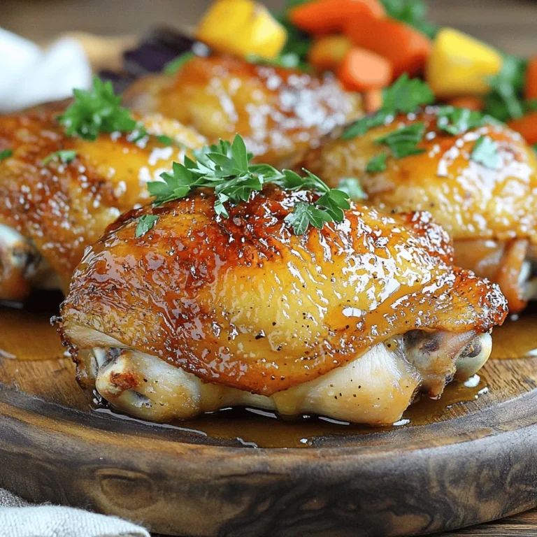 - 4 bone-in, skin-on chicken thighs - 1/4 cup honey - 1/4 cup Dijon mustard - 2 tablespoons apple cider vinegar - 2 cloves garlic, minced - 1 teaspoon smoked paprika - 1 teaspoon dried thyme - Salt and pepper to taste - 2 tablespoons olive oil - Fresh parsley, chopped (for garnish) These simple ingredients make a big impact. The chicken thighs are juicy and full of flavor. Honey brings a sweet touch, while Dijon mustard adds a nice bite. Apple cider vinegar gives it a tangy kick. Garlic, smoked paprika, and thyme round out the taste. Use fresh parsley for a pop of color. - Calories per serving: About 330 calories - Protein, fats, and carbohydrates breakdown: Each thigh has around 25g protein, 22g fat, and 5g carbs. - Health benefits of ingredients: Chicken thighs offer protein for muscle health. Honey can boost energy, and mustard has antioxidants. Olive oil is good for heart health. This dish is not just tasty; it's packed with good nutrients too. Enjoy your honey mustard chicken thighs knowing they can be part of a healthy meal. Check out the Full Recipe for more details on how to cook this delicious dish! To make the marinade, start by grabbing a medium mixing bowl. Add the following ingredients: - 1/4 cup honey - 1/4 cup Dijon mustard - 2 tablespoons apple cider vinegar - 2 cloves garlic, minced - 1 teaspoon smoked paprika - 1 teaspoon dried thyme - Salt and pepper to taste Whisk these ingredients together until you get a smooth and well-mixed marinade. If it feels too thick, add a splash of water to help thin it out. Now that you have the marinade ready, it's time to marinate the chicken thighs. Place the thighs in a large resealable plastic bag or shallow dish. Pour the honey mustard marinade over the chicken. Make sure each thigh is coated well. Seal the bag or cover the dish tightly. For the best flavor, let the chicken marinate for at least 30 minutes. If you have time, marinating for up to 2 hours works even better. For cooking, you can start with searing. Heat 2 tablespoons of olive oil in a large, oven-safe skillet over medium-high heat. After marinating, take the chicken thighs out of the marinade and set aside the leftover marinade for later. Place the thighs skin side down in the skillet. Sear for about 5-7 minutes or until they are golden brown. Then, flip the thighs and cook for another 5 minutes. Now it's time to bake. Preheat your oven to 425°F (220°C). After searing, pour the reserved marinade evenly over the chicken thighs. Transfer the skillet to your hot oven. Bake for 25-30 minutes or until the chicken's internal temperature reaches 165°F (75°C). The skin should be crispy and caramelized, making it a treat. For the full recipe, check out the details above. To make the best honey mustard chicken thighs, you might want to tweak the marinade. If you like it sweeter, add more honey. For a tangy kick, increase the Dijon mustard. Finding the right balance makes a big difference. Crispy chicken skin is a must! To get that golden crunch, start by searing the chicken skin side down in a hot skillet. This step helps to render the fat and crisp up the skin. Make sure not to overcrowd the pan, or the chicken will steam instead of sear. Pair your honey mustard chicken with sides that complement its flavors. Roasted vegetables are a great choice. They add color and a tasty crunch. A fresh salad can also brighten the meal. For plating, arrange the chicken on a large platter. Drizzle the warm sauce over the chicken and sprinkle chopped parsley for a vibrant finish. One mistake new cooks make is over-marinating. If you leave the chicken in the marinade too long, it may become too salty and mushy. Aim for 30 minutes to 2 hours for best results. Another error is not cooking at the right temperature. Always use a meat thermometer to check the chicken’s internal temperature. It should reach 165°F (75°C). If you undercook it, the chicken can be unsafe to eat. If you overcook it, the chicken will dry out. {{image_4}} To mix things up, you can swap ingredients in the honey mustard chicken thighs recipe. For Dijon mustard, you can use yellow mustard or even spicy brown mustard. These options add different flavors while keeping the dish tasty. When it comes to sweeteners, honey is a classic choice. However, you can try maple syrup or agave nectar if you want a different twist. Both options will add sweetness without losing that nice glaze. Grilling is a great way to cook honey mustard chicken thighs. It gives the chicken a smoky flavor that pairs well with the sweet and tangy sauce. Just marinate the chicken as usual, then grill it over medium heat. Cook each side for about 6-8 minutes. The result is juicy chicken with grill marks that look amazing. If you want to make it even easier, consider slow-cooking. This method makes the chicken very tender and full of flavor. Just marinate the chicken, place it in the slow cooker, and set it on low for about 6 hours. The chicken will fall off the bone and soak up all that delicious marinade. For those who are gluten-free, this recipe is easy to adapt. Just ensure your Dijon mustard and any other sauces are gluten-free. Most brands offer safe options. If you're watching carbs, you can still enjoy this dish. Use a sugar-free sweetener instead of honey. This change helps keep the taste while lowering the carb count. You can also serve the chicken with a side of steamed veggies for a low-carb meal. For the full recipe, check out the link provided. To keep your honey mustard chicken thighs fresh, store them in the fridge. Use an airtight container. This helps keep moisture in and prevents odors from other foods. You can safely store leftovers for up to three days. After that, the chicken may dry out or lose flavor. If you want to keep your honey mustard chicken thighs longer, freezing is a great option. First, let the chicken cool completely. Next, wrap each thigh in plastic wrap. Place the wrapped thighs in a freezer bag. Remove as much air as possible. Label the bag with the date. You can freeze them for up to three months. To thaw, move the chicken to the fridge overnight. This keeps the texture nice. When ready to eat, reheat gently in the oven or on the stovetop. To reheat your chicken thighs and keep them juicy, use the oven. Preheat it to 350°F (175°C). Place the chicken in a baking dish. Add a splash of chicken broth or water to keep it moist. Cover the dish with foil. Heat for about 20 minutes or until warmed through. You can also reheat them in a skillet over medium heat. Just add a little oil to avoid sticking. This method helps keep the skin crispy while keeping the meat tender. You should marinate chicken thighs for at least 30 minutes. This time helps the meat soak up the flavor. For the best taste, aim for a two-hour marination. The longer you marinate, the more intense the flavors become. Yes, you can use chicken breasts instead of thighs. However, chicken thighs stay moist and flavorful. If you choose breasts, watch the cooking time closely. Breasts can dry out if cooked too long. You can use honey mustard marinade on many meats. It works great with pork chops, salmon, or even tofu. You can also use it as a salad dressing or a dipping sauce. The sweet and tangy flavors add zest to any dish. Check the internal temperature of the chicken thighs. They should reach 165°F (75°C) for safe eating. You can also cut into the thickest part of the thigh. The juices should run clear, and the meat should not be pink. Absolutely! You can marinate the chicken a day before. Just keep it in the fridge until you are ready to cook. This will save time and give the flavors more time to develop. For the best taste, cook it fresh, but prepping ahead works well too. This blog post covers an easy recipe for honey mustard chicken thighs, packed with flavor. You learned the key ingredients and their health benefits, as well as how to prepare and cook the dish for the best results. I shared tips for perfecting your dish and offered some variations if you want to mix things up. Remember to store leftovers properly to enjoy this tasty meal later. Cooking can be simple and fun, and with these steps, you can serve up a great meal everyone will love. Enjoy your cooking!