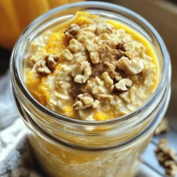 Pumpkin spice overnight oats are simple and fun to make. You will need these key ingredients: - 1 cup rolled oats - 1 cup unsweetened almond milk (or your preferred milk) - ½ cup canned pumpkin puree - 2 tablespoons maple syrup (or honey) - 1 teaspoon pumpkin pie spice - ½ teaspoon vanilla extract - ¼ cup Greek yogurt (optional) - Pinch of salt - Chopped walnuts and/or pecans for topping - Extra pumpkin pie spice for garnish These ingredients come together to create a creamy and flavorful dish. The rolled oats give you fiber and energy. The pumpkin puree adds a lovely sweetness and a vibrant orange color. Maple syrup or honey helps to balance the flavors. Pumpkin pie spice brings warmth and aroma. Adding Greek yogurt makes the oats even creamier, but it’s optional. I love topping my oats with chopped nuts for a tasty crunch. The extra sprinkle of pumpkin pie spice on top is a perfect finishing touch. Once you gather these ingredients, you're ready to dive into the full recipe and make a delightful breakfast. Enjoy the joy of making this wonderful dish! - In a medium bowl, combine 1 cup rolled oats, 1 cup almond milk, and ½ cup pumpkin puree. - Add 2 tablespoons maple syrup, 1 teaspoon pumpkin pie spice, ½ teaspoon vanilla extract, and a pinch of salt. - Mix thoroughly until all ingredients blend well. If you want creaminess, add ¼ cup Greek yogurt and mix again. - Divide the mixture into two jars. Seal them tightly to keep the oats fresh. - Refrigerate overnight or let them sit for at least 4 hours. This soaking makes the oats soft and tasty. - Stir the oats well before serving. If they are too thick, add a splash of milk. - Top your oats with chopped walnuts or pecans for crunch. Finish with a sprinkle of extra pumpkin pie spice for flavor. For the full recipe, check out the earlier section. Enjoy your tasty morning boost! Soaking the oats overnight is key. This allows them to absorb the milk and flavors. It makes the oats soft and creamy. I suggest at least 4 hours in the fridge. If you find the oats too thick, add a splash of milk. This will help you reach your desired consistency. Serving your oats in clear glass jars adds a nice touch. You can see the layers, which looks great. For a festive look, add a cinnamon stick on top. You can also sprinkle some extra pumpkin pie spice for color. These small details make your dish more inviting. Want to sweeten the deal? Try adding more maple syrup or honey. If you want extra spice, consider adding a pinch of cinnamon. You can also switch up your toppings. Try bananas, apples, or even a dollop of nut butter for variety. Each addition brings a new taste and texture to your oats. For the full recipe, check out the details. {{image_4}} You can make this dish fit your needs. For a dairy-free option, swap Greek yogurt for coconut yogurt or almond yogurt. Both provide creaminess without dairy. If you want gluten-free oats, choose certified gluten-free rolled oats. This ensures you avoid any wheat contamination. Mixing spices can add fun to your oats! Try adding cinnamon or nutmeg for a warm touch. You can also include fruits like bananas or chopped apples. They add natural sweetness and extra nutrients. This way, you can enjoy many flavors in your breakfast. For added nutrition, consider using chia seeds. They enhance texture and make the dish more filling. If you like nutty flavors, try different nut butters like almond or peanut butter. This adds a creamy richness and a boost of protein. Explore these ideas to make your pumpkin spice overnight oats even more delicious! For the full recipe, follow the instructions provided above. To keep your pumpkin spice overnight oats fresh, use airtight jars. This seals in moisture and flavor. You can store them in the refrigerator for up to 5 days. Just remember that the oats will soak up liquid over time. You may need to add a splash of milk when serving. You can freeze portions of your overnight oats if you want to save them for later. Just scoop the mixture into freezer-safe containers. Leave some space at the top for expansion. When you want to eat them, thaw them overnight in the fridge. For the best results, reheat them in a microwave or on the stove. If you prefer your oats warm, you can reheat them. The best method is to microwave them in short bursts. Stir between intervals to make sure they heat evenly. If you like, add a drizzle of maple syrup or a sprinkle of extra pumpkin pie spice on top after reheating. Enjoy your tasty morning boost! Yes, you can make pumpkin spice overnight oats ahead of time. I recommend you store them in the fridge for up to five days. This way, you can enjoy a tasty breakfast all week long. Just make sure to keep them in airtight jars to keep them fresh. You can use quick oats, but they will change the texture. Quick oats cook faster and become mushy when soaked. If you prefer a thicker, chewier bite, stick to rolled oats. They soak well and keep their shape, giving you a better mouthfeel. Absolutely! This recipe is perfect for meal prep. You can double or triple the ingredients and make several servings at once. Just divide them into jars. This makes breakfast easy and quick on busy mornings. Yes, you can easily make this recipe your own. Try adding fresh fruit like bananas or apples for extra flavor. You can also swap the nuts for seeds, or add a scoop of nut butter for creaminess. Don’t be afraid to experiment with spices, too! Pumpkin spice overnight oats are easy to make and delicious. You mix key ingredients, let them chill overnight, and enjoy. Remember to store them well to keep them fresh. Try different toppings or spices to make your oats fun and tasty. Don't hesitate to tweak the recipe to fit your taste or diet. This way, you’ll always look forward to your breakfast. Enjoy your tasty creation, and may your mornings be bright!