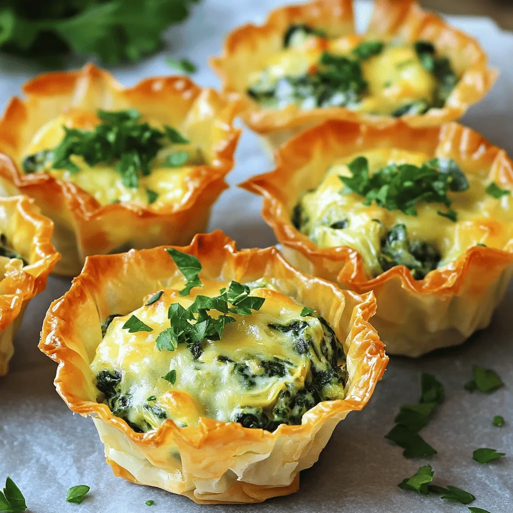 - 1 cup fresh spinach, finely chopped - 1 cup canned artichoke hearts, thoroughly drained and coarsely chopped - 2 cloves garlic, minced - 1/2 cup cream cheese, softened at room temperature - 1/2 cup sour cream - 1/2 cup grated Parmesan cheese - 1/2 cup shredded mozzarella cheese - 1/2 teaspoon onion powder - 1/2 teaspoon fresh lemon juice - Salt and freshly ground black pepper to taste - 1 package of phyllo pastry sheets (approximately 12 sheets) - Cooking spray or melted butter for brushing When making Spinach Artichoke Dip Bites, you want the best ingredients. Start with fresh spinach. It gives a bright taste and nice color. For the artichokes, use canned ones. They save time and still taste great. Minced garlic adds a punch of flavor. In the dairy section, cream cheese is key. It adds creaminess that makes each bite rich. Sour cream makes it tangy. Parmesan and mozzarella bring a nice cheesy pull. For extra flavor, add onion powder and fresh lemon juice. They balance the richness. Don’t forget salt and pepper to taste. You can adjust these to fit your liking. Phyllo pastry is essential for the crunchy cups. It bakes up light and crisp. Use cooking spray or melted butter to help the layers stick together. All these ingredients work together to create a fun and tasty appetizer. You can find the full recipe to make these bites in just a few easy steps. - Preheat your oven to 375°F (190°C) - Prepare all ingredients as listed above Start by heating your oven. A hot oven cooks the bites evenly. Next, gather all your ingredients. This makes cooking smooth and fun. - Combine spinach, artichokes, cream cheese, sour cream, Parmesan, and mozzarella - Add garlic, onion powder, lemon juice, salt, and pepper In a mixing bowl, add chopped spinach and artichoke hearts. Then, mix in the cream cheese, sour cream, Parmesan, and mozzarella. This should be creamy and tasty. Next, add minced garlic, onion powder, lemon juice, salt, and pepper. Stir it well, making sure all flavors blend. - Layer phyllo sheets and brush with butter - Cut into squares and form phyllo cups in a mini muffin tin - Fill each cup with the spinach-artichoke mixture Take a sheet of phyllo pastry and lay it flat. Brush it lightly with melted butter. Stack another sheet on top and brush again. Repeat this for four sheets. Now, cut these into 3-inch squares. Gently press each square into a greased mini muffin tin to form little cups. Spoon the spinach-artichoke mixture into each cup. - Bake for 15-20 minutes until golden and crispy - Cool slightly before serving Put the muffin tin in the preheated oven. Bake for 15 to 20 minutes. Keep an eye on them. You want them golden and crispy. Once done, let them cool a bit before serving. This helps keep their shape. Enjoy your tasty bites! For the full recipe, check the section above. To make your Spinach Artichoke Dip Bites shine, adjust the seasoning. A little salt and pepper can go a long way. Taste your mix before you fill the phyllo cups. You can also try different cheese blends. Mixing mozzarella with sharp cheddar adds a nice kick. If you want a creamier dip, add more cream cheese. Layering phyllo sheets gives you the best texture. Start by laying one sheet down and brushing it with melted butter. Add another sheet on top, then brush again. Repeat this four times. This creates a nice, crunchy bite. Be careful when handling phyllo. It tears easily, so work slowly and gently. If you see a tear, don’t worry! Just patch it with another piece. Serve your dip bites on a fun platter. Pair them with dips or sauces for added flavor. A side of marinara or ranch dressing works great. For garnishing, sprinkle fresh parsley or chili flakes on top. This adds color and a little heat to your dish. Remember, the way you present food matters. It can make your bites look even more delicious. For the full recipe, check out Spinach Artichoke Dip Bites. Enjoy your cooking adventure! {{image_4}} You can swap spinach for kale or other greens. Kale gives a nice crunch and flavor. You can also use different cheeses. Goat cheese adds tang, while cheddar brings a rich taste. Mixing cheeses can make your bites even better. For a gluten-free option, use gluten-free phyllo dough. This change keeps the texture light and flaky. If you want a vegan version, use plant-based cheeses. There are great options that melt well and taste good. You can also find dairy-free sour cream to keep it creamy. To spice things up, add red pepper flakes or smoked paprika. These ingredients can bring a kick to your bites. You may also want to add other veggies. Diced bell peppers or mushrooms can add color and taste. They make your bites more fun and interesting. To store Spinach Artichoke Dip Bites in the fridge, place them in an airtight container. Make sure they cool down first. They will stay fresh for about three days. When you want to eat them again, you can reheat them. The best way is to put them in the oven at 350°F (175°C). Heat for about 10 minutes. This keeps them crispy and warm. Yes, you can freeze the prepared bites. First, let them cool completely. Then, place them in a single layer on a baking sheet. Freeze until firm, which takes about an hour. After that, transfer them to a freezer-safe bag. Press out extra air and seal tightly. To reheat, remove from the freezer and bake directly from frozen at 375°F (190°C) for 20-25 minutes. This helps maintain a good texture. Enjoy your tasty bites whenever you want! You can prepare the filling a day ahead. Just store it in the fridge. When you're ready, layer the phyllo sheets and fill the cups. Bake them fresh for a tasty treat. This keeps the bites crispy and warm. Yes, you can use frozen spinach. Just make sure to thaw and drain it well. Frozen spinach can be wetter than fresh. You may need to adjust the amount of cream cheese or sour cream to keep the filling thick. These bites are great on their own. You can also pair them with salsa, guacamole, or a fresh salad. Chips or crackers add a nice crunch too. A side of fresh veggies is a healthy choice. Yes, these bites are vegetarian. They contain no meat or fish. You can also make them vegan by swapping the dairy for plant-based options. This way, everyone can enjoy them at your gathering. For the full recipe, check out the details above. In this article, we covered how to make Spinach Artichoke Dip Bites using fresh ingredients, dairy items, and phyllo pastry. I shared step-by-step instructions for prepping, mixing, and baking. You also learned tips for flavor, serving, and storage. These bites are versatile and perfect for any occasion. Experiment with different flavors and dietary options to suit your taste. Enjoy making this delicious treat!
