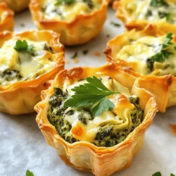 - 1 cup fresh spinach, finely chopped - 1 cup canned artichoke hearts, thoroughly drained and coarsely chopped - 2 cloves garlic, minced - 1/2 cup cream cheese, softened at room temperature - 1/2 cup sour cream - 1/2 cup grated Parmesan cheese - 1/2 cup shredded mozzarella cheese - 1/2 teaspoon onion powder - 1/2 teaspoon fresh lemon juice - Salt and freshly ground black pepper to taste - 1 package of phyllo pastry sheets (approximately 12 sheets) - Cooking spray or melted butter for brushing When making Spinach Artichoke Dip Bites, you want the best ingredients. Start with fresh spinach. It gives a bright taste and nice color. For the artichokes, use canned ones. They save time and still taste great. Minced garlic adds a punch of flavor. In the dairy section, cream cheese is key. It adds creaminess that makes each bite rich. Sour cream makes it tangy. Parmesan and mozzarella bring a nice cheesy pull. For extra flavor, add onion powder and fresh lemon juice. They balance the richness. Don’t forget salt and pepper to taste. You can adjust these to fit your liking. Phyllo pastry is essential for the crunchy cups. It bakes up light and crisp. Use cooking spray or melted butter to help the layers stick together. All these ingredients work together to create a fun and tasty appetizer. You can find the full recipe to make these bites in just a few easy steps. - Preheat your oven to 375°F (190°C) - Prepare all ingredients as listed above Start by heating your oven. A hot oven cooks the bites evenly. Next, gather all your ingredients. This makes cooking smooth and fun. - Combine spinach, artichokes, cream cheese, sour cream, Parmesan, and mozzarella - Add garlic, onion powder, lemon juice, salt, and pepper In a mixing bowl, add chopped spinach and artichoke hearts. Then, mix in the cream cheese, sour cream, Parmesan, and mozzarella. This should be creamy and tasty. Next, add minced garlic, onion powder, lemon juice, salt, and pepper. Stir it well, making sure all flavors blend. - Layer phyllo sheets and brush with butter - Cut into squares and form phyllo cups in a mini muffin tin - Fill each cup with the spinach-artichoke mixture Take a sheet of phyllo pastry and lay it flat. Brush it lightly with melted butter. Stack another sheet on top and brush again. Repeat this for four sheets. Now, cut these into 3-inch squares. Gently press each square into a greased mini muffin tin to form little cups. Spoon the spinach-artichoke mixture into each cup. - Bake for 15-20 minutes until golden and crispy - Cool slightly before serving Put the muffin tin in the preheated oven. Bake for 15 to 20 minutes. Keep an eye on them. You want them golden and crispy. Once done, let them cool a bit before serving. This helps keep their shape. Enjoy your tasty bites! For the full recipe, check the section above. To make your Spinach Artichoke Dip Bites shine, adjust the seasoning. A little salt and pepper can go a long way. Taste your mix before you fill the phyllo cups. You can also try different cheese blends. Mixing mozzarella with sharp cheddar adds a nice kick. If you want a creamier dip, add more cream cheese. Layering phyllo sheets gives you the best texture. Start by laying one sheet down and brushing it with melted butter. Add another sheet on top, then brush again. Repeat this four times. This creates a nice, crunchy bite. Be careful when handling phyllo. It tears easily, so work slowly and gently. If you see a tear, don’t worry! Just patch it with another piece. Serve your dip bites on a fun platter. Pair them with dips or sauces for added flavor. A side of marinara or ranch dressing works great. For garnishing, sprinkle fresh parsley or chili flakes on top. This adds color and a little heat to your dish. Remember, the way you present food matters. It can make your bites look even more delicious. For the full recipe, check out Spinach Artichoke Dip Bites. Enjoy your cooking adventure! {{image_4}} You can swap spinach for kale or other greens. Kale gives a nice crunch and flavor. You can also use different cheeses. Goat cheese adds tang, while cheddar brings a rich taste. Mixing cheeses can make your bites even better. For a gluten-free option, use gluten-free phyllo dough. This change keeps the texture light and flaky. If you want a vegan version, use plant-based cheeses. There are great options that melt well and taste good. You can also find dairy-free sour cream to keep it creamy. To spice things up, add red pepper flakes or smoked paprika. These ingredients can bring a kick to your bites. You may also want to add other veggies. Diced bell peppers or mushrooms can add color and taste. They make your bites more fun and interesting. To store Spinach Artichoke Dip Bites in the fridge, place them in an airtight container. Make sure they cool down first. They will stay fresh for about three days. When you want to eat them again, you can reheat them. The best way is to put them in the oven at 350°F (175°C). Heat for about 10 minutes. This keeps them crispy and warm. Yes, you can freeze the prepared bites. First, let them cool completely. Then, place them in a single layer on a baking sheet. Freeze until firm, which takes about an hour. After that, transfer them to a freezer-safe bag. Press out extra air and seal tightly. To reheat, remove from the freezer and bake directly from frozen at 375°F (190°C) for 20-25 minutes. This helps maintain a good texture. Enjoy your tasty bites whenever you want! You can prepare the filling a day ahead. Just store it in the fridge. When you're ready, layer the phyllo sheets and fill the cups. Bake them fresh for a tasty treat. This keeps the bites crispy and warm. Yes, you can use frozen spinach. Just make sure to thaw and drain it well. Frozen spinach can be wetter than fresh. You may need to adjust the amount of cream cheese or sour cream to keep the filling thick. These bites are great on their own. You can also pair them with salsa, guacamole, or a fresh salad. Chips or crackers add a nice crunch too. A side of fresh veggies is a healthy choice. Yes, these bites are vegetarian. They contain no meat or fish. You can also make them vegan by swapping the dairy for plant-based options. This way, everyone can enjoy them at your gathering. For the full recipe, check out the details above. In this article, we covered how to make Spinach Artichoke Dip Bites using fresh ingredients, dairy items, and phyllo pastry. I shared step-by-step instructions for prepping, mixing, and baking. You also learned tips for flavor, serving, and storage. These bites are versatile and perfect for any occasion. Experiment with different flavors and dietary options to suit your taste. Enjoy making this delicious treat!