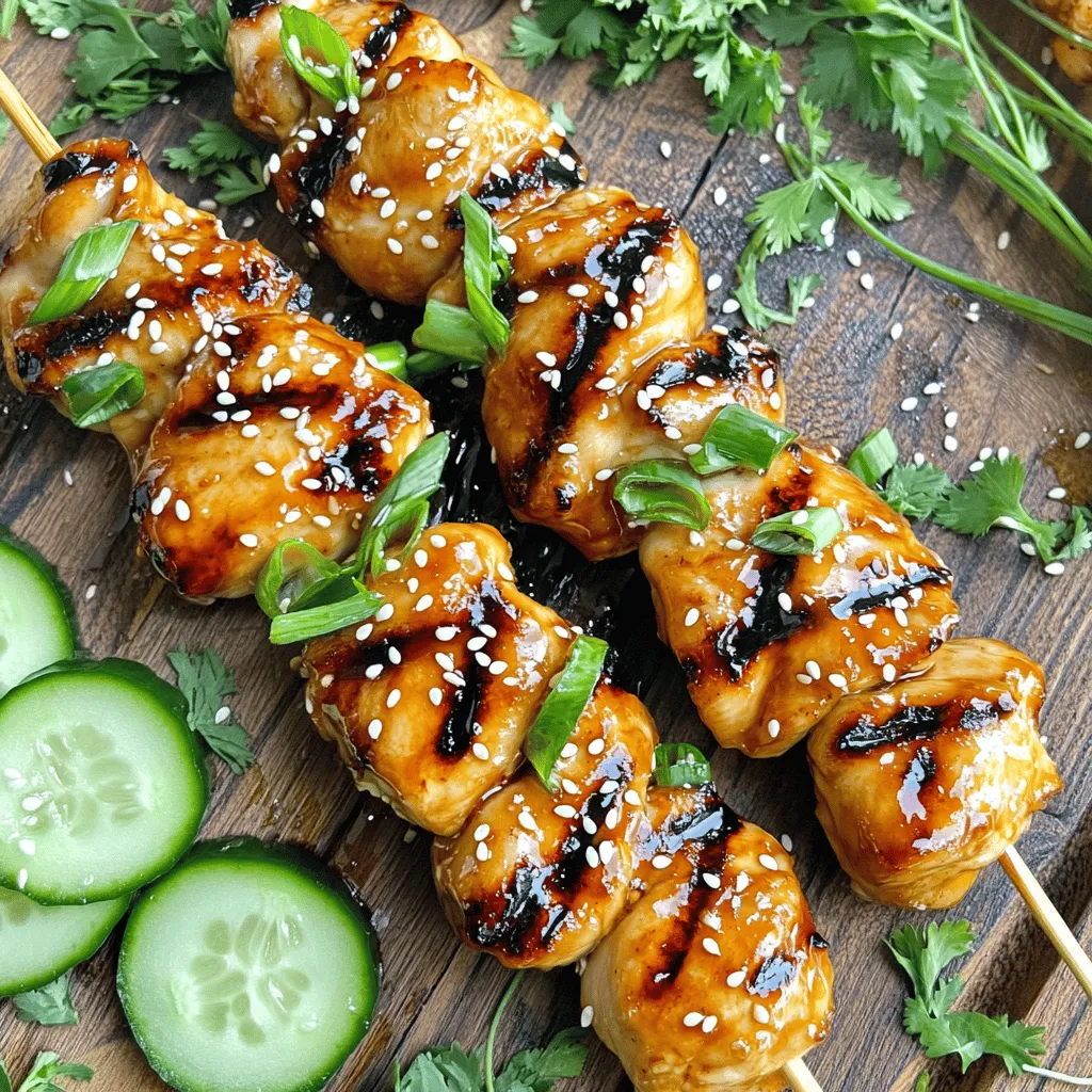 - 1 lb (450g) chicken breast, cut into 1-inch cubes - 1/4 cup low sodium soy sauce - 2 tablespoons honey - 2 cloves garlic, finely minced - 1 tablespoon fresh ginger, grated You need chicken breast for protein. The soy sauce adds salt and umami flavor. Honey gives a sweet touch. Garlic and ginger add warmth and zest. Together, these ingredients create a rich marinade for your skewers. - 1/4 cup green onions, chopped (for garnish) - 1 tablespoon sesame seeds (for garnish) Green onions add a fresh crunch and bright color. Sesame seeds give a nutty flavor and a nice look. These garnishes make your dish even more appetizing. - Wooden skewers - Grill Wooden skewers hold everything together. Soak them in water for 30 minutes to prevent burning. A grill gives that perfect char and smoky taste. This equipment is key to making your teriyaki chicken skewers shine. For full details on how to prepare these delicious skewers, check the Full Recipe. To start, whisk together the following ingredients in a medium bowl: - 1/4 cup low sodium soy sauce - 2 tablespoons honey - 1 tablespoon rice vinegar - 2 cloves garlic, finely minced - 1 tablespoon fresh ginger, grated - 1 teaspoon sesame oil Make sure to whisk until the honey dissolves completely. If you find the honey is too thick, warm it slightly before mixing. This helps it blend better. Next, place the cubed chicken breast into a resealable bag or a shallow dish. Pour the marinade over the chicken. Make sure each piece gets coated. Seal the bag or cover the dish tightly. Refrigerate the chicken for at least 30 minutes. For the best taste, let it marinate for up to 2 hours. This time allows the chicken to absorb the flavors fully. While the chicken marinates, preheat your grill to medium-high heat, around 375°F (190°C). This temperature gives the chicken a nice sear. Once the chicken has marinated, thread the cubes onto soaked wooden skewers. Leave a small gap between pieces. This helps them cook evenly. Place the skewers on the grill. Grill for 10-12 minutes. Turn them occasionally for even cooking. Brush some reserved marinade on the chicken in the last few minutes for extra flavor. Check for doneness by ensuring the chicken reaches an internal temperature of 165°F (75°C). This ensures it is safe to eat and juicy. For the full recipe, refer to the previous section. To get perfect grill marks on your teriyaki chicken skewers, preheat the grill to medium-high heat. This helps the chicken sear quickly. When you place the skewers on the grill, do not move them for the first few minutes. This allows the grill to create those beautiful lines. Leave gaps between chicken pieces on the skewers. This space helps hot air circulate. As a result, the chicken cooks evenly and stays juicy. You can use the reserved marinade to brush on the chicken while grilling. This adds extra flavor and gives a nice glaze. Make sure to set aside some marinade before adding chicken. Never reuse marinade after chicken has been in it. Consider using complementary sauces. A drizzle of chili sauce or a sprinkle of lime juice can brighten the dish. These flavors work well with the sweet teriyaki. For a stunning presentation, arrange the skewers on a wooden board. This rustic look will enhance your meal. You can also add fresh herbs like cilantro or basil for a pop of color. Consider garnishing with thinly sliced cucumbers or bell peppers. These add color and crunch. Drizzle extra teriyaki sauce over the skewers for a glossy finish. It makes the dish more appealing and flavorful. For the full recipe, check out the Teriyaki Chicken Skewers section above! {{image_4}} You can add vegetables to your skewers for extra flavor and color. Great options include: - Bell peppers - Zucchini - Cherry tomatoes - Onions - Mushrooms Cut these vegetables into similar sizes as the chicken pieces. This helps them cook evenly. For cooking times, grill vegetables for about 8-10 minutes. If you want them crispy, skewer them separately. Just remember to check that they are tender but not mushy. You don’t have to stick with chicken. You can try other meats like beef or shrimp. Cut them into 1-inch cubes, just like the chicken. For beef, marinate it for about an hour. Shrimp cooks faster, so marinate for just 20-30 minutes. If you're vegetarian, use firm tofu. Cut the tofu into cubes and press it to remove excess water. Marinate the tofu for at least 30 minutes. It will soak up the teriyaki flavor nicely. Want to mix things up? Experiment with different marinades. Try using orange juice or pineapple juice instead of the rice vinegar. You can also add spices like chili flakes or black pepper for some heat. Herbs like cilantro or basil can add freshness to your skewers. Just chop them finely and mix them into the marinade. This small change can make a big difference in flavor! For more ideas, check the Full Recipe to guide your cooking adventure. To keep your teriyaki chicken skewers fresh, store them in the fridge. Use an airtight container. This helps keep moisture in and prevents drying out. They stay good for up to three days. If you want to save them longer, freeze the skewers. Wrap them tightly in plastic wrap, then place in a freezer bag. They can last for up to three months in the freezer. When you're ready to eat leftovers, you want to keep that great flavor. The best way to reheat skewers is in the oven. Preheat your oven to 350°F (175°C). Place the skewers on a baking sheet. Heat them for about 10-15 minutes. This keeps the chicken juicy and tasty. You can also use a microwave if you're short on time. Just cover the skewers with a damp paper towel. Heat for 1-2 minutes, checking often to avoid overcooking. For easy meals later, consider pre-marinating the chicken. You can marinate it the night before. This saves time on busy days. Also, think about portioning the chicken. You can make small packs for quick snacks or lunches. This way, you grab what you need without fuss. Having prepped meals can make your week easier and more delicious! To ensure that your chicken is safe to eat, check its internal temperature. Use a meat thermometer. The chicken should reach 165°F (75°C). This is the safe cooking temperature. Look for visual signs too. The chicken should no longer be pink inside. The juices should run clear. If you see these signs, your chicken is likely cooked well. Yes, store-bought teriyaki sauce can save time. Some good brands include Kikkoman and Soy Vay. They offer a nice balance of flavor. You may want to adjust the sauce. If it's too sweet, add a splash of vinegar. For more depth, mix in fresh garlic or ginger. This can enhance the taste. The best marinating time is around 30 minutes to 2 hours. This allows the flavors to soak in. Marinating for too long can change the texture. If you marinate for over 2 hours, the chicken might become mushy. Keep an eye on the time for the best results. Several sides complement teriyaki chicken. Try steamed rice or quinoa for a filling meal. You can also serve it with a fresh cucumber salad. For a colorful plate, add grilled veggies like bell peppers. These add flavor and nutrients. With these sides, you create a balanced meal that everyone will enjoy. In summary, this blog post covers everything about making Teriyaki Chicken Skewers. We discussed main and garnishing ingredients, the right equipment, and clear instructions. You learned tips for grilling, ways to enhance flavor, and variations for different diets. Finally, we explored storage practices and answered common questions. With these insights, you can create a delicious dish that impresses everyone. Enjoy grilling and experimenting with flavors, and make each meal memorable!