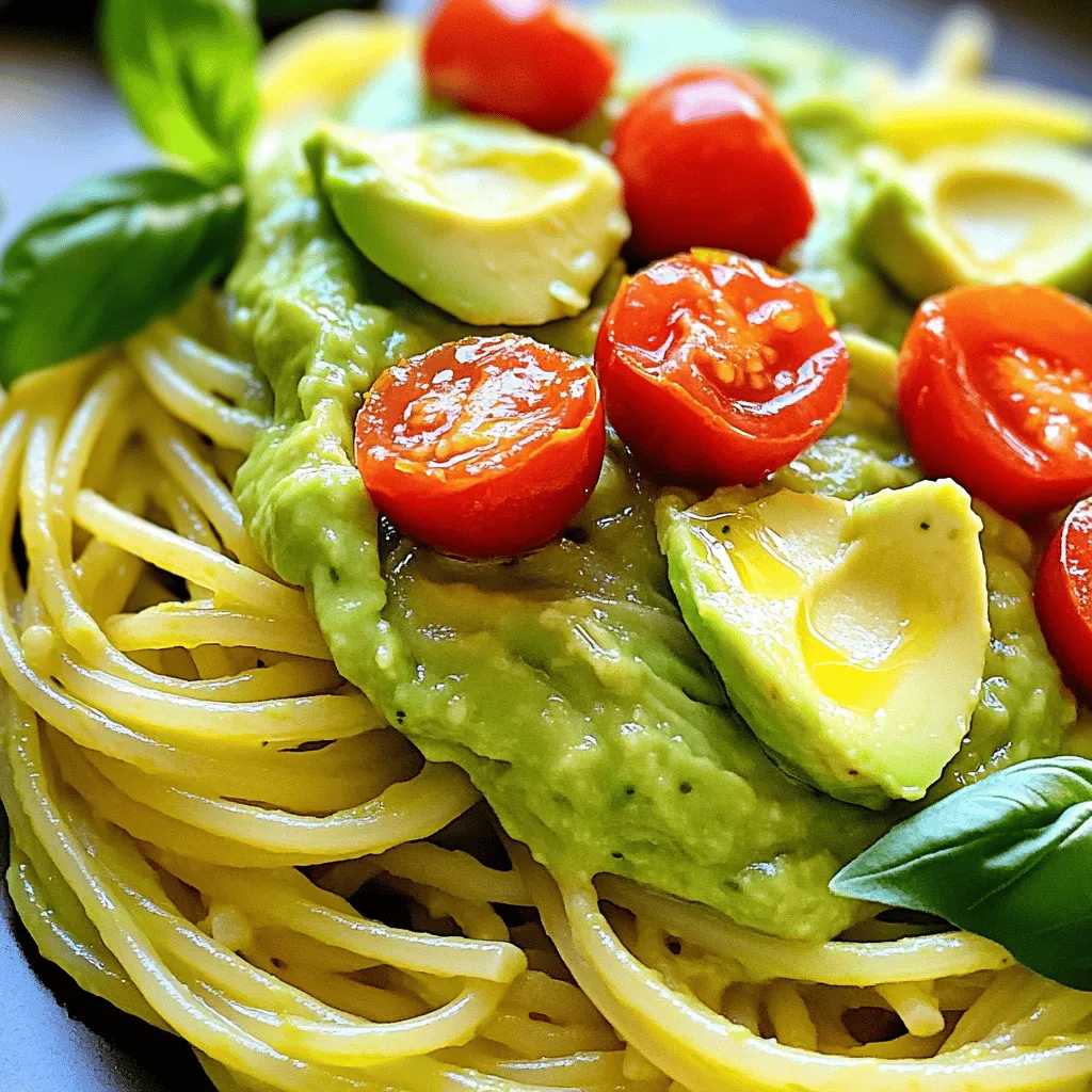 To make creamy avocado pasta, gather these items: - 12 oz spaghetti or linguine - 2 ripe avocados, pitted and flesh carefully scooped out - 2 cloves garlic, minced - 2 tablespoons fresh lemon juice (about 1 lemon) - 1/4 cup fresh basil leaves, plus extra for garnish - 1/4 cup extra virgin olive oil - 1/4 cup grated Parmesan cheese (or nutritional yeast for a vegan alternative) - Salt and freshly cracked black pepper to taste - 1/4 teaspoon red pepper flakes (optional, for those who like it spicy) - Handful of cherry tomatoes, halved, for garnish You can easily adjust this recipe to fit your needs. Here are some swaps: - Use gluten-free pasta for a gluten-free option. - Replace Parmesan with nutritional yeast for a vegan dish. - Swap olive oil with avocado oil for a different flavor. - For a nut-free version, skip any nuts in similar recipes. This dish not only tastes great but also packs a nutritional punch: - Avocados: Rich in healthy fats and fiber. They support heart health. - Garlic: Boosts immunity and adds flavor. It has many health benefits. - Lemon Juice: Helps with digestion and adds a fresh taste. - Basil: Offers antioxidants and adds vibrant flavor. - Olive Oil: Packed with healthy fats, it promotes good heart health. - Parmesan Cheese: Adds protein and calcium for strong bones. - Cherry Tomatoes: Provide vitamins A and C, supporting skin health. These ingredients work together to create a satisfying meal that is good for you! For the full recipe, check the details provided earlier. To cook the pasta, start by boiling salted water in a big pot. Bring it to a rolling boil. Add 12 oz of spaghetti or linguine. Cook it according to the package directions until it is al dente, usually about 8 to 10 minutes. Before draining, set aside 1 cup of the starchy pasta water. Drain the pasta and put it in a large mixing bowl. Now, let’s make the sauce. Grab a food processor and add the scooped flesh from 2 ripe avocados, 2 minced garlic cloves, and the juice of 1 lemon. Toss in 1/4 cup of fresh basil leaves, 1/4 cup of extra virgin olive oil, and 1/4 cup of grated Parmesan cheese. Season with a pinch of salt and pepper. Blend everything until it is smooth and creamy. If it feels too thick, add a little bit of the reserved pasta water until you like the texture. Pour the creamy avocado sauce over the drained pasta in your mixing bowl. Using tongs, gently toss the pasta until it is well coated with the sauce. If the sauce is too thick, add more reserved pasta water slowly until it reaches your preferred creaminess. Taste the pasta and adjust the seasoning with more salt, pepper, or lemon juice if needed. For a spicy kick, mix in optional red pepper flakes. This recipe makes a delightful dish that is fresh and satisfying. For the full recipe, check out the details above. To get the best texture for your creamy avocado pasta, focus on blending. Use a food processor for a smooth sauce. Start with ripe avocados; they should be soft but not brown. If your sauce is too thick, add a bit of the reserved pasta water. This helps create a nice, velvety feel. Always blend until the mixture is creamy and well combined. Adding flavor is key to a great dish. Start with salt and pepper. Fresh lemon juice brightens the sauce. You can also add more garlic for a bolder taste. Fresh basil gives a nice herbal note. If you want heat, add red pepper flakes. For a twist, try mixing in some sun-dried tomatoes or olives. These can elevate your dish further. Watch out for overcooking the pasta. You want it al dente, with a slight bite. Another mistake is not tasting before serving. Adjust the seasoning as needed. Avoid using unripe avocados; they won’t blend well. Lastly, don’t skip the pasta water; it’s essential for the sauce’s creaminess. Following these tips will help you create a delightful dish every time. For more details, check out the Full Recipe. {{image_4}} You can make this dish vegan with just a few swaps. Instead of Parmesan cheese, use nutritional yeast. It gives a cheesy flavor without any dairy. You can also add extra herbs like parsley or cilantro for more taste. This version remains creamy, green, and delicious! If you need a gluten-free meal, swap regular pasta with gluten-free spaghetti or linguine. Many brands offer tasty options made from brown rice or quinoa. These pasta types work well and keep the dish light. Just cook them al dente for the best texture. Want to boost the nutrition? Try adding protein or vegetables. Grilled chicken or shrimp makes a great addition. For a plant-based choice, add chickpeas or lentils. You can also toss in veggies like spinach, peas, or zucchini. They not only add color but also make the dish healthier. To store your creamy avocado pasta, place it in an airtight container. Make sure it cools down first. This will help keep the pasta fresh. Store it in the fridge for up to three days. The avocado sauce may darken a bit, but it still tastes great. When you're ready to eat your leftovers, reheat gently. Use a microwave-safe bowl and cover it with a lid or paper towel. Heat in short bursts of 30 seconds. Stir between each burst to avoid hot spots. If the sauce is too thick, add a splash of water or olive oil to loosen it. Freezing creamy avocado pasta is not the best option. The avocado can change texture and taste when frozen. If you must freeze it, keep in mind that the sauce may not be as smooth. Place it in a freezer-safe container. Use it within one month for the best quality. When ready to eat, thaw in the fridge overnight, then reheat as explained above. Yes, you can make this pasta ahead of time. Cook the pasta as directed and prepare the sauce. However, I recommend storing them separately. This way, the pasta stays fresh, and the sauce does not brown. When you are ready to eat, combine them and warm them up gently. You can add a little pasta water to loosen the sauce if needed. To make creamy avocado pasta without cheese, simply skip the Parmesan. Use nutritional yeast instead for a cheesy flavor. Blend your avocados, garlic, lemon juice, basil, and olive oil until smooth. Nutritional yeast adds a nice umami taste. You can also add a bit more lemon juice to enhance the flavor. Creamy avocado pasta pairs well with many sides. A light salad with fresh greens is a great choice. You can also serve it with crusty bread for a satisfying meal. Roasted vegetables or grilled chicken can add more texture and flavor. Don't forget a sprinkle of extra basil on top for a fresh touch! In this blog post, we explored how to make creamy avocado pasta. We covered ingredients, cooking steps, and tips to perfect your dish. You can enjoy variations like vegan or gluten-free options too. Remember to store leftovers well for future meals. Cooking should be fun and tasty! Use this dish to impress friends or family. With practice, you'll master creamy avocado pasta in no time. Enjoy your cooking journey!