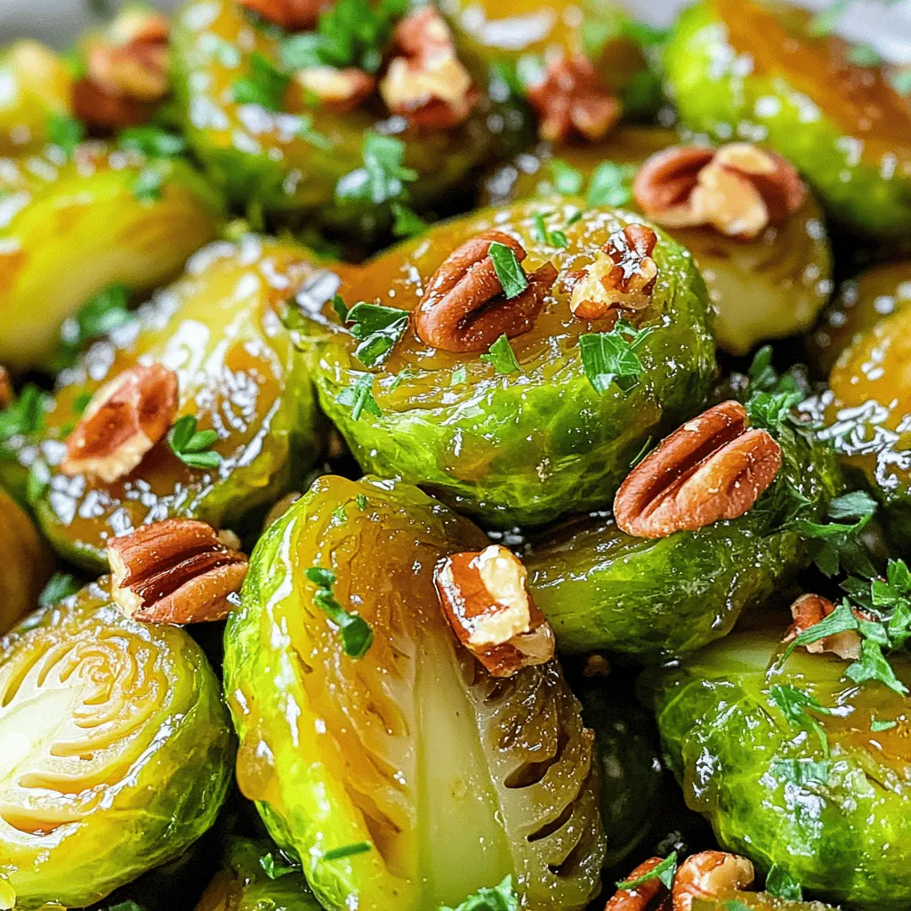 - 1 pound Brussels sprouts, trimmed and halved - 3 tablespoons extra virgin olive oil - 1/4 cup pure maple syrup - 1 teaspoon balsamic vinegar - 1 teaspoon Dijon mustard - 1/2 teaspoon garlic powder - Salt and freshly ground black pepper to taste - 1/4 cup pecans, roughly chopped (optional) - Fresh parsley, chopped for garnish When I make Maple Glazed Brussels Sprouts, I focus on fresh ingredients. Start with good Brussels sprouts. Trim them and cut them in half. This helps them cook evenly. I use extra virgin olive oil to coat the sprouts. It adds flavor and helps the glaze stick. Next, I mix the glaze. I whisk maple syrup, balsamic vinegar, Dijon mustard, and garlic powder in a bowl. This mix brings sweetness and a little tang. I add salt and pepper to taste. You can adjust this to your liking. I often add chopped pecans for crunch. They give a nice texture and nutty flavor. If you prefer, you can skip them. Finally, I garnish with fresh parsley. It adds color and freshness to the dish. - Calories per serving: About 200 - Macronutrients breakdown: - Fats: 12g - Carbs: 24g - Proteins: 3g Brussels sprouts are more than just tasty. They are low in calories and packed with nutrients. They are rich in vitamins C and K. They also contain fiber, which is great for digestion. Eating Brussels sprouts can support heart health and help with weight management. For the full recipe, check the link. This dish is not just simple. It is also a great way to enjoy healthy food! 1. Preheat your oven to 400°F (200°C). This step is key for great roasting. 2. Next, trim the stems of the Brussels sprouts. Then, cut them in half. This makes them cook evenly. 3. Place the halved sprouts in a large bowl. Drizzle the olive oil over them. Toss until they are coated well. 1. In a smaller bowl, whisk together the maple syrup, balsamic vinegar, Dijon mustard, and garlic powder. 2. Add a pinch of salt and pepper. Mix until smooth. This glaze adds sweet flavor. 3. If you want the perfect consistency, make sure not to over whisk. It should be thick but pourable. 1. Line a baking sheet with parchment paper. Spread the Brussels sprouts in a single layer. 2. Roast them in the oven for 20-25 minutes. Halfway through, toss the sprouts to cook them evenly. 3. Look for a nice golden color on the edges. This shows they are done and ready to eat. Follow this simple process from the Full Recipe, and you'll have a dish that impresses everyone! To make a great glaze, the right balance of olive oil and maple syrup is key. Use three tablespoons of olive oil and a quarter cup of maple syrup. This mix gives the Brussels sprouts a nice shine and taste. If you want to switch things up, you can try honey or agave syrup as sweeteners. Both will work well and change the flavor a bit. For added depth, think about spices. A pinch of cayenne pepper or smoked paprika can give your dish a nice kick. You can also add a dash of cinnamon for warmth. After you enjoy your maple glazed Brussels sprouts, store any leftovers in the fridge. Use an airtight container to keep them fresh. They will last for about three days. When you’re ready to eat them again, reheat them in the oven at 350°F. This helps keep their nice texture. You can also use a skillet on medium heat. Just stir them often to avoid burning. These Brussels sprouts pair well with many proteins. If you like meat, serve them with grilled chicken or pork chops. For a vegetarian option, try them with quinoa or black bean burgers. They also go great with side dishes like mashed potatoes or a fresh salad. Mixing colors and textures makes your meal more appealing and fun to eat. Enjoy your maple glazed Brussels sprouts with your favorite main dish! For the full recipe, check out the complete instructions above. {{image_4}} Adding nuts can boost flavor and crunch. I love using pecans or walnuts. They add a nice texture and a rich taste. Pecans bring a sweet, buttery flavor, while walnuts have a slightly bitter note that balances the sweetness of maple syrup. You can also try pumpkin seeds. They offer a great crunch and are packed with nutrients. Want to spice things up? Adding spices like cayenne or smoked paprika can make a big difference. Cayenne gives heat, while smoked paprika adds a nice smokiness. You can also experiment with vinegars. Try using apple cider vinegar or rice vinegar for a unique twist. Each vinegar can change the flavor profile in a fun way. If you want a quicker method, consider air frying Brussels sprouts. It gives them a crispy texture in less time. Just toss them in the glaze and place them in the air fryer. You can also use a stovetop skillet. This method cooks them fast and creates a nice char. Just heat some olive oil and sauté until they are tender. For the full recipe, check out the instructions above. Yes, you can! To make them ahead, roast the Brussels sprouts first. Then, let them cool. Store them in an airtight container in the fridge. When you’re ready to eat, reheat them in the oven at 350°F (175°C) for about 10 minutes. This keeps them crispy and tasty. You can also microwave them, but they may lose some crunch. If you don’t have maple syrup, try honey or agave syrup. Both add sweetness. You can also use brown sugar mixed with a bit of water as a syrup. Just remember, each sweetener has its own flavor, which may change the taste a little. Look for a nice golden brown color on the outside. The sprouts should be tender when you poke them with a fork. They should not be mushy; a slight crunch is perfect. If they start to caramelize, that’s a good sign too! Enjoy those roasted edges for extra flavor. This recipe is simple and quick. You need just a few key ingredients. Ingredients: - 1 pound Brussels sprouts, trimmed and halved - 3 tablespoons extra virgin olive oil - 1/4 cup pure maple syrup - 1 teaspoon balsamic vinegar - 1 teaspoon Dijon mustard - 1/2 teaspoon garlic powder - Salt and freshly ground black pepper to taste - 1/4 cup pecans, roughly chopped (optional) - Fresh parsley, chopped for garnish Instructions Overview: 1. Preheat your oven to 400°F (200°C). 2. Toss Brussels sprouts with olive oil in a bowl. 3. Mix maple syrup, balsamic vinegar, mustard, garlic powder, salt, and pepper. 4. Coat sprouts with the glaze. 5. Spread sprouts on a baking sheet and add pecans if desired. 6. Roast for 20-25 minutes, tossing halfway through. 7. Drizzle with extra maple syrup if you like it sweeter. 8. Garnish with parsley before serving. For the full recipe, check out the [Full Recipe](#). Enjoy making this tasty side! This blog post covers how to make Maple Glazed Brussels Sprouts. You learned the key ingredients, step-by-step instructions, and several tips. These sprouts are simple to prepare and taste great with many meals. Remember, you can change flavors or use different nuts. Don't hesitate to try new cooking methods, too. Enjoy this dish with friends and family. It's delicious, healthy, and easy to make. Happy cooking!