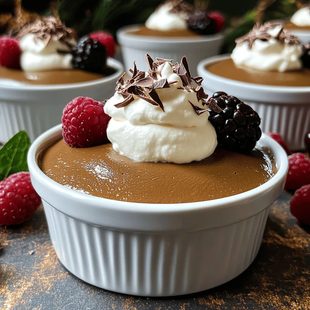 - 2 ripe avocados - 1/2 cup unsweetened cocoa powder - 1/2 cup maple syrup (or honey) - 1/4 cup almond milk (or alternative milk) - 1 teaspoon vanilla extract - A pinch of sea salt To create a luscious chocolate avocado mousse, you need just a few simple items. First, gather two ripe avocados. They must be soft to the touch but not mushy. This ensures you get that creamy texture you want in your mousse. Next, use half a cup of unsweetened cocoa powder. This gives the mousse its deep chocolate flavor. I recommend high-quality cocoa powder, which enhances taste. For sweetness, add half a cup of maple syrup or honey. Both work well, so choose what you prefer. A quarter cup of almond milk or any milk you like helps blend everything smoothly. You will also need a teaspoon of vanilla extract for that rich aroma. Finally, a pinch of sea salt brings out the chocolate flavor even more. - Whipped coconut cream - Fresh berries (raspberries, strawberries) - Shaved chocolate For a fun twist, you can add toppings. Whipped coconut cream adds a light texture. Fresh berries like raspberries or strawberries bring brightness and color. Shaved chocolate gives an extra chocolate boost and makes your mousse look fancy. These ingredients make this chocolate avocado mousse a rich and creamy delight. For the full recipe, check the section above. To make this chocolate avocado mousse, start with ripe avocados. Ripe avocados feel soft when you press them gently. Cut them in half and remove the pit. Use a spoon to scoop the creamy flesh into a food processor. This is where the magic begins! Next, add your other ingredients into the processor. Pour in the unsweetened cocoa powder, maple syrup, almond milk, vanilla extract, and a pinch of sea salt. This blend of flavors will create a rich and creamy mousse. Now it’s time to blend. Turn on your food processor and blend the mixture on high speed. Watch as it transforms into a silky smooth texture. If needed, stop the processor to scrape down the sides. This ensures every bit of avocado mixes well. After blending, taste the mousse. If you want it sweeter, add more maple syrup. Blend again briefly to mix in the extra sweetness. This step lets you customize the flavor just how you like it. Once your mousse is smooth and creamy, it’s time to serve. Spoon the mousse into small dishes or cups. This can be ramekins, bowls, or even fun cups. Each serving should look inviting and delicious. Now, refrigerate the mousse for at least 30 minutes. This cooling time helps the mousse set and firm up. It also makes the flavors meld beautifully. Just before serving, consider adding whipped coconut cream, fresh berries, or shaved chocolate on top. These toppings not only add flavor but also make your dessert look stunning. For the full recipe, feel free to refer back to the earlier section. Enjoy your rich and creamy chocolate avocado mousse! To make a great chocolate avocado mousse, start with ripe avocados. Look for avocados that yield slightly when you press them gently. This means they are creamy and ready to blend. If they are hard, they won't make the mousse smooth. Next, choose the right cocoa powder. Unsweetened cocoa powder is best for flavor. Brands like Ghirardelli or Valrhona offer rich taste. The quality of cocoa can change the mousse's flavor, so pick one you enjoy. For a stunning presentation, serve the mousse in clear cups. This allows the rich chocolate color to shine. You can also layer toppings for added beauty. Consider a layer of whipped coconut cream, followed by fresh berries. This not only looks great but adds different flavors and textures. If your mousse is too thin, you can thicken it. Add more cocoa powder to boost thickness. Another option is to chill it longer in the fridge. For flavor, you might try adding a splash of espresso or a dash of cinnamon. These can enhance the rich chocolate taste. Feel free to adjust the sweetness too. If you want it sweeter, just add more maple syrup. Taste as you go to find the perfect balance. {{image_4}} You can change the taste of your chocolate avocado mousse easily. Try different sweeteners. Use agave or date syrup instead of maple syrup. Each will give a unique flavor. Spices can also enhance the mousse. Adding a dash of cinnamon gives warmth. Espresso powder adds a rich coffee taste. Both options are simple and fun to try. This mousse is vegan-friendly! You can use maple syrup and almond milk for a plant-based treat. Substitute the almond milk with any non-dairy milk you like. If you need gluten-free options, this mousse is a perfect choice. All the ingredients are naturally gluten-free. Just ensure any toppings, like chocolate shavings, are also gluten-free. You can enjoy this mousse in different ways. Convert it into ice cream by freezing it. Just blend again after freezing to make it creamy. Another fun idea is to use it in parfaits. Layer the mousse with granola or fruit in cups. This creates a beautiful and tasty dessert. You can find the full recipe to make your chocolate avocado mousse! Store your chocolate avocado mousse in an airtight container. This keeps it fresh and tasty. You can refrigerate it for up to three days. Always check for changes in smell or texture before eating. If it looks or smells off, it’s best to toss it. Yes, you can freeze chocolate avocado mousse! To freeze, scoop it into a freezer-safe container. Leave some space at the top. It can last for up to a month in the freezer. When you’re ready to enjoy it, thaw the mousse in the fridge overnight. This helps it regain its creamy texture. Avoid using the microwave, as that can make it grainy. Enjoy your mousse as a quick treat! For the full recipe, check the section above. Yes, Chocolate Avocado Mousse is healthy. Avocados are full of good fats, fiber, and vitamins. They help keep your heart healthy and give you energy. The cocoa adds antioxidants that fight free radicals. This dessert lets you enjoy sweet taste without guilt. So, you can have a treat that is also good for you. To make Chocolate Avocado Mousse vegan, just use maple syrup instead of honey. This sweetener is plant-based and works great. You can also choose almond milk or any other non-dairy milk. These swaps keep the mousse creamy and rich without using any animal products. Yes, you can make this mousse ahead of time. It stays fresh in the fridge for about 2-3 days. Just store it in an airtight container. If you want to serve it later, keep the toppings separate until you are ready to enjoy. This way, it stays fresh and looks nice. Using avocado in desserts gives a smooth and creamy texture. It makes the mousse rich without adding heavy cream. Avocados also have a light flavor that pairs well with chocolate. This adds a unique twist to desserts, making them healthier and more fun. Plus, they are a great way to sneak in some nutrition! This chocolate avocado mousse is easy and fun to make. Two ripe avocados give it a creamy base. Cocoa powder and sweeteners bring rich flavor. You can add toppings like berries or whipped cream for fun. You can serve this as a dessert or even freeze it. It’s healthy, vegan-friendly, and great for any occasion. Enjoy exploring the different flavors, adjustments, and creative presentations of this treat. You’ll impress everyone with your skill and taste!
