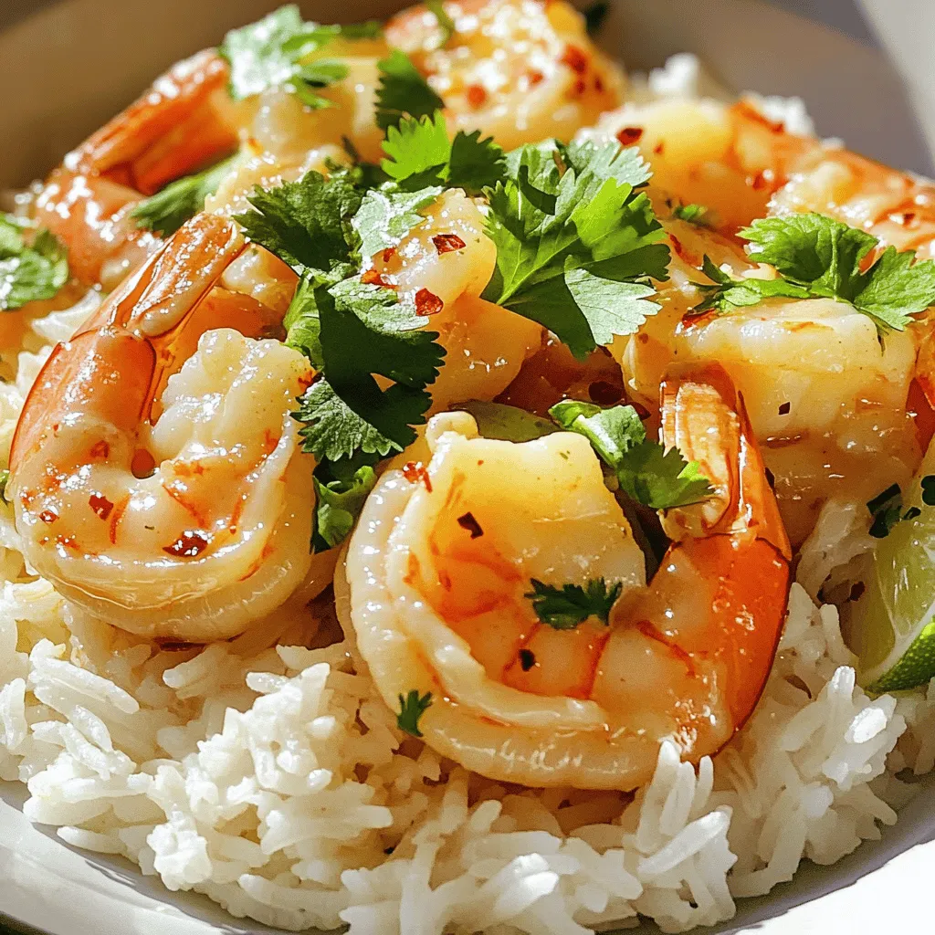 <strong>Shrimp selection and tips for freshness</strong> When choosing shrimp, look for large, juicy ones. Fresh shrimp should smell like the ocean, not fishy. If buying frozen shrimp, check that they are properly sealed. Always choose shrimp that are peeled and deveined for ease. <strong>Importance of full-fat coconut milk</strong> Full-fat coconut milk is key to a creamy texture. It adds richness and depth to the dish. Avoid low-fat versions, as they won’t provide the same luxurious feel. A thick coconut milk makes the sauce silky and satisfying. <strong>How fresh lime enhances the dish</strong> Fresh lime juice brightens the flavors. It adds a zesty kick that balances the creamy coconut. Lime zest also gives a fragrant aroma. Always use fresh limes, as bottled juice lacks the same vibrancy. – 1 lb (450g) large shrimp, peeled and deveined – 1 cup coconut milk, full-fat for creaminess – 2 tablespoons fresh lime juice, from about 1 lime – Zest of 1 lime, finely grated – 2 cloves garlic, minced – 1 tablespoon fresh ginger, grated – 1 tablespoon honey, for sweetness – 2 tablespoons fresh cilantro, chopped, plus extra for garnish – 1 teaspoon red pepper flakes, adjust to your spice preference – Salt and pepper, freshly ground, to taste – 2 tablespoons vegetable oil, for sautéing – Cooked jasmine rice, for serving, warm <strong>Substitutions for common allergens</strong> If you’re allergic to shellfish, you can use chicken or tofu instead. Both options work well with this sauce. For a nut allergy, ensure the coconut milk is safe for your needs. <strong>Optional ingredients for added flavor</strong> You can add more spices like curry powder for warmth. Fresh basil or mint can also boost the flavor profile. Try adding sliced bell peppers for a colorful twist. To start, whisk the ingredients together in a mixing bowl. Combine one cup of coconut milk, two tablespoons of lime juice, lime zest, two cloves of minced garlic, and one tablespoon of grated ginger. Add one tablespoon of honey, two tablespoons of chopped cilantro, and a teaspoon of red pepper flakes. Season with salt and pepper to taste. Whisk until everything is mixed well. Marination time is key for flavor. You should let the shrimp sit in the marinade for at least 30 minutes. For a deeper taste, marinate for up to two hours in the fridge. This step helps the shrimp soak up all the zesty flavors. Next, heat a large skillet over medium-high heat. Add two tablespoons of vegetable oil, and wait until it shimmers. This means it’s ready. Once hot, add the marinated shrimp to the skillet, but reserve the marinade in the bowl. Cook the shrimp for about two to three minutes on one side until they turn pink. Then, flip the shrimp and let them cook for an extra one to two minutes. Be careful not to overcook them. Overcooked shrimp can become rubbery and tough. After the shrimp are cooked, pour the reserved marinade into the skillet. Bring it to a gentle simmer, letting it cook for another two to three minutes. This helps thicken the sauce and deepen the flavors. Remove the skillet from heat and stir in the remaining chopped cilantro. Taste the sauce and adjust seasoning if needed. To serve, put jasmine rice on each plate. Spoon the coconut lime shrimp over the rice and drizzle the sauce on top. For a nice touch, add some fresh cilantro as garnish. For the full recipe, check out the [Full Recipe]. Enjoy your delicious meal! To adjust spice levels, start small. Use less red pepper flakes. Taste as you go. You can always add more spice, but it’s hard to take it away. If you want heat, consider adding fresh chopped chili or hot sauce. Balancing sweetness with honey is key. Honey adds a nice touch. If you find the dish too sweet, reduce the honey next time. You can also swap honey for a touch of lime juice. This gives a nice tang. To achieve the best sear, heat your skillet properly. Use medium-high heat and enough oil. This helps the shrimp cook evenly and brown nicely. Do not overcrowd the pan. This ensures the shrimp sear instead of steam. Fresh herbs can elevate flavors. Cilantro adds brightness. You can also try basil or parsley. Add herbs at the end of cooking. This keeps the flavors fresh and vibrant. For visual appeal, garnish well. Use fresh cilantro leaves and lime wedges. A sprinkle of lime zest adds color and flavor. Use a shallow bowl to serve the shrimp. This allows the sauce to shine. For special occasions, serve with jasmine rice. You can also add a side of steamed vegetables. This creates a colorful plate. A beautiful dish makes a meal feel fancy. For the full recipe, check the complete instructions. {{image_4}} You can easily swap shrimp for other proteins. Chicken is a great choice. Use boneless, skinless chicken breasts. Cut them into small pieces for quick cooking. Tofu works well too. Choose firm tofu and press it to remove excess water. Cooking times will differ. For chicken, cook for about 5-7 minutes until no longer pink. Tofu only needs about 3-4 minutes per side. Adjust your cooking time to ensure everything is safe to eat. Want to jazz up your dish? Add fruits like pineapple or mango. They pair beautifully with coconut and lime. Chop them into bite-sized pieces and toss them in during the last few minutes of cooking. You can also experiment with spices and herbs. Try adding basil, cilantro, or mint for a fresh twist. A pinch of cumin or smoked paprika can add depth. Don’t be afraid to mix and match flavors! Making this dish gluten-free is simple. Just ensure your sauces and oils are labeled gluten-free. For a dairy-free option, this recipe is already perfect as it uses coconut milk. If you want to lower carbs, skip the jasmine rice. Serve the shrimp over zoodles or cauliflower rice instead. For a paleo diet, this dish fits well. Stick to fresh ingredients and avoid any processed items. For the <strong>Full Recipe</strong>, check back to ensure you have all the steps! Store your leftover Coconut Lime Shrimp in airtight containers. Glass containers work best, as they do not retain odors. Use plastic containers if glass is not available. Keep the shrimp in the fridge for up to three days. To reheat without losing texture, use a skillet. Heat a bit of oil over low heat. Add the shrimp and sauce, stirring gently until warm. Avoid microwaving, as it may make the shrimp rubbery. For flavor, add a splash of fresh lime juice while reheating. To freeze, place shrimp in a single layer on a baking sheet. Freeze until solid, then transfer to a freezer-safe bag. This helps prevent clumping. You can freeze for up to three months. To thaw, move the shrimp to the fridge overnight. For quick thawing, place the bag under cold running water. To devein shrimp, start with a sharp knife. 1. Hold the shrimp in your hand. 2. Make a shallow cut along the back. 3. Use the knife to lift out the dark vein. 4. Rinse the shrimp under cold water. 5. Repeat these steps for all shrimp. This method ensures you remove the vein easily. It helps keep the shrimp clean and tasty. Shrimp should be marinated for at least 30 minutes. For the best flavor, I suggest marinating up to 2 hours. Too long can make shrimp mushy. So, check the time and enjoy great taste! Yes, you can easily make Coconut Lime Shrimp spicy. – Add more red pepper flakes to the marinade. – Try chopped fresh chili peppers for a kick. To balance heat, add extra honey. This helps to keep the flavor sweet and tasty. Adjust the heat level to suit your taste. Coconut Lime Shrimp is a simple dish with rich flavors. We discussed selecting fresh shrimp, using full-fat coconut milk, and the bright taste of lime. I offered tips for marinating, cooking, and serving this meal with jasmine rice. Remember, play with spice levels and add fruits for variation. Store leftovers properly to keep them tasty. Enjoy creating a delightful dish that can impress anyone. You now have the tools to make this a favorite recipe.” /></p>
</p>
<h2>Variations</h2>
</p>
<h3>Alternative Proteins</h3>
<p>You can easily swap shrimp for other proteins. Chicken is a great choice. Use boneless, skinless chicken breasts. Cut them into small pieces for quick cooking. Tofu works well too. Choose firm tofu and press it to remove excess water.</p>
</p>
<p>Cooking times will differ. For chicken, cook for about 5-7 minutes until no longer pink. Tofu only needs about 3-4 minutes per side. Adjust your cooking time to ensure everything is safe to eat.</p>
</p>
<h3>Flavor Infusions</h3>
<p>Want to jazz up your dish? Add fruits like pineapple or mango. They pair beautifully with coconut and lime. Chop them into bite-sized pieces and toss them in during the last few minutes of cooking.</p>
</p>
<p>You can also experiment with spices and herbs. Try adding basil, cilantro, or mint for a fresh twist. A pinch of cumin or smoked paprika can add depth. Don’t be afraid to mix and match flavors!</p>
</p>
<h3>Dietary Adaptations</h3>
<p>Making this dish gluten-free is simple. Just ensure your sauces and oils are labeled gluten-free. For a dairy-free option, this recipe is already perfect as it uses coconut milk.</p>
</p>
<p>If you want to lower carbs, skip the jasmine rice. Serve the shrimp over zoodles or cauliflower rice instead. For a paleo diet, this dish fits well. Stick to fresh ingredients and avoid any processed items.</p>
</p>
<p>For the <strong>Full Recipe</strong>, check back to ensure you have all the steps!</p>
</p>
<h2>Storage Info</h2>
</p>
<h3>How to Store Leftovers</h3>
<p>Store your leftover Coconut Lime Shrimp in airtight containers. Glass containers work best, as they do not retain odors. Use plastic containers if glass is not available. Keep the shrimp in the fridge for up to three days.</p>
</p>
<h3>Reheating Tips</h3>
<p>To reheat without losing texture, use a skillet. Heat a bit of oil over low heat. Add the shrimp and sauce, stirring gently until warm. Avoid microwaving, as it may make the shrimp rubbery. For flavor, add a splash of fresh lime juice while reheating.</p>
</p>
<h3>Freezing Coconut Lime Shrimp</h3>
<p>To freeze, place shrimp in a single layer on a baking sheet. Freeze until solid, then transfer to a freezer-safe bag. This helps prevent clumping. You can freeze for up to three months. To thaw, move the shrimp to the fridge overnight. For quick thawing, place the bag under cold running water.</p>
</p>
<h2>FAQs</h2>
</p>
<h3>What is the best way to devein shrimp?</h3>
<p>To devein shrimp, start with a sharp knife.</p>
</p>
<p>1. Hold the shrimp in your hand.</p>
<p>2. Make a shallow cut along the back.</p>
<p>3. Use the knife to lift out the dark vein.</p>
<p>4. Rinse the shrimp under cold water.</p>
<p>5. Repeat these steps for all shrimp.</p>
</p>
<p>This method ensures you remove the vein easily. It helps keep the shrimp clean and tasty.</p>
</p>
<h3>How long can the shrimp be marinated?</h3>
<p>Shrimp should be marinated for at least 30 minutes. For the best flavor, I suggest marinating up to 2 hours.</p>
</p>
<p>Too long can make shrimp mushy. So, check the time and enjoy great taste!</p>
</p>
<h3>Can I make Coconut Lime Shrimp spicy?</h3>
<p>Yes, you can easily make Coconut Lime Shrimp spicy.</p>
</p>
<p>– Add more red pepper flakes to the marinade.</p>
<p>– Try chopped fresh chili peppers for a kick.</p>
</p>
<p>To balance heat, add extra honey. This helps to keep the flavor sweet and tasty. Adjust the heat level to suit your taste.</p>
</p>
<p>Coconut Lime Shrimp is a simple dish with rich flavors. We discussed selecting fresh shrimp, using full-fat coconut milk, and the bright taste of lime. I offered tips for marinating, cooking, and serving this meal with jasmine rice. Remember, play with spice levels and add fruits for variation. Store leftovers properly to keep them tasty. Enjoy creating a delightful dish that can impress anyone. You now have the tools to make this a favorite recipe.</p>
<div id=