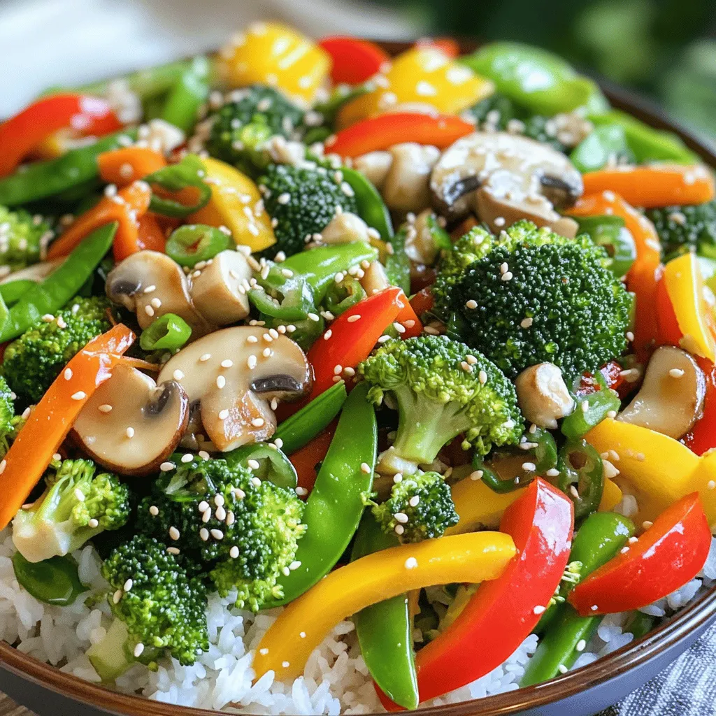 - 1 cup broccoli florets - 1 cup assorted bell peppers: red, yellow, and green - 1 medium carrot, thinly sliced - 1 cup fresh snap peas, trimmed - 1 cup mushrooms, cleaned and sliced - 2 cloves garlic, minced - 1-inch piece of ginger, freshly grated - 3 tablespoons low-sodium soy sauce - 1 tablespoon sesame oil - 1 tablespoon olive oil - 1 teaspoon cornstarch (optional) - Cooked rice or noodles - Garnishes: sesame seeds, salt, and pepper Gather these ingredients for a quick and easy vegetable stir fry. Each item plays a role in creating a colorful and tasty dish. Fresh vegetables add crunch, while garlic and ginger bring in flavor. The soy sauce and oils tie everything together. Use cooked rice or noodles to make it a meal. Finish with sesame seeds for a delightful crunch. Enjoy the vibrant colors and flavors of your stir fry, and don’t forget to check out the Full Recipe for detailed steps! 1. <strong>Washing and cutting vegetables</strong>: Start by washing your vegetables well. This helps remove dirt and pesticides. Cut the broccoli into small florets. Slice the bell peppers thinly. Peel and slice the carrot. Trim the snap peas and slice the mushrooms. Make all the pieces similar in size to cook evenly. 2. <strong>Prepping aromatics</strong>: garlic and ginger: Mince two cloves of garlic and grate a 1-inch piece of ginger. These two will add a lot of flavor. Keep them ready for cooking. 1. <strong>Heating the pan and adding oil</strong>: Grab a large wok or skillet. Pour in one tablespoon of olive oil. Heat it over medium-high heat. Wait until the oil shimmers but does not smoke. This means it’s ready. 2. <strong>Sautéing aromatics followed by vegetables</strong>: Add the minced garlic and grated ginger to the pan. Stir for about 30 seconds until fragrant. Be careful not to burn them. Next, add all your chopped vegetables. Stir-fry them for 5 to 7 minutes. Keep stirring until they are tender but still crunchy. 1. <strong>Adding sauce and seasoning to the stir fry</strong>: Pour in three tablespoons of low-sodium soy sauce and one tablespoon of sesame oil. Mix well to coat all the veggies. If you want a thicker sauce, mix one teaspoon of cornstarch with a tablespoon of water. Add it to the pan and stir until combined. 2. <strong>Serving and plating for presentation</strong>: Taste the stir fry and add salt and pepper as needed. Remove it from the heat. Sprinkle toasted sesame seeds on top for crunch. Serve it over rice or noodles. Arrange everything nicely in a bowl for a colorful meal. For more detailed steps, check out the Full Recipe. When you choose fresh vegetables, look for those in season. Seasonal produce tastes better and costs less. Check for bright colors and firm textures. For instance, pick broccoli with tight florets. Avoid any yellowing or wilting leaves. Crunchy snap peas should feel crisp and be bright green. Try to mix colors in your dish. A rainbow of veggies makes your stir fry fun. Bright bell peppers add sweetness, while carrots add a nice crunch. The mix not only looks good but also provides different flavors and nutrients. After cooking, store leftovers in an airtight container. Keep them in the fridge for up to three days. To reheat, use a skillet over medium heat. Add a splash of water or soy sauce to keep the veggies crisp. Stir gently to warm without overcooking. If you want to store raw veggies, place them in a moist paper towel. Keep them in a sealed bag. This method helps maintain freshness for a longer time. For a perfect stir fry, use high heat. Start by heating the pan until the oil shimmers. This helps to cook the veggies quickly, sealing in flavors. Stir-frying means you keep the food moving in the pan. Use a spatula to toss the vegetables every few seconds. This technique cooks them evenly and keeps them crunchy. Aim for about five to seven minutes of cooking time for the best texture. Each of these tips helps you create a quick and easy vegetable stir fry that shines with flavor and freshness. If you want the full recipe, check out the Vibrant Veggie Medley Stir Fry. {{image_4}} You can make your stir fry even better with some add-ins. Here are some options you can try: – <strong>Protein options</strong>: – Tofu: This is a great choice for a plant-based meal. – Chicken: Sliced chicken breast cooks quickly and adds flavor. – Shrimp: These small seafood pieces are tasty and cook fast. Feel free to swap out vegetables based on what you like. For example, you can use zucchini, green beans, or even baby corn. The goal is to keep it colorful and tasty. To make your stir fry more exciting, think about adding sauces or spices. Here are some ideas: – <strong>Sauces</strong>: You can try teriyaki sauce or hoisin sauce for a sweet kick. – <strong>Spices</strong>: A pinch of red pepper flakes can add heat if you like spice. For extra flavor, consider using fresh herbs. Some good options are: – Cilantro: This herb adds a fresh taste. – Basil: Sweet basil gives a fragrant aroma. If you have dietary needs, don’t worry! This stir fry is easy to adapt. – <strong>Gluten-free adaptations</strong>: Use tamari instead of soy sauce. This sauce is gluten-free and still tasty. – <strong>Vegan modifications</strong>: Simply use tofu or veggies as your protein and skip any meat. These changes make the dish friendly for everyone. You can enjoy this quick and easy vegetable stir fry without worrying about your diet. For the full recipe, check out the detailed steps provided above. It takes about 10 minutes to prep the veggies and 15 minutes to cook. In total, you’ll spend about 25 minutes from start to finish. This quick method lets you enjoy a fresh meal without spending hours in the kitchen. Yes, you can use frozen vegetables. They are convenient and save time. However, fresh veggies give the best flavor and crunch. If you choose frozen, make sure to thaw and drain them first. This helps avoid a watery stir fry. You can still create a tasty meal with frozen options. There are several great alternatives for soy sauce. You can use tamari for a gluten-free option. Coconut aminos is another tasty choice. It has a similar flavor but is less salty. For a homemade version, mix broth with a bit of vinegar and spices. These swaps keep your dish flavorful while meeting your dietary needs. This quick and easy vegetable stir fry is a fun dish to make. You can whip it up in just 15 minutes! First, you prepare all your veggies. Then, you sauté them in a hot pan with garlic and ginger. This simple technique brings out the fresh flavors. You can find the detailed steps in the [Full Recipe] link. This recipe serves four people. It’s a great way to get your daily veggies in one meal. Each serving includes a variety of colorful veggies that are low in calories. Here are some nutrition facts: – High in vitamins and minerals – Low in fat – Rich in fiber Enjoy this tasty stir fry as a main dish or a side! This blog post covered how to create a vibrant veggie medley stir fry. We explored essential ingredients, including fresh vegetables and sauces. You learned step-by-step instructions for preparation and cooking. Tips for selecting, storing, and reheating vegetables helped enhance your dish. Finally, we discussed variations and dietary modifications to fit your needs. Embrace your creativity in the kitchen and enjoy your stir fry adventure! Cooking delicious meals can be fun and rewarding.” /></p>
</p>
<h2>Variations</h2>
</p>
<h3>Add-Ins and Substitutions</h3>
<p>You can make your stir fry even better with some add-ins. Here are some options you can try:</p>
</p>
<p>– <strong>Protein options</strong>:</p>
<p>– Tofu: This is a great choice for a plant-based meal.</p>
<p>– Chicken: Sliced chicken breast cooks quickly and adds flavor.</p>
<p>– Shrimp: These small seafood pieces are tasty and cook fast.</p>
</p>
<p>Feel free to swap out vegetables based on what you like. For example, you can use zucchini, green beans, or even baby corn. The goal is to keep it colorful and tasty.</p>
</p>
<h3>Flavor Enhancers</h3>
<p>To make your stir fry more exciting, think about adding sauces or spices. Here are some ideas:</p>
</p>
<p>– <strong>Sauces</strong>: You can try teriyaki sauce or hoisin sauce for a sweet kick.</p>
<p>– <strong>Spices</strong>: A pinch of red pepper flakes can add heat if you like spice.</p>
</p>
<p>For extra flavor, consider using fresh herbs. Some good options are:</p>
</p>
<p>– Cilantro: This herb adds a fresh taste.</p>
<p>– Basil: Sweet basil gives a fragrant aroma.</p>
</p>
<h3>Dietary Considerations</h3>
<p>If you have dietary needs, don’t worry! This stir fry is easy to adapt.</p>
</p>
<p>– <strong>Gluten-free adaptations</strong>: Use tamari instead of soy sauce. This sauce is gluten-free and still tasty.</p>
<p>– <strong>Vegan modifications</strong>: Simply use tofu or veggies as your protein and skip any meat.</p>
</p>
<p>These changes make the dish friendly for everyone. You can enjoy this quick and easy vegetable stir fry without worrying about your diet. For the full recipe, check out the detailed steps provided above.</p>
</p>
<h2>FAQs</h2>
</p>
<h3>How long does it take to prepare and cook vegetable stir fry?</h3>
<p>It takes about 10 minutes to prep the veggies and 15 minutes to cook. In total, you’ll spend about 25 minutes from start to finish. This quick method lets you enjoy a fresh meal without spending hours in the kitchen.</p>
</p>
<h3>Can I use frozen vegetables for stir fry?</h3>
<p>Yes, you can use frozen vegetables. They are convenient and save time. However, fresh veggies give the best flavor and crunch. If you choose frozen, make sure to thaw and drain them first. This helps avoid a watery stir fry. You can still create a tasty meal with frozen options.</p>
</p>
<h3>What can I substitute for soy sauce?</h3>
<p>There are several great alternatives for soy sauce. You can use tamari for a gluten-free option. Coconut aminos is another tasty choice. It has a similar flavor but is less salty. For a homemade version, mix broth with a bit of vinegar and spices. These swaps keep your dish flavorful while meeting your dietary needs.</p>
</p>
<h2>Full Recipe</h2>
</p>
<h3>Vibrant Veggie Medley Stir Fry 🥦</h3>
</p>
<p>This quick and easy vegetable stir fry is a fun dish to make. You can whip it up in just 15 minutes! First, you prepare all your veggies. Then, you sauté them in a hot pan with garlic and ginger. This simple technique brings out the fresh flavors. You can find the detailed steps in the [Full Recipe] link.</p>
</p>
<h3>Serving Size and Nutrition Info</h3>
</p>
<p>This recipe serves four people. It’s a great way to get your daily veggies in one meal. Each serving includes a variety of colorful veggies that are low in calories. Here are some nutrition facts:</p>
</p>
<p>– High in vitamins and minerals</p>
<p>– Low in fat</p>
<p>– Rich in fiber</p>
</p>
<p>Enjoy this tasty stir fry as a main dish or a side!</p>
</p>
<p>This blog post covered how to create a vibrant veggie medley stir fry. We explored essential ingredients, including fresh vegetables and sauces. You learned step-by-step instructions for preparation and cooking. Tips for selecting, storing, and reheating vegetables helped enhance your dish. Finally, we discussed variations and dietary modifications to fit your needs.</p>
</p>
<p>Embrace your creativity in the kitchen and enjoy your stir fry adventure! Cooking delicious meals can be fun and rewarding.</p>
<div id=