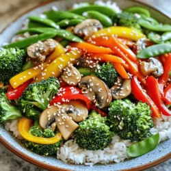 - 1 cup broccoli florets - 1 cup assorted bell peppers: red, yellow, and green - 1 medium carrot, thinly sliced - 1 cup fresh snap peas, trimmed - 1 cup mushrooms, cleaned and sliced - 2 cloves garlic, minced - 1-inch piece of ginger, freshly grated - 3 tablespoons low-sodium soy sauce - 1 tablespoon sesame oil - 1 tablespoon olive oil - 1 teaspoon cornstarch (optional) - Cooked rice or noodles - Garnishes: sesame seeds, salt, and pepper Gather these ingredients for a quick and easy vegetable stir fry. Each item plays a role in creating a colorful and tasty dish. Fresh vegetables add crunch, while garlic and ginger bring in flavor. The soy sauce and oils tie everything together. Use cooked rice or noodles to make it a meal. Finish with sesame seeds for a delightful crunch. Enjoy the vibrant colors and flavors of your stir fry, and don’t forget to check out the Full Recipe for detailed steps! 1. Washing and cutting vegetables: Start by washing your vegetables well. This helps remove dirt and pesticides. Cut the broccoli into small florets. Slice the bell peppers thinly. Peel and slice the carrot. Trim the snap peas and slice the mushrooms. Make all the pieces similar in size to cook evenly. 2. Prepping aromatics: garlic and ginger: Mince two cloves of garlic and grate a 1-inch piece of ginger. These two will add a lot of flavor. Keep them ready for cooking. 1. Heating the pan and adding oil: Grab a large wok or skillet. Pour in one tablespoon of olive oil. Heat it over medium-high heat. Wait until the oil shimmers but does not smoke. This means it's ready. 2. Sautéing aromatics followed by vegetables: Add the minced garlic and grated ginger to the pan. Stir for about 30 seconds until fragrant. Be careful not to burn them. Next, add all your chopped vegetables. Stir-fry them for 5 to 7 minutes. Keep stirring until they are tender but still crunchy. 1. Adding sauce and seasoning to the stir fry: Pour in three tablespoons of low-sodium soy sauce and one tablespoon of sesame oil. Mix well to coat all the veggies. If you want a thicker sauce, mix one teaspoon of cornstarch with a tablespoon of water. Add it to the pan and stir until combined. 2. Serving and plating for presentation: Taste the stir fry and add salt and pepper as needed. Remove it from the heat. Sprinkle toasted sesame seeds on top for crunch. Serve it over rice or noodles. Arrange everything nicely in a bowl for a colorful meal. For more detailed steps, check out the Full Recipe. When you choose fresh vegetables, look for those in season. Seasonal produce tastes better and costs less. Check for bright colors and firm textures. For instance, pick broccoli with tight florets. Avoid any yellowing or wilting leaves. Crunchy snap peas should feel crisp and be bright green. Try to mix colors in your dish. A rainbow of veggies makes your stir fry fun. Bright bell peppers add sweetness, while carrots add a nice crunch. The mix not only looks good but also provides different flavors and nutrients. After cooking, store leftovers in an airtight container. Keep them in the fridge for up to three days. To reheat, use a skillet over medium heat. Add a splash of water or soy sauce to keep the veggies crisp. Stir gently to warm without overcooking. If you want to store raw veggies, place them in a moist paper towel. Keep them in a sealed bag. This method helps maintain freshness for a longer time. For a perfect stir fry, use high heat. Start by heating the pan until the oil shimmers. This helps to cook the veggies quickly, sealing in flavors. Stir-frying means you keep the food moving in the pan. Use a spatula to toss the vegetables every few seconds. This technique cooks them evenly and keeps them crunchy. Aim for about five to seven minutes of cooking time for the best texture. Each of these tips helps you create a quick and easy vegetable stir fry that shines with flavor and freshness. If you want the full recipe, check out the Vibrant Veggie Medley Stir Fry. {{image_4}} You can make your stir fry even better with some add-ins. Here are some options you can try: - Protein options: - Tofu: This is a great choice for a plant-based meal. - Chicken: Sliced chicken breast cooks quickly and adds flavor. - Shrimp: These small seafood pieces are tasty and cook fast. Feel free to swap out vegetables based on what you like. For example, you can use zucchini, green beans, or even baby corn. The goal is to keep it colorful and tasty. To make your stir fry more exciting, think about adding sauces or spices. Here are some ideas: - Sauces: You can try teriyaki sauce or hoisin sauce for a sweet kick. - Spices: A pinch of red pepper flakes can add heat if you like spice. For extra flavor, consider using fresh herbs. Some good options are: - Cilantro: This herb adds a fresh taste. - Basil: Sweet basil gives a fragrant aroma. If you have dietary needs, don’t worry! This stir fry is easy to adapt. - Gluten-free adaptations: Use tamari instead of soy sauce. This sauce is gluten-free and still tasty. - Vegan modifications: Simply use tofu or veggies as your protein and skip any meat. These changes make the dish friendly for everyone. You can enjoy this quick and easy vegetable stir fry without worrying about your diet. For the full recipe, check out the detailed steps provided above. It takes about 10 minutes to prep the veggies and 15 minutes to cook. In total, you’ll spend about 25 minutes from start to finish. This quick method lets you enjoy a fresh meal without spending hours in the kitchen. Yes, you can use frozen vegetables. They are convenient and save time. However, fresh veggies give the best flavor and crunch. If you choose frozen, make sure to thaw and drain them first. This helps avoid a watery stir fry. You can still create a tasty meal with frozen options. There are several great alternatives for soy sauce. You can use tamari for a gluten-free option. Coconut aminos is another tasty choice. It has a similar flavor but is less salty. For a homemade version, mix broth with a bit of vinegar and spices. These swaps keep your dish flavorful while meeting your dietary needs. This quick and easy vegetable stir fry is a fun dish to make. You can whip it up in just 15 minutes! First, you prepare all your veggies. Then, you sauté them in a hot pan with garlic and ginger. This simple technique brings out the fresh flavors. You can find the detailed steps in the [Full Recipe] link. This recipe serves four people. It's a great way to get your daily veggies in one meal. Each serving includes a variety of colorful veggies that are low in calories. Here are some nutrition facts: - High in vitamins and minerals - Low in fat - Rich in fiber Enjoy this tasty stir fry as a main dish or a side! This blog post covered how to create a vibrant veggie medley stir fry. We explored essential ingredients, including fresh vegetables and sauces. You learned step-by-step instructions for preparation and cooking. Tips for selecting, storing, and reheating vegetables helped enhance your dish. Finally, we discussed variations and dietary modifications to fit your needs. Embrace your creativity in the kitchen and enjoy your stir fry adventure! Cooking delicious meals can be fun and rewarding.