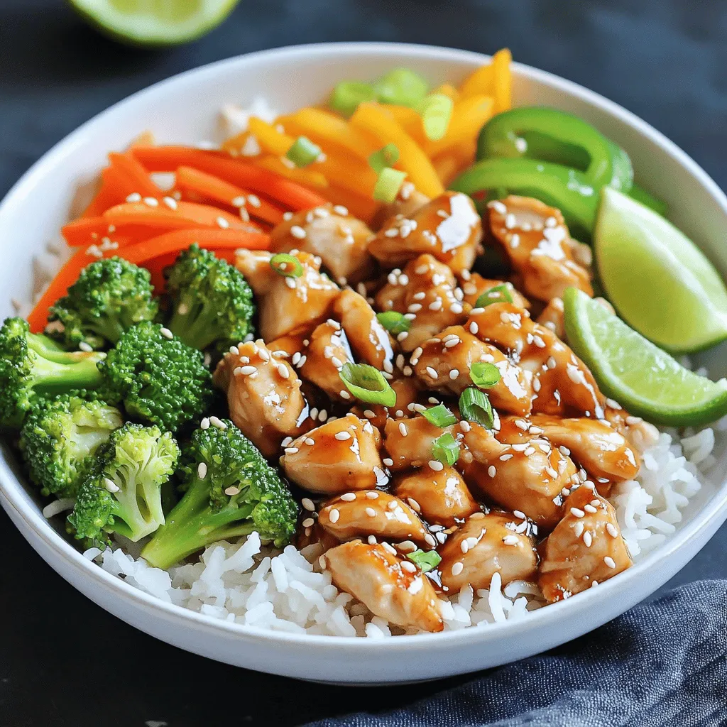 - 2 boneless, skinless chicken breasts, diced - 1 cup jasmine rice - 1/4 cup low-sodium soy sauce - 2 tablespoons honey - 1 tablespoon rice vinegar - 1 teaspoon sesame oil - 1 cup broccoli florets - 1 medium carrot, julienned - 2 green onions, chopped To make tasty teriyaki chicken bowls, you need fresh ingredients. Start with chicken breasts. I like to use boneless and skinless chicken for ease. Dicing them into bite-sized pieces helps them cook evenly. Next, jasmine rice is a great choice. It’s fragrant and fluffy. Use this rice to soak up all the delicious teriyaki sauce. For the sauce, low-sodium soy sauce is key. It brings saltiness without being too overpowering. Honey adds sweetness, while rice vinegar gives a nice tang. A touch of sesame oil adds rich flavor. Don’t forget the veggies! Fresh broccoli florets bring crunch, while julienned carrots add color. Green onions are perfect for garnish. They give a fresh pop to your dish. By gathering these ingredients, you’ll set yourself up for success. Ready to cook? Check out the Full Recipe for all the steps. To start, combine 1 cup of jasmine rice with 2 cups of water or chicken broth in a medium saucepan. This choice adds a savory touch. Bring this mixture to a boil over medium-high heat. Once it starts bubbling, reduce the heat to low, cover the pot, and let it simmer. Cook for about 15 minutes until the rice is fluffy and all the liquid is absorbed. After cooking, remove the pot from heat and let it sit, covered, for 5 more minutes. Fluff the rice with a fork before serving. Next, let's make the teriyaki sauce. In a small bowl, whisk together 1/4 cup of low-sodium soy sauce, 2 tablespoons of honey, 1 tablespoon of rice vinegar, 1 teaspoon of sesame oil, 1 teaspoon of finely grated fresh ginger, and 2 minced garlic cloves. Mix well until all the ingredients blend smoothly. This sauce gives the chicken a delicious, sweet, and savory flavor. Now, we’ll cook the chicken. Heat a drizzle of oil in a large skillet over medium heat. When the oil is hot, add the diced chicken breasts. Season them with salt and pepper to your taste. Sauté the chicken for about 5 to 7 minutes. Stir occasionally until the chicken turns golden brown and is fully cooked, with no pink showing in the center. This step ensures the chicken is juicy and flavorful. These steps will guide you to make savory teriyaki chicken bowls with rice. For the complete recipe, check out the Full Recipe section. To make fluffy rice, rinse the jasmine rice before cooking. This washes away excess starch and prevents clumping. Use a 1:2 ratio of rice to chicken broth for extra flavor. The broth adds a rich taste that enhances your dish. Bring the mixture to a boil, then lower the heat. Cover it and let it simmer until it's tender. This method gives you perfect rice every time. Do you want a sweeter sauce? Add a bit more honey to your mix. You can also adjust the soy sauce for saltiness. If you like some heat, try adding fresh ginger or a bit of chili. These ingredients bring a nice kick and depth of flavor. Taste as you go to get the balance just right. To make your bowls look great, layer the rice first. Then, artfully arrange the chicken and vegetables on top. This adds visual appeal. Garnish with green onions and sesame seeds for a nice touch. For a pop of color, add a lime wedge. Squeezing lime juice over the bowl brightens the flavors. These small details make a big difference in how your dish looks and tastes. {{image_4}} You can switch up the protein in your teriyaki chicken bowls. Shrimp or tofu can add a fun twist. - <strong>Shrimp:</strong> Cook shrimp in a skillet for 3-4 minutes. They cook fast and soak up the sauce well. – <strong>Tofu:</strong> Use firm tofu. Cut it into cubes and pan-fry until golden. This gives it a great texture. If you prefer beef or pork, here’s how to cook them: – <strong>Beef:</strong> Use flank steak. Slice it thinly against the grain. Sauté it for 4-5 minutes until it is brown. – <strong>Pork:</strong> Pork tenderloin works nicely. Slice it thin and cook for about 6-7 minutes until it is no longer pink. You can customize your teriyaki bowls with different veggies. Here are some great options: – <strong>Zucchini:</strong> Slice it thin and add it to the skillet. It cooks quickly and adds a nice crunch. – <strong>Snap peas:</strong> These add sweetness and color. Toss them in for the last few minutes of cooking. Consider seasonal ingredients too: – <strong>Spring:</strong> Use asparagus or peas for a fresh taste. – <strong>Fall:</strong> Add roasted sweet potatoes or butternut squash for a hearty feel. Want to elevate the flavor of your teriyaki chicken bowls? Try these ideas: – <strong>Pineapple:</strong> Add fresh pineapple chunks to the skillet. It brings sweetness and a tropical twist. – <strong>Teriyaki Glaze:</strong> Drizzle extra teriyaki glaze on top before serving. This adds a rich, sweet layer. You can also mix in herbs and spices: – <strong>Sesame Seeds:</strong> Toast them in a dry pan for added crunch. – <strong>Green Onions:</strong> Sprinkle them on top for a fresh finish. Experiment with these variations to make your teriyaki chicken bowls unique and delicious! For the complete recipe, check the Full Recipe section. When you have leftovers from your teriyaki chicken bowls, store them in the fridge right away. For best results, use airtight containers. This keeps the flavors fresh. Make sure the food cools down first. You can safely refrigerate the dish for up to three days. To freeze teriyaki chicken bowls, let them cool completely. Then, place them in freezer-safe containers. You can also use freezer bags. Remove as much air as possible to avoid freezer burn. When you’re ready to eat, thaw the bowls overnight in the fridge. For reheating, use a microwave or stovetop until hot throughout. For safe consumption, eat your teriyaki chicken bowls within three days if stored in the fridge. If frozen, they can last up to three months. Always check for signs that the dish has gone bad. If it smells sour or has a strange color, it’s best to toss it out. Enjoy your meal safely! Making Teriyaki Chicken Bowls takes about 35 minutes. You spend 10 minutes on prep and 25 minutes cooking. This quick cooking time makes it perfect for busy weeknights. Yes, you can make Teriyaki Chicken Bowls in advance. Cook the chicken and veggies, then store them in airtight containers. Keep the rice separate to prevent sogginess. You can enjoy this meal later with great taste! You can serve your Teriyaki Chicken Bowls with: – Steamed edamame – A side salad – Pickled ginger – Sliced cucumbers These sides add freshness and balance to your meal. To make this recipe gluten-free, swap the soy sauce for tamari or coconut aminos. Check all ingredient labels for hidden gluten. This way, you can enjoy Teriyaki Chicken Bowls without worry. You can find the Full Recipe in the recipe section. It includes all the ingredients and detailed cooking steps. This ensures you create your delicious Teriyaki Chicken Bowls with ease! This post covered how to make tasty Teriyaki Chicken Bowls. We discussed key ingredients, an easy cooking method, and helpful tips for a great meal. You can mix in different proteins or vegetables to tailor the dish to your tastes. Remember to store any leftovers properly for future meals. This dish is simple and customizable, making it a winner for busy days. Enjoy your cooking adventure and feel free to explore other flavors!” /></p>
</p>
<h2>Variations</h2>
</p>
<h3>Protein Alternatives</h3>
</p>
<p>You can switch up the protein in your teriyaki chicken bowls. Shrimp or tofu can add a fun twist.</p>
</p>
<p>– <strong>Shrimp:</strong> Cook shrimp in a skillet for 3-4 minutes. They cook fast and soak up the sauce well.</p>
<p>– <strong>Tofu:</strong> Use firm tofu. Cut it into cubes and pan-fry until golden. This gives it a great texture.</p>
</p>
<p>If you prefer beef or pork, here’s how to cook them:</p>
</p>
<p>– <strong>Beef:</strong> Use flank steak. Slice it thinly against the grain. Sauté it for 4-5 minutes until it is brown.</p>
<p>– <strong>Pork:</strong> Pork tenderloin works nicely. Slice it thin and cook for about 6-7 minutes until it is no longer pink.</p>
</p>
<h3>Vegetable Substitutes</h3>
</p>
<p>You can customize your teriyaki bowls with different veggies. Here are some great options:</p>
</p>
<p>– <strong>Zucchini:</strong> Slice it thin and add it to the skillet. It cooks quickly and adds a nice crunch.</p>
<p>– <strong>Snap peas:</strong> These add sweetness and color. Toss them in for the last few minutes of cooking.</p>
</p>
<p>Consider seasonal ingredients too:</p>
</p>
<p>– <strong>Spring:</strong> Use asparagus or peas for a fresh taste.</p>
<p>– <strong>Fall:</strong> Add roasted sweet potatoes or butternut squash for a hearty feel.</p>
</p>
<h3>Flavor Enhancements</h3>
</p>
<p>Want to elevate the flavor of your teriyaki chicken bowls? Try these ideas:</p>
</p>
<p>– <strong>Pineapple:</strong> Add fresh pineapple chunks to the skillet. It brings sweetness and a tropical twist.</p>
<p>– <strong>Teriyaki Glaze:</strong> Drizzle extra teriyaki glaze on top before serving. This adds a rich, sweet layer.</p>
</p>
<p>You can also mix in herbs and spices:</p>
</p>
<p>– <strong>Sesame Seeds:</strong> Toast them in a dry pan for added crunch.</p>
<p>– <strong>Green Onions:</strong> Sprinkle them on top for a fresh finish.</p>
</p>
<p>Experiment with these variations to make your teriyaki chicken bowls unique and delicious! For the complete recipe, check the Full Recipe section.</p>
</p>
<h2>Storage Info</h2>
</p>
<h3>Short-Term Storage</h3>
<p>When you have leftovers from your teriyaki chicken bowls, store them in the fridge right away. For best results, use airtight containers. This keeps the flavors fresh. Make sure the food cools down first. You can safely refrigerate the dish for up to three days.</p>
</p>
<h3>Freezing Options</h3>
<p>To freeze teriyaki chicken bowls, let them cool completely. Then, place them in freezer-safe containers. You can also use freezer bags. Remove as much air as possible to avoid freezer burn. When you’re ready to eat, thaw the bowls overnight in the fridge. For reheating, use a microwave or stovetop until hot throughout.</p>
</p>
<h3>Shelf Life</h3>
<p>For safe consumption, eat your teriyaki chicken bowls within three days if stored in the fridge. If frozen, they can last up to three months. Always check for signs that the dish has gone bad. If it smells sour or has a strange color, it’s best to toss it out. Enjoy your meal safely!</p>
</p>
<h2>FAQs</h2>
</p>
<h3>How long does it take to make Teriyaki Chicken Bowls?</h3>
<p>Making Teriyaki Chicken Bowls takes about 35 minutes. You spend 10 minutes on prep and 25 minutes cooking. This quick cooking time makes it perfect for busy weeknights.</p>
</p>
<h3>Can I make Teriyaki Chicken Bowls in advance?</h3>
<p>Yes, you can make Teriyaki Chicken Bowls in advance. Cook the chicken and veggies, then store them in airtight containers. Keep the rice separate to prevent sogginess. You can enjoy this meal later with great taste!</p>
</p>
<h3>What can I serve with Teriyaki Chicken Bowls?</h3>
<p>You can serve your Teriyaki Chicken Bowls with:</p>
<p>– Steamed edamame</p>
<p>– A side salad</p>
<p>– Pickled ginger</p>
<p>– Sliced cucumbers</p>
<p>These sides add freshness and balance to your meal.</p>
</p>
<h3>Is this recipe gluten-free?</h3>
<p>To make this recipe gluten-free, swap the soy sauce for tamari or coconut aminos. Check all ingredient labels for hidden gluten. This way, you can enjoy Teriyaki Chicken Bowls without worry.</p>
</p>
<h3>Where can I find the Full Recipe?</h3>
<p>You can find the Full Recipe in the recipe section. It includes all the ingredients and detailed cooking steps. This ensures you create your delicious Teriyaki Chicken Bowls with ease!</p>
</p>
<p>This post covered how to make tasty Teriyaki Chicken Bowls. We discussed key ingredients, an easy cooking method, and helpful tips for a great meal. You can mix in different proteins or vegetables to tailor the dish to your tastes. Remember to store any leftovers properly for future meals. This dish is simple and customizable, making it a winner for busy days. Enjoy your cooking adventure and feel free to explore other flavors!</p>
<div id=