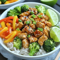 - 2 boneless, skinless chicken breasts, diced - 1 cup jasmine rice - 1/4 cup low-sodium soy sauce - 2 tablespoons honey - 1 tablespoon rice vinegar - 1 teaspoon sesame oil - 1 cup broccoli florets - 1 medium carrot, julienned - 2 green onions, chopped To make tasty teriyaki chicken bowls, you need fresh ingredients. Start with chicken breasts. I like to use boneless and skinless chicken for ease. Dicing them into bite-sized pieces helps them cook evenly. Next, jasmine rice is a great choice. It’s fragrant and fluffy. Use this rice to soak up all the delicious teriyaki sauce. For the sauce, low-sodium soy sauce is key. It brings saltiness without being too overpowering. Honey adds sweetness, while rice vinegar gives a nice tang. A touch of sesame oil adds rich flavor. Don’t forget the veggies! Fresh broccoli florets bring crunch, while julienned carrots add color. Green onions are perfect for garnish. They give a fresh pop to your dish. By gathering these ingredients, you’ll set yourself up for success. Ready to cook? Check out the Full Recipe for all the steps. To start, combine 1 cup of jasmine rice with 2 cups of water or chicken broth in a medium saucepan. This choice adds a savory touch. Bring this mixture to a boil over medium-high heat. Once it starts bubbling, reduce the heat to low, cover the pot, and let it simmer. Cook for about 15 minutes until the rice is fluffy and all the liquid is absorbed. After cooking, remove the pot from heat and let it sit, covered, for 5 more minutes. Fluff the rice with a fork before serving. Next, let's make the teriyaki sauce. In a small bowl, whisk together 1/4 cup of low-sodium soy sauce, 2 tablespoons of honey, 1 tablespoon of rice vinegar, 1 teaspoon of sesame oil, 1 teaspoon of finely grated fresh ginger, and 2 minced garlic cloves. Mix well until all the ingredients blend smoothly. This sauce gives the chicken a delicious, sweet, and savory flavor. Now, we’ll cook the chicken. Heat a drizzle of oil in a large skillet over medium heat. When the oil is hot, add the diced chicken breasts. Season them with salt and pepper to your taste. Sauté the chicken for about 5 to 7 minutes. Stir occasionally until the chicken turns golden brown and is fully cooked, with no pink showing in the center. This step ensures the chicken is juicy and flavorful. These steps will guide you to make savory teriyaki chicken bowls with rice. For the complete recipe, check out the Full Recipe section. To make fluffy rice, rinse the jasmine rice before cooking. This washes away excess starch and prevents clumping. Use a 1:2 ratio of rice to chicken broth for extra flavor. The broth adds a rich taste that enhances your dish. Bring the mixture to a boil, then lower the heat. Cover it and let it simmer until it's tender. This method gives you perfect rice every time. Do you want a sweeter sauce? Add a bit more honey to your mix. You can also adjust the soy sauce for saltiness. If you like some heat, try adding fresh ginger or a bit of chili. These ingredients bring a nice kick and depth of flavor. Taste as you go to get the balance just right. To make your bowls look great, layer the rice first. Then, artfully arrange the chicken and vegetables on top. This adds visual appeal. Garnish with green onions and sesame seeds for a nice touch. For a pop of color, add a lime wedge. Squeezing lime juice over the bowl brightens the flavors. These small details make a big difference in how your dish looks and tastes. {{image_4}} You can switch up the protein in your teriyaki chicken bowls. Shrimp or tofu can add a fun twist. - Shrimp: Cook shrimp in a skillet for 3-4 minutes. They cook fast and soak up the sauce well. - Tofu: Use firm tofu. Cut it into cubes and pan-fry until golden. This gives it a great texture. If you prefer beef or pork, here’s how to cook them: - Beef: Use flank steak. Slice it thinly against the grain. Sauté it for 4-5 minutes until it is brown. - Pork: Pork tenderloin works nicely. Slice it thin and cook for about 6-7 minutes until it is no longer pink. You can customize your teriyaki bowls with different veggies. Here are some great options: - Zucchini: Slice it thin and add it to the skillet. It cooks quickly and adds a nice crunch. - Snap peas: These add sweetness and color. Toss them in for the last few minutes of cooking. Consider seasonal ingredients too: - Spring: Use asparagus or peas for a fresh taste. - Fall: Add roasted sweet potatoes or butternut squash for a hearty feel. Want to elevate the flavor of your teriyaki chicken bowls? Try these ideas: - Pineapple: Add fresh pineapple chunks to the skillet. It brings sweetness and a tropical twist. - Teriyaki Glaze: Drizzle extra teriyaki glaze on top before serving. This adds a rich, sweet layer. You can also mix in herbs and spices: - Sesame Seeds: Toast them in a dry pan for added crunch. - Green Onions: Sprinkle them on top for a fresh finish. Experiment with these variations to make your teriyaki chicken bowls unique and delicious! For the complete recipe, check the Full Recipe section. When you have leftovers from your teriyaki chicken bowls, store them in the fridge right away. For best results, use airtight containers. This keeps the flavors fresh. Make sure the food cools down first. You can safely refrigerate the dish for up to three days. To freeze teriyaki chicken bowls, let them cool completely. Then, place them in freezer-safe containers. You can also use freezer bags. Remove as much air as possible to avoid freezer burn. When you’re ready to eat, thaw the bowls overnight in the fridge. For reheating, use a microwave or stovetop until hot throughout. For safe consumption, eat your teriyaki chicken bowls within three days if stored in the fridge. If frozen, they can last up to three months. Always check for signs that the dish has gone bad. If it smells sour or has a strange color, it’s best to toss it out. Enjoy your meal safely! Making Teriyaki Chicken Bowls takes about 35 minutes. You spend 10 minutes on prep and 25 minutes cooking. This quick cooking time makes it perfect for busy weeknights. Yes, you can make Teriyaki Chicken Bowls in advance. Cook the chicken and veggies, then store them in airtight containers. Keep the rice separate to prevent sogginess. You can enjoy this meal later with great taste! You can serve your Teriyaki Chicken Bowls with: - Steamed edamame - A side salad - Pickled ginger - Sliced cucumbers These sides add freshness and balance to your meal. To make this recipe gluten-free, swap the soy sauce for tamari or coconut aminos. Check all ingredient labels for hidden gluten. This way, you can enjoy Teriyaki Chicken Bowls without worry. You can find the Full Recipe in the recipe section. It includes all the ingredients and detailed cooking steps. This ensures you create your delicious Teriyaki Chicken Bowls with ease! This post covered how to make tasty Teriyaki Chicken Bowls. We discussed key ingredients, an easy cooking method, and helpful tips for a great meal. You can mix in different proteins or vegetables to tailor the dish to your tastes. Remember to store any leftovers properly for future meals. This dish is simple and customizable, making it a winner for busy days. Enjoy your cooking adventure and feel free to explore other flavors!