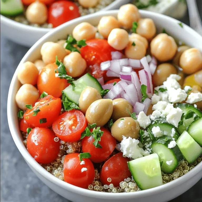 To make your Mediterranean Quinoa Bowls, you need fresh and tasty ingredients. Here’s what you should gather: - Quinoa - Vegetable broth - Fresh vegetables: cherry tomatoes, cucumber, red bell pepper, red onion - Chickpeas - Kalamata olives - Feta cheese (optional) - Dressing ingredients: olive oil, lemon juice, oregano, salt, and black pepper - Fresh parsley for garnish Each item adds flavor and color to your bowl. Quinoa is a great base. It’s light and fluffy and packed with protein. The vegetable broth makes it even more tasty. Fresh vegetables bring crunch and refreshment. Chickpeas add heartiness, while Kalamata olives give a briny touch. If you like, sprinkle feta cheese on top for creaminess. The dressing mixes olive oil, lemon juice, and oregano for a zesty kick. Finally, parsley brightens your dish with its green color. Feel free to explore this [Full Recipe] for all the cooking details! To cook the quinoa, start by rinsing it well. Place the quinoa in a fine mesh strainer and run it under cold water for about 30 seconds. This step removes any bitterness. After rinsing, let it drain completely. Next, in a medium saucepan, combine the rinsed quinoa with 2 cups of vegetable broth. Bring it to a boil over medium-high heat. Once it starts to boil, reduce the heat to low. Cover the pot with a lid and let it simmer for about 15 minutes. The quinoa will absorb the broth and become fluffy. After cooking, take it off the heat and let it sit, still covered, for another 5 minutes. Finally, fluff the quinoa with a fork and set it aside. While the quinoa cooks, grab your fresh vegetables. Start with the cherry tomatoes; cut them in half. For the cucumber and red bell pepper, dice them into small pieces. Use a sharp knife and be careful while cutting. Finely chop the red onion. Now, in a large mixing bowl, add the halved cherry tomatoes, diced cucumber, red bell pepper, chopped red onion, and chickpeas. If you use canned chickpeas, drain and rinse them first. Add the halved Kalamata olives to the bowl. Toss everything gently to mix well. In a small mixing bowl, make the dressing. Whisk together 2 tablespoons of extra virgin olive oil and 1 tablespoon of fresh lemon juice. Next, add 1 teaspoon of dried oregano, along with a pinch of salt and black pepper. Mix well until all the ingredients combine nicely. If you want to adjust the flavors, taste the dressing. You may add extra lemon juice for more tang or a bit more olive oil for richness. Now it’s time to bring everything together. Add the cooked quinoa to the bowl with the mixed vegetables and chickpeas. Drizzle the dressing over the top. Using a spatula or wooden spoon, gently toss all the ingredients together. Make sure the quinoa and vegetables are evenly coated in the dressing. For serving, spoon the Mediterranean Quinoa Bowls into individual bowls. If you like, sprinkle crumbled feta cheese on top. This adds a creamy flavor. Lastly, garnish with fresh chopped parsley for a pop of color and freshness. For the full experience, check out the [Full Recipe]. To ensure quinoa cooks perfectly, rinse it well before cooking. This step removes the bitter coating called saponin. Use a fine mesh strainer for easy rinsing. Cook the quinoa in vegetable broth for added flavor. Bring the broth to a boil, then lower the heat. Let it simmer for about 15 minutes. After that, let it sit covered for 5 more minutes. Fluff it gently with a fork to keep it light and airy. Common mistakes include not rinsing the quinoa and using too much liquid. Always check the package for the right water-to-quinoa ratio. If your quinoa turns mushy, you may have added too much liquid or overcooked it. To boost flavor, try adding spices like cumin or smoked paprika. Fresh herbs like mint or dill can also add brightness. Mix in a pinch of red pepper flakes for heat. These options can elevate your dish. For more protein, add grilled chicken or shrimp. You could also include toasted nuts or seeds for crunch. These ingredients not only add protein but also enhance the overall taste and texture. For serving style, use colorful bowls to make the dish pop. Layer quinoa and veggies for a beautiful look. Consider adding a lemon wedge beside each bowl. This adds a fresh touch and lets diners squeeze some juice over their meal. For garnishing, sprinkle fresh parsley or mint on top. You can also add some feta cheese if you like. A drizzle of extra virgin olive oil can give a nice shine and extra flavor. For the full recipe, check out the details above. {{image_4}} You can easily switch up the vegetables in your Mediterranean quinoa bowls. If you love bell peppers, try adding yellow or green ones. You can also use spinach or zucchini for a fresh twist. For a creamy touch, consider using vegan feta cheese. It gives the same tangy flavor without dairy. This way, everyone can enjoy a tasty meal. Quinoa is naturally gluten-free, making it a great choice. Just ensure your vegetable broth is also gluten-free. If you want to try other grains, consider using rice or millet. Both work well and add their unique flavors to the dish. Just remember to cook them according to package instructions. Making these bowls ahead of time can save you effort during busy days. Cook a large batch of quinoa and store it in the fridge. You can quickly mix it with your favorite vegetables when you’re ready to eat. Personalize your bowls based on your diet. Add grilled chicken for protein or extra chickpeas for a hearty meal. The options are endless, and you can enjoy a fresh meal every time! For the full recipe, check out the details above. To keep your Mediterranean Quinoa Bowls fresh, store leftovers in an airtight container. This helps to lock in flavors and moisture. Make sure to cool the dish to room temperature before sealing it. In the fridge, your quinoa bowls will last for about three to four days. If you see any signs of spoilage, like off smells or mold, discard it right away. Yes, you can freeze Mediterranean Quinoa Bowls! Just portion them into freezer-safe containers. Leave some space at the top for expansion. They can stay good in the freezer for up to three months. When you're ready to eat, thaw the bowls in the fridge overnight. For reheating, warm them in the microwave or on the stovetop. Add a splash of broth or water to help rehydrate the quinoa. Get creative with your leftovers! One fun idea is to make a quinoa salad by adding more fresh veggies or herbs. You can also turn them into a wrap. Just spoon the quinoa mix into a tortilla, roll it up, and enjoy. Another option is to use the quinoa as a base for a veggie burger. The possibilities are endless! For the full recipe, check out the Mediterranean Quinoa Bowls section. Mediterranean Quinoa Bowls are colorful, healthy meals filled with grains and fresh produce. They come from the Mediterranean region, known for its vibrant flavors. This dish combines cooked quinoa with veggies like tomatoes, cucumbers, and bell peppers. Chickpeas add protein, and olives bring a salty punch. You can top it with feta cheese for creaminess. The result is a dish that is both filling and refreshing. Yes, you can prepare Mediterranean Quinoa Bowls ahead of time. Cook the quinoa and chop the veggies, then store them separately. Keep the dressing in a jar in the fridge. This way, you can mix everything when you are ready to eat. The bowls will stay fresh for up to three days in the fridge. Just remember to add the dressing right before serving to keep the veggies crisp. If you do not have quinoa, you can use other grains. Here are some great alternatives: - Couscous: Light and fluffy, it cooks quickly. - Farro: Chewy and nutty, it adds more texture. - Brown rice: A classic choice, it is hearty and filling. Each of these grains has its own flavor and texture, so feel free to experiment! To add heat to your Mediterranean Quinoa Bowls, try these ideas: - Red pepper flakes: Sprinkle them in the dressing for a kick. - Chili oil: Drizzle some on top before serving. - Spicy olives: Use marinated olives for extra flavor. These simple changes can make your meal exciting and bold! For the full recipe, check the "Mediterranean Quinoa Bowls" section. This article shows how to make tasty Mediterranean Quinoa Bowls. We covered the main ingredients, cooking steps, and tips to make it great. You learned how to store leftovers and make changes to suit your taste. Try adding spices or different veggies for a twist. These bowls are not just easy to make; they are also healthy and packed with flavor. Enjoy experimenting in your kitchen!