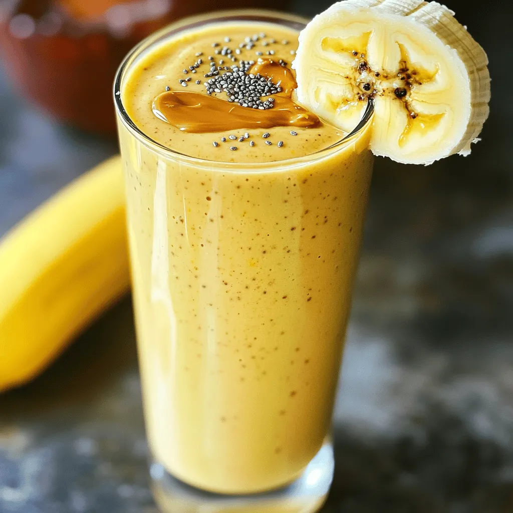 Here’s what you need to make a tasty Peanut Butter Banana Smoothie: - 2 ripe bananas - 2 tablespoons peanut butter - 1 cup almond milk (or preferred milk variety) - 1 tablespoon honey or maple syrup (optional) - 1/2 cup Greek yogurt - 1/4 teaspoon pure vanilla extract - 1 tablespoon chia seeds (optional) - Ice cubes (optional) Each ingredient plays a special role. The ripe bananas bring natural sweetness and creaminess. Peanut butter adds a rich, nutty flavor. Almond milk keeps it light and smooth. Greek yogurt enhances the creaminess and adds protein. Pure vanilla extract gives a lovely aroma. Chia seeds boost nutrition, while ice cubes chill the drink. You can find the full recipe for this delightful smoothie to enjoy. Mix and match these ingredients to suit your taste! - Start by peeling the ripe bananas. Break them into chunks. - Place the banana chunks into your blender. - Now, add the peanut butter, almond milk, Greek yogurt, and vanilla extract. This creates a creamy base. - If you want a sweeter smoothie, include honey or maple syrup to taste. - For a health boost, add chia seeds to the mix. - Blend all ingredients together on high speed. Your goal is a smooth and creamy texture. - If you like it chilled, throw in some ice cubes. Blend again until the mix is cold. - After blending, taste your smoothie. If it needs more sweetness, add more honey or maple syrup. Blend briefly to mix. Enjoy your Peanut Butter Banana Bliss Smoothie! For the full recipe, check out the complete instructions above. To create an amazing peanut butter banana smoothie, start with ripe bananas. Ripe bananas have natural sweetness that makes your smoothie taste great. You can choose between smooth or crunchy peanut butter based on what you like. Smooth peanut butter gives a creamy texture, while crunchy adds fun bites. If your smoothie is too thick, just add more milk. This helps you reach your preferred consistency. Serving matters! Present your smoothie in tall glasses to make it look fancy. A sprinkle of chia seeds on top can add a nice touch. For extra flair, add a slice of banana on the rim of each glass. You could also drizzle some peanut butter on top for decoration. This makes your drink look as good as it tastes! {{image_4}} You can switch things up to create new flavors in your Peanut Butter Banana Smoothie. Here are some fun ideas: - Coconut milk: Use coconut milk instead of almond milk. It adds a tropical flavor that is refreshing and sweet. - Greens: Toss in a handful of spinach or kale. It boosts nutrients without changing the taste much. - Flavored yogurt: Try using flavored Greek yogurt. It gives extra taste and creaminess to your smoothie. If you have dietary needs, you can easily adjust this recipe: - Vegan option: Skip the Greek yogurt to make it vegan. The smoothie will still be creamy and tasty. - Nut-free choice: Swap peanut butter for almond or sunflower seed butter. This change keeps the flavor delicious without nuts. After making your Peanut Butter Banana Smoothie, store leftovers in an airtight container in the fridge. This keeps your smoothie fresh and tasty. For the best flavor and texture, try to drink it within 24 hours. It will taste best when it's still creamy and cold. If you want to save some for later, you can freeze portions of your smoothie. Just pour the smoothie into ice cube trays or small containers. When you're ready to enjoy it, blend the frozen portions. This gives you a thicker smoothie texture, perfect for a hot day. Plus, it's a great way to enjoy a quick treat! What are the health benefits of a Peanut Butter Banana Smoothie? This smoothie is packed with nutrients. Bananas provide potassium, which is great for your heart. Peanut butter offers healthy fats and protein, which help keep you full. Greek yogurt adds calcium and probiotics for gut health. Together, they make a balanced snack or meal. Can I make this smoothie ahead of time? Yes, you can. Just blend all the ingredients and store the smoothie in the fridge. It stays fresh for up to 24 hours. If it thickens, just stir in a bit of milk before drinking. What’s the best way to sweeten the smoothie? I recommend using honey or maple syrup. Start with a small amount and taste as you go. If your bananas are ripe, you may not need any extra sweetener. Is it okay to use frozen bananas for this recipe? Absolutely! Frozen bananas make the smoothie extra creamy and cold. Just peel and slice your bananas before freezing. They will blend well and give you a nice texture. For the full recipe, check out Peanut Butter Banana Bliss Smoothie. This blog post covered creating a delicious Peanut Butter Banana Smoothie. We explored the perfect ingredients, step-by-step preparation, and tips for a great taste. You learned how to customize the recipe to fit your needs and how to store leftovers. In conclusion, this smoothie is an easy and tasty option for a snack or breakfast. Try making it your own with different ingredients! Enjoy your smooth and creamy creation.