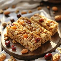 To make Nutty Bliss Homemade Granola Bars, gather these simple ingredients: - 2 cups rolled oats - 1 cup mixed nuts (almonds, walnuts, and pecans), roughly chopped - ½ cup honey or maple syrup - ½ cup natural nut butter (peanut or almond) - ½ cup dried fruits (cranberries, raisins, or chopped apricots) - ¼ cup seeds (pumpkin or sunflower seeds) - 1 teaspoon vanilla extract - ½ teaspoon ground cinnamon - Pinch of salt You can easily swap ingredients based on your taste or what you have at home. - Use any nut butter like cashew or sunflower seed butter. - You can replace honey with agave syrup for a vegan option. - Choose whatever nuts you prefer; just ensure they are unsalted. - If you dislike dried fruits, try adding dark chocolate chips or coconut flakes instead. Each serving of these granola bars is packed with nutrients. - Calories: About 150 - Protein: 4g - Carbohydrates: 20g - Fiber: 3g - Sugars: 7g - Healthy Fats: 7g These homemade granola bars are a great snack for energy and nutrition. You can enjoy them after school, during work, or while hiking. They are simple to make, and you know exactly what goes into them. For the full recipe, please refer to the Full Recipe section. To start, gather all your ingredients for the granola bars. You will need rolled oats, mixed nuts, honey, nut butter, dried fruits, seeds, vanilla extract, ground cinnamon, and a pinch of salt. Measure each ingredient carefully. This will make mixing easier and more efficient. Preheat your oven to 350°F (175°C). Line an 8x8 inch baking dish with parchment paper. Leave some paper hanging over the sides. This will help you lift the bars out later. In a large mixing bowl, add the rolled oats, chopped mixed nuts, seeds, ground cinnamon, and a pinch of salt. Stir these dry ingredients well to mix them evenly. In a small saucepan, warm the honey and nut butter over low heat. Stir until they melt and blend smoothly. Remove the pan from heat and mix in the vanilla extract. Pour this warm mixture over the dry ingredients. Stir until everything is coated. Then, gently fold in the dried fruits. Transfer the mixture to the lined baking dish. Use your hands or a spatula to press it down firmly. This helps the bars stick together. Bake for 20-25 minutes. Watch for the edges to turn golden brown. The center should stay soft but not wet. Once baked, let the granola bars cool completely in the pan for about 30 minutes. This cooling time is crucial for setting the bars. Use the parchment paper overhang to lift the bars out of the dish. Place them on a cutting board. Use a sharp knife to cut them into bars or squares. You can choose the size that you like best. Store the granola bars in an airtight container at room temperature for up to one week. For longer freshness, refrigerate them. Enjoy making these simple, delicious snacks from the Full Recipe! When making homemade granola bars, some mistakes can happen. Here are a few to watch out for: - Not measuring ingredients: Always measure your oats, nuts, and sweeteners. This ensures the right balance. - Overmixing: Mixing too much can break down the oats. Stir just until combined. - Skipping the cooling step: Letting bars cool completely helps them set. Cutting too soon can lead to crumbling. To make your granola bars even tastier, try these tips: - Add spices: Consider adding nutmeg or ginger for a warm flavor. - Use flavored nut butter: Try almond butter with honey or chocolate for a twist. - Mix in chocolate chips: Sprinkle some dark chocolate chips for extra sweetness and texture. The way you mix your ingredients matters a lot. Here’s how to get it right: - Start with dry ingredients: Mix oats, nuts, and seeds first. This helps distribute flavors evenly. - Warm wet ingredients: Heat honey and nut butter together. This makes it easier to coat dry ingredients. - Fold in dried fruits last: Adding them last prevents them from breaking down in the mixture. Use these tips and tricks to create your perfect homemade granola bars. For the full recipe, check out the detailed guide above! {{image_4}} You can add many flavors to your granola bars. Want something sweet? Try adding chocolate chips or dried mango. You can mix in spices like nutmeg or ginger for a warm flavor. If you prefer savory, consider adding cheese powder or even herbs. A hint of rosemary can make your bars unique. Customizing ingredients is easy. If you're gluten-free, use certified gluten-free oats. For nut allergies, swap nuts for seeds like sunflower or hemp. You can also use a nut-free butter like sunflower seed butter. If you're vegan, replace honey with agave or maple syrup. Adjusting the recipe for your needs makes it more enjoyable. Seasonal ingredients can make your granola bars fun. In fall, add pumpkin spice and chopped pecans for a cozy taste. During summer, use fresh berries or toasted coconut for a light feel. In winter, consider adding dried cranberries and orange zest to brighten your day. These themes keep your snacks fresh and exciting. These variations let you create a granola bar that fits your taste and needs. For the full recipe, check out the Nutty Bliss Homemade Granola Bars section above. Store your granola bars in an airtight container. This keeps them fresh. You can keep them at room temperature for up to one week. If you prefer, refrigerate them to make them last longer. Just remember to wrap each bar well if you do. To increase the shelf life, avoid moisture. When you store the bars, keep them away from heat or sunlight. For added protection, you can wrap them in plastic wrap and then place them in a container. This helps to keep them tasty and fresh. Freezing is a great way to save your granola bars. Cut them into squares or bars first. Then, wrap each piece tightly in plastic wrap. Place the wrapped bars in a freezer-safe bag or container. They can last for up to three months in the freezer. When you want one, let it thaw at room temperature for about 30 minutes before enjoying. To make your granola bars crunchy, bake them longer. Aim for a golden color on the edges. You can also add more nuts or seeds. These ingredients add texture and crunch. Let them cool completely before cutting. This helps them hold together better. You can omit the sweetener, but the bars may taste bland. Sweeteners like honey or maple syrup help bind the ingredients. If you skip them, try adding mashed bananas or unsweetened applesauce. These options add some natural sweetness and moisture. The best way to cut granola bars is when they are cool. Use a sharp knife for clean cuts. You can also score them before they cool completely. This will guide your cuts and help prevent crumbling. Homemade granola bars last about one week at room temperature. Store them in an airtight container to keep them fresh. If you want them to last longer, place them in the fridge. This can extend their life by a few more days. Homemade granola bars offer many benefits. You control the ingredients and can adjust flavors. They are often healthier than store-bought options, which may contain added sugars or preservatives. Making them at home can also save money and reduce waste. Making granola bars at home is easy and fun. You learned about ingredients, baking steps, and storage tips. Remember to mix flavors for your favorite taste. Use our common mistakes to avoid pitfalls as you bake. Homemade bars are not just healthier; they are also tasty and last long when stored properly. Enjoy making your granola bars and share them with friends!