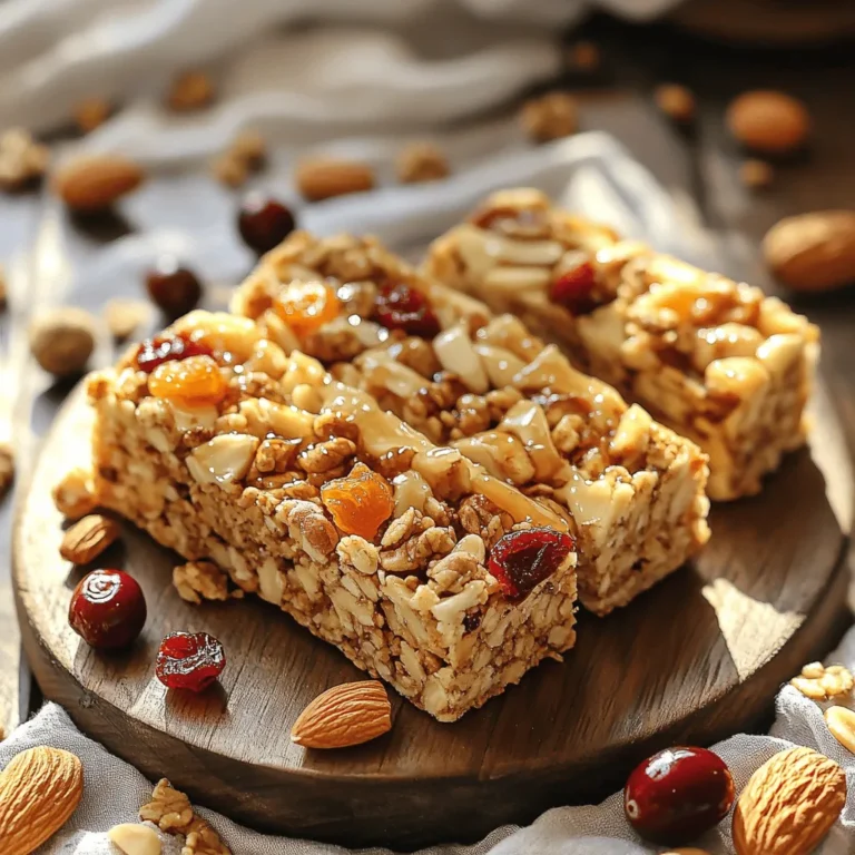 To make Nutty Bliss Homemade Granola Bars, gather these simple ingredients: - 2 cups rolled oats - 1 cup mixed nuts (almonds, walnuts, and pecans), roughly chopped - ½ cup honey or maple syrup - ½ cup natural nut butter (peanut or almond) - ½ cup dried fruits (cranberries, raisins, or chopped apricots) - ¼ cup seeds (pumpkin or sunflower seeds) - 1 teaspoon vanilla extract - ½ teaspoon ground cinnamon - Pinch of salt You can easily swap ingredients based on your taste or what you have at home. - Use any nut butter like cashew or sunflower seed butter. - You can replace honey with agave syrup for a vegan option. - Choose whatever nuts you prefer; just ensure they are unsalted. - If you dislike dried fruits, try adding dark chocolate chips or coconut flakes instead. Each serving of these granola bars is packed with nutrients. - Calories: About 150 - Protein: 4g - Carbohydrates: 20g - Fiber: 3g - Sugars: 7g - Healthy Fats: 7g These homemade granola bars are a great snack for energy and nutrition. You can enjoy them after school, during work, or while hiking. They are simple to make, and you know exactly what goes into them. For the full recipe, please refer to the Full Recipe section. To start, gather all your ingredients for the granola bars. You will need rolled oats, mixed nuts, honey, nut butter, dried fruits, seeds, vanilla extract, ground cinnamon, and a pinch of salt. Measure each ingredient carefully. This will make mixing easier and more efficient. Preheat your oven to 350°F (175°C). Line an 8x8 inch baking dish with parchment paper. Leave some paper hanging over the sides. This will help you lift the bars out later. In a large mixing bowl, add the rolled oats, chopped mixed nuts, seeds, ground cinnamon, and a pinch of salt. Stir these dry ingredients well to mix them evenly. In a small saucepan, warm the honey and nut butter over low heat. Stir until they melt and blend smoothly. Remove the pan from heat and mix in the vanilla extract. Pour this warm mixture over the dry ingredients. Stir until everything is coated. Then, gently fold in the dried fruits. Transfer the mixture to the lined baking dish. Use your hands or a spatula to press it down firmly. This helps the bars stick together. Bake for 20-25 minutes. Watch for the edges to turn golden brown. The center should stay soft but not wet. Once baked, let the granola bars cool completely in the pan for about 30 minutes. This cooling time is crucial for setting the bars. Use the parchment paper overhang to lift the bars out of the dish. Place them on a cutting board. Use a sharp knife to cut them into bars or squares. You can choose the size that you like best. Store the granola bars in an airtight container at room temperature for up to one week. For longer freshness, refrigerate them. Enjoy making these simple, delicious snacks from the Full Recipe! When making homemade granola bars, some mistakes can happen. Here are a few to watch out for: - Not measuring ingredients: Always measure your oats, nuts, and sweeteners. This ensures the right balance. - Overmixing: Mixing too much can break down the oats. Stir just until combined. - Skipping the cooling step: Letting bars cool completely helps them set. Cutting too soon can lead to crumbling. To make your granola bars even tastier, try these tips: - Add spices: Consider adding nutmeg or ginger for a warm flavor. - Use flavored nut butter: Try almond butter with honey or chocolate for a twist. - Mix in chocolate chips: Sprinkle some dark chocolate chips for extra sweetness and texture. The way you mix your ingredients matters a lot. Here’s how to get it right: - Start with dry ingredients: Mix oats, nuts, and seeds first. This helps distribute flavors evenly. - Warm wet ingredients: Heat honey and nut butter together. This makes it easier to coat dry ingredients. - Fold in dried fruits last: Adding them last prevents them from breaking down in the mixture. Use these tips and tricks to create your perfect homemade granola bars. For the full recipe, check out the detailed guide above! {{image_4}} You can add many flavors to your granola bars. Want something sweet? Try adding chocolate chips or dried mango. You can mix in spices like nutmeg or ginger for a warm flavor. If you prefer savory, consider adding cheese powder or even herbs. A hint of rosemary can make your bars unique. Customizing ingredients is easy. If you're gluten-free, use certified gluten-free oats. For nut allergies, swap nuts for seeds like sunflower or hemp. You can also use a nut-free butter like sunflower seed butter. If you're vegan, replace honey with agave or maple syrup. Adjusting the recipe for your needs makes it more enjoyable. Seasonal ingredients can make your granola bars fun. In fall, add pumpkin spice and chopped pecans for a cozy taste. During summer, use fresh berries or toasted coconut for a light feel. In winter, consider adding dried cranberries and orange zest to brighten your day. These themes keep your snacks fresh and exciting. These variations let you create a granola bar that fits your taste and needs. For the full recipe, check out the Nutty Bliss Homemade Granola Bars section above. Store your granola bars in an airtight container. This keeps them fresh. You can keep them at room temperature for up to one week. If you prefer, refrigerate them to make them last longer. Just remember to wrap each bar well if you do. To increase the shelf life, avoid moisture. When you store the bars, keep them away from heat or sunlight. For added protection, you can wrap them in plastic wrap and then place them in a container. This helps to keep them tasty and fresh. Freezing is a great way to save your granola bars. Cut them into squares or bars first. Then, wrap each piece tightly in plastic wrap. Place the wrapped bars in a freezer-safe bag or container. They can last for up to three months in the freezer. When you want one, let it thaw at room temperature for about 30 minutes before enjoying. To make your granola bars crunchy, bake them longer. Aim for a golden color on the edges. You can also add more nuts or seeds. These ingredients add texture and crunch. Let them cool completely before cutting. This helps them hold together better. You can omit the sweetener, but the bars may taste bland. Sweeteners like honey or maple syrup help bind the ingredients. If you skip them, try adding mashed bananas or unsweetened applesauce. These options add some natural sweetness and moisture. The best way to cut granola bars is when they are cool. Use a sharp knife for clean cuts. You can also score them before they cool completely. This will guide your cuts and help prevent crumbling. Homemade granola bars last about one week at room temperature. Store them in an airtight container to keep them fresh. If you want them to last longer, place them in the fridge. This can extend their life by a few more days. Homemade granola bars offer many benefits. You control the ingredients and can adjust flavors. They are often healthier than store-bought options, which may contain added sugars or preservatives. Making them at home can also save money and reduce waste. Making granola bars at home is easy and fun. You learned about ingredients, baking steps, and storage tips. Remember to mix flavors for your favorite taste. Use our common mistakes to avoid pitfalls as you bake. Homemade bars are not just healthier; they are also tasty and last long when stored properly. Enjoy making your granola bars and share them with friends!