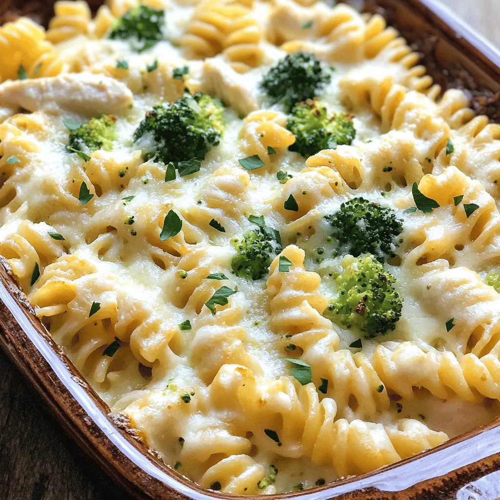 - 2 cups rotini pasta - 2 cups cooked chicken, shredded - 2 cups fresh broccoli florets - 1 cup heavy cream - 1 cup Alfredo sauce (store-bought or homemade) - 1 cup shredded mozzarella cheese - 1/2 cup grated Parmesan cheese - 1 teaspoon garlic powder - 1 teaspoon onion powder - 1/2 teaspoon freshly ground black pepper - 1/4 teaspoon salt - 1 tablespoon fresh parsley, chopped (for garnish) This dish is all about simple, fresh ingredients. Start with rotini pasta. Its spiral shape holds sauce well. Use cooked chicken that you can shred easily. If you have leftover chicken, it works great! Fresh broccoli adds color and crunch. For the creamy base, heavy cream and Alfredo sauce blend perfectly. You can buy Alfredo sauce or make your own. Mozzarella cheese gives it that gooey, cheesy goodness. Parmesan adds a rich flavor. Seasonings like garlic powder and onion powder add depth. Black pepper and salt enhance all the flavors. Finally, fresh parsley brightens the dish. This recipe is quick and easy. With these ingredients, you will create a tasty meal. For the complete cooking details, check the Full Recipe. Enjoy every bite! Set your oven to preheat at 350°F (175°C). This step is key for even cooking. In a large pot, bring salted water to a rolling boil. Add the rotini pasta and cook according to the package instructions. Aim for an al dente texture. Once cooked, carefully drain the pasta and return it to the pot. While the pasta cooks, take a steamer basket and place it inside a saucepan filled with a couple of inches of water. Bring the water to a boil. Next, add the broccoli florets to the basket. Cover and steam for about 3-4 minutes. The broccoli should be bright green and tender. After steaming, mix the broccoli into the pot with the drained pasta. In a medium mixing bowl, whisk together the heavy cream and Alfredo sauce. Add garlic powder, onion powder, black pepper, and salt. Make sure the mixture is smooth and well combined. Pour the creamy sauce over the pasta and broccoli mix. Gently add the shredded chicken. Toss everything together until the pasta, broccoli, and chicken are fully coated with the sauce. Lightly grease a 9x13 inch baking dish. Transfer the creamy mixture into the dish, spreading it out evenly. Top it off with a generous layer of shredded mozzarella cheese, followed by grated Parmesan cheese for added depth of flavor. Carefully place the baking dish in the preheated oven. Bake for 25-30 minutes. You want the cheese to melt, bubble, and turn a golden brown. Once baked, remove the dish from the oven. Let it cool for about 5 minutes. Before serving, sprinkle with fresh parsley for a burst of color and freshness. To keep your pasta from sticking, stir it often while it cooks. Use plenty of water and salt. For bright green broccoli, steam it for just 3-4 minutes. You want it tender but still crisp. This keeps the color and nutrients intact. This creamy chicken Alfredo bake goes great with a fresh green salad. The crunch of the salad balances the rich dish. You can also serve it with garlic bread for a hearty meal. For a twist, add some roasted vegetables on the side. For a beautiful presentation, serve the bake right from the dish. Sprinkle extra grated Parmesan on top for a nice touch. A bit of fresh parsley adds color and freshness. These small details make your meal look even more inviting. {{image_4}} You can switch up the protein in your creamy chicken Alfredo bake. If you want a different taste, try using cooked shrimp or diced turkey. Both options bring a unique twist to the dish. You can even use ground beef or sausage for a heartier meal. Just make sure to cook the meat fully before mixing it in. This way, your bake stays tasty and safe. For a meatless creamy Alfredo bake, simply skip the chicken. Add more veggies instead, like mushrooms, bell peppers, or spinach. These will add great flavor and nutrients. You can also use beans for extra protein. Chickpeas or white beans work well here. Just stir them in with the pasta and sauce. You’ll enjoy a fulfilling meal that everyone will love. To boost the flavor of your creamy chicken Alfredo bake, add herbs and spices. Fresh basil or thyme can bring a fresh taste. You might also try red pepper flakes for some heat. A squeeze of lemon juice can add brightness. Just mix these into your sauce before baking. These small changes can take your dish to the next level. To store leftovers, let the dish cool completely. Transfer it to an airtight container. This helps keep it fresh. You can store it in the fridge for up to three days. When ready to eat, check for any signs of spoilage. For freezing, first let the dish cool down. Cut it into portions, then wrap each piece tightly in plastic wrap. Place the wrapped portions in a freezer-safe bag or container. This way, you can save it for up to three months. To reheat, remove the wrap and thaw it in the fridge overnight. To keep the creamy texture, reheat in the oven at 350°F. Cover the dish with foil to prevent drying out. Bake for about 20 minutes or until heated through. You can also use the microwave. Heat in short bursts and stir frequently. This helps maintain the creaminess. Remember, slow reheating is key to a delicious meal! To make a simple Alfredo sauce, you need just a few ingredients. Start with 1 cup of heavy cream. Heat it in a pan over medium heat. Then, add 1/2 cup of grated Parmesan cheese. Stir until the cheese melts. Add salt and pepper to taste. For extra flavor, add 1 clove of minced garlic. Cook for a few more minutes, and your sauce is ready! This sauce is rich and creamy, perfect for your bake. Yes, you can use different pasta shapes! While rotini works great, other shapes like penne, fusilli, or farfalle are also tasty. Just ensure that the pasta cooks well and holds the sauce. Each shape gives a unique bite, making your dish fun and exciting. If you need a lighter option, you can use half-and-half or whole milk. For a dairy-free option, try coconut milk or almond milk. Just remember, these alternatives may change the texture and flavor slightly. Adjust seasonings as needed to keep it delicious. Your creamy chicken Alfredo bake lasts about 3 to 4 days in the fridge. Store it in an airtight container to keep it fresh. If you notice any change in smell or texture, it’s best to throw it away. Yes, preparing this dish ahead of time is easy! You can assemble the bake a day before and keep it in the fridge. Just cover it tightly. When you're ready to eat, bake it straight from the fridge. It may take a few extra minutes to cook through. This recipe serves about 6 people. If you want smaller portions, you can cut it into 8 servings. Each serving is filling, so even a smaller piece will satisfy. Absolutely! This creamy chicken Alfredo bake is great for meal prep. You can divide it into portions and store them in containers. It reheats well, making it perfect for quick lunches or dinners during the week. For the complete recipe, check out the [Full Recipe](#). This blog post guides you through making a creamy chicken Alfredo bake. We covered the ingredients, from rotini pasta to rich cheeses, ensuring tasty results. You learned step-by-step instructions for cooking and assembling your dish, plus essential tips for great flavor and presentation. Remember, you can swap proteins and even go vegetarian. Storing and reheating suggestions help keep leftovers fresh. Enjoy making this dish that’s easy to prep and delicious to share. Your culinary skills are sure to impress!