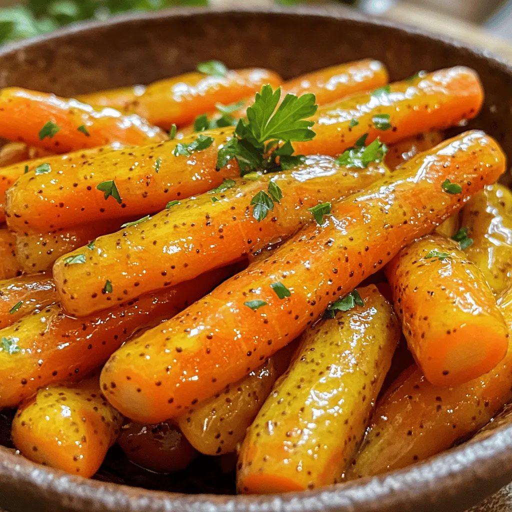 - 1 lb (450g) baby carrots, peeled - 2 tablespoons honey - 1 tablespoon Dijon mustard - 2 tablespoons unsalted butter - 1 tablespoon olive oil - Salt and freshly ground black pepper, to taste - Fresh parsley - Additional seasoning When I make honey mustard glazed carrots, I start with fresh baby carrots. Their natural sweetness shines when cooked. You can use larger carrots, but cut them into smaller pieces for even cooking. The honey adds a rich sweetness, while the Dijon mustard brings a tangy kick. I love to use unsalted butter for a creamy texture. Olive oil helps the glaze stick and adds flavor. Don’t forget salt and pepper! These simple seasonings really elevate the dish. For a fresh touch, I often sprinkle chopped parsley on top. It brightens the dish and adds color. Feel free to add more seasoning if you like a stronger flavor. Are you ready to make this tasty side? Check out the Full Recipe for all the steps! - <strong>Prep the carrots</strong>: Start by washing the baby carrots. Peel them if needed. Make sure they are all about the same size for even cooking. This helps them cook at the same time. – <strong>Measure ingredients</strong>: Gather your ingredients. You will need honey, Dijon mustard, unsalted butter, olive oil, salt, and pepper. Have fresh parsley ready for garnish. – <strong>Combine the glaze ingredients</strong>: In a medium saucepan, set the heat to medium. Add the honey, Dijon mustard, unsalted butter, and olive oil. Stir the mixture for 2-3 minutes. You want the butter to melt and mix well. – <strong>Simmering the carrots</strong>: Carefully add the peeled baby carrots to the saucepan. Season them with salt and pepper. Toss them gently to coat in the glaze. Cover the pan and reduce the heat to low. Let them simmer for about 15 minutes. Stir occasionally. The carrots should be tender but still have a slight crunch. – <strong>Finalizing the dish</strong>: After 15 minutes, turn the heat to medium-high and remove the lid. Continue cooking for 5-7 minutes, stirring often. This will thicken and caramelize the glaze. Once the carrots are perfectly glazed and tender, remove the pan from heat. Transfer them to a serving dish and sprinkle with finely chopped parsley before serving. Enjoy this vibrant side dish with your favorite meals. For the complete recipe, check out the [Full Recipe]. To make the honey mustard glaze just right, you can adjust the sweetness and tanginess. If you want a sweeter taste, add more honey. For extra tang, add more Dijon mustard. Taste as you go to find your perfect balance. Carrots come in many sizes. Baby carrots cook fast and stay sweet. Larger carrots take longer to cook, so cut them into smaller pieces. Aim for even sizes to cook them evenly. Choosing the right carrots makes a big difference. Fresh, firm carrots are best. Look for vibrant color and no soft spots. If you can, buy organic for better taste. Avoid overcooking your carrots. Keep an eye on them as they cook. They should be tender but still have a slight crunch. Stir occasionally to help them cook evenly. If you notice them getting too soft, take them off the heat right away. For more details on making this delicious side dish, check the Full Recipe. {{image_4}} You can easily change the sweetener in this dish. Maple syrup or agave can work well, too. They add a nice twist while keeping the flavor sweet. Each option brings a unique taste that complements the carrots well. For mustard, you have choices beyond Dijon. Consider using whole grain or yellow mustard. Each type offers a different level of tang and texture. This lets you customize the glaze to your liking. Spices can take your glazed carrots to the next level. Try adding a pinch of cumin for warmth or paprika for a smoky touch. These spices enhance the flavor and create a more complex dish. You can also mix in other veggies for added variety. Consider adding bell peppers or zucchini to the mix. They cook well with the carrots and add color to your plate. This makes your meal even more appealing and nutritious. To keep your honey mustard glazed carrots fresh, refrigerate any leftovers in an airtight container. They will last about three to five days in the fridge. If you want to store them longer, freezing is a good option. Place the cooled glazed carrots in a freezer-safe bag or container. Make sure to remove as much air as possible. They can stay good for up to three months in the freezer. When reheating your glazed carrots, you have a few options. You can use the microwave for quick reheating. Place the carrots in a bowl, cover it with a damp paper towel, and heat in short bursts, stirring in between. If you prefer, you can reheat them on the stove. Add a little water or butter to a pan and warm them over low heat. This helps keep their texture nice and firm. Avoid high heat to prevent them from becoming mushy. These tips will help you enjoy your honey mustard glazed carrots even after the first serving. For the full recipe, check out the earlier sections! <strong>How long do honey mustard glazed carrots last in the fridge?</strong> Honey mustard glazed carrots can last up to five days in the fridge. Store them in an airtight container. This keeps them fresh and tasty. <strong>Can I use other types of carrots for this recipe?</strong> Yes, you can use regular carrots, baby carrots, or even rainbow carrots. Just cut them into similar sizes for even cooking. This helps achieve the best flavor and texture. <strong>What other dishes pair well with honey mustard glazed carrots?</strong> These carrots go well with roasted chicken, grilled fish, or even a hearty steak. They add a sweet and tangy touch to any meal. <strong>Is this recipe suitable for meal prep?</strong> Absolutely! Honey mustard glazed carrots are great for meal prep. They reheat well and keep their flavor. Just store them in portions for easy access. <strong>Can I make this recipe vegan?</strong> Yes! Simply replace the butter with vegan butter or olive oil. This keeps the dish plant-based while still delicious. <strong>How do I adjust the recipe for larger servings?</strong> To make larger servings, simply double or triple the ingredients. Just ensure your cooking pot is big enough to handle the extra carrots and glaze. <strong>What are some cooking tips for beginners?</strong> Start by prepping all your ingredients first. Measure everything out before you cook. This helps you stay organized and makes cooking easier. Don’t rush the cooking time; let the carrots simmer gently for the best results. Enjoying honey mustard glazed carrots is simple and fun. We covered the key ingredients, such as baby carrots, honey, and Dijon mustard. You learned how to prepare and cook them perfectly. With tricks to enhance flavor and texture, you can tweak your dish easily. Plus, we explored storage tips to keep your carrots fresh. In the end, this recipe is versatile and easy to make. Don’t hesitate to try different flavors and share your results. Happy cooking!” /></p>
</p>
<h2>Variations</h2>
</p>
<h3>Ingredient Substitutions</h3>
<p>You can easily change the sweetener in this dish. Maple syrup or agave can work well, too. They add a nice twist while keeping the flavor sweet. Each option brings a unique taste that complements the carrots well.</p>
</p>
<p>For mustard, you have choices beyond Dijon. Consider using whole grain or yellow mustard. Each type offers a different level of tang and texture. This lets you customize the glaze to your liking.</p>
</p>
<h3>Flavor Additions</h3>
<p>Spices can take your glazed carrots to the next level. Try adding a pinch of cumin for warmth or paprika for a smoky touch. These spices enhance the flavor and create a more complex dish.</p>
</p>
<p>You can also mix in other veggies for added variety. Consider adding bell peppers or zucchini to the mix. They cook well with the carrots and add color to your plate. This makes your meal even more appealing and nutritious.</p>
</p>
<h2>Storage Info</h2>
</p>
<h3>Best Practices for Storage</h3>
<p>To keep your honey mustard glazed carrots fresh, refrigerate any leftovers in an airtight container. They will last about three to five days in the fridge. If you want to store them longer, freezing is a good option. Place the cooled glazed carrots in a freezer-safe bag or container. Make sure to remove as much air as possible. They can stay good for up to three months in the freezer.</p>
</p>
<h3>Reheating Tips</h3>
<p>When reheating your glazed carrots, you have a few options. You can use the microwave for quick reheating. Place the carrots in a bowl, cover it with a damp paper towel, and heat in short bursts, stirring in between. If you prefer, you can reheat them on the stove. Add a little water or butter to a pan and warm them over low heat. This helps keep their texture nice and firm. Avoid high heat to prevent them from becoming mushy.</p>
</p>
<p>These tips will help you enjoy your honey mustard glazed carrots even after the first serving. For the full recipe, check out the earlier sections!</p>
</p>
<h2>FAQs</h2>
</p>
<h3>Common Questions</h3>
<p><strong>How long do honey mustard glazed carrots last in the fridge?</strong></p>
<p>Honey mustard glazed carrots can last up to five days in the fridge. Store them in an airtight container. This keeps them fresh and tasty.</p>
</p>
<p><strong>Can I use other types of carrots for this recipe?</strong></p>
<p>Yes, you can use regular carrots, baby carrots, or even rainbow carrots. Just cut them into similar sizes for even cooking. This helps achieve the best flavor and texture.</p>
</p>
<p><strong>What other dishes pair well with honey mustard glazed carrots?</strong></p>
<p>These carrots go well with roasted chicken, grilled fish, or even a hearty steak. They add a sweet and tangy touch to any meal.</p>
</p>
<p><strong>Is this recipe suitable for meal prep?</strong></p>
<p>Absolutely! Honey mustard glazed carrots are great for meal prep. They reheat well and keep their flavor. Just store them in portions for easy access.</p>
</p>
<h3>Additional User Queries</h3>
<p><strong>Can I make this recipe vegan?</strong></p>
<p>Yes! Simply replace the butter with vegan butter or olive oil. This keeps the dish plant-based while still delicious.</p>
</p>
<p><strong>How do I adjust the recipe for larger servings?</strong></p>
<p>To make larger servings, simply double or triple the ingredients. Just ensure your cooking pot is big enough to handle the extra carrots and glaze.</p>
</p>
<p><strong>What are some cooking tips for beginners?</strong></p>
<p>Start by prepping all your ingredients first. Measure everything out before you cook. This helps you stay organized and makes cooking easier. Don’t rush the cooking time; let the carrots simmer gently for the best results.</p>
</p>
<p>Enjoying honey mustard glazed carrots is simple and fun. We covered the key ingredients, such as baby carrots, honey, and Dijon mustard. You learned how to prepare and cook them perfectly. With tricks to enhance flavor and texture, you can tweak your dish easily. Plus, we explored storage tips to keep your carrots fresh.</p>
</p>
<p>In the end, this recipe is versatile and easy to make. Don’t hesitate to try different flavors and share your results. Happy cooking!</p>
<div id=