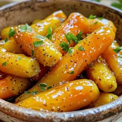 - 1 lb (450g) baby carrots, peeled - 2 tablespoons honey - 1 tablespoon Dijon mustard - 2 tablespoons unsalted butter - 1 tablespoon olive oil - Salt and freshly ground black pepper, to taste - Fresh parsley - Additional seasoning When I make honey mustard glazed carrots, I start with fresh baby carrots. Their natural sweetness shines when cooked. You can use larger carrots, but cut them into smaller pieces for even cooking. The honey adds a rich sweetness, while the Dijon mustard brings a tangy kick. I love to use unsalted butter for a creamy texture. Olive oil helps the glaze stick and adds flavor. Don’t forget salt and pepper! These simple seasonings really elevate the dish. For a fresh touch, I often sprinkle chopped parsley on top. It brightens the dish and adds color. Feel free to add more seasoning if you like a stronger flavor. Are you ready to make this tasty side? Check out the Full Recipe for all the steps! - Prep the carrots: Start by washing the baby carrots. Peel them if needed. Make sure they are all about the same size for even cooking. This helps them cook at the same time. - Measure ingredients: Gather your ingredients. You will need honey, Dijon mustard, unsalted butter, olive oil, salt, and pepper. Have fresh parsley ready for garnish. - Combine the glaze ingredients: In a medium saucepan, set the heat to medium. Add the honey, Dijon mustard, unsalted butter, and olive oil. Stir the mixture for 2-3 minutes. You want the butter to melt and mix well. - Simmering the carrots: Carefully add the peeled baby carrots to the saucepan. Season them with salt and pepper. Toss them gently to coat in the glaze. Cover the pan and reduce the heat to low. Let them simmer for about 15 minutes. Stir occasionally. The carrots should be tender but still have a slight crunch. - Finalizing the dish: After 15 minutes, turn the heat to medium-high and remove the lid. Continue cooking for 5-7 minutes, stirring often. This will thicken and caramelize the glaze. Once the carrots are perfectly glazed and tender, remove the pan from heat. Transfer them to a serving dish and sprinkle with finely chopped parsley before serving. Enjoy this vibrant side dish with your favorite meals. For the complete recipe, check out the [Full Recipe]. To make the honey mustard glaze just right, you can adjust the sweetness and tanginess. If you want a sweeter taste, add more honey. For extra tang, add more Dijon mustard. Taste as you go to find your perfect balance. Carrots come in many sizes. Baby carrots cook fast and stay sweet. Larger carrots take longer to cook, so cut them into smaller pieces. Aim for even sizes to cook them evenly. Choosing the right carrots makes a big difference. Fresh, firm carrots are best. Look for vibrant color and no soft spots. If you can, buy organic for better taste. Avoid overcooking your carrots. Keep an eye on them as they cook. They should be tender but still have a slight crunch. Stir occasionally to help them cook evenly. If you notice them getting too soft, take them off the heat right away. For more details on making this delicious side dish, check the Full Recipe. {{image_4}} You can easily change the sweetener in this dish. Maple syrup or agave can work well, too. They add a nice twist while keeping the flavor sweet. Each option brings a unique taste that complements the carrots well. For mustard, you have choices beyond Dijon. Consider using whole grain or yellow mustard. Each type offers a different level of tang and texture. This lets you customize the glaze to your liking. Spices can take your glazed carrots to the next level. Try adding a pinch of cumin for warmth or paprika for a smoky touch. These spices enhance the flavor and create a more complex dish. You can also mix in other veggies for added variety. Consider adding bell peppers or zucchini to the mix. They cook well with the carrots and add color to your plate. This makes your meal even more appealing and nutritious. To keep your honey mustard glazed carrots fresh, refrigerate any leftovers in an airtight container. They will last about three to five days in the fridge. If you want to store them longer, freezing is a good option. Place the cooled glazed carrots in a freezer-safe bag or container. Make sure to remove as much air as possible. They can stay good for up to three months in the freezer. When reheating your glazed carrots, you have a few options. You can use the microwave for quick reheating. Place the carrots in a bowl, cover it with a damp paper towel, and heat in short bursts, stirring in between. If you prefer, you can reheat them on the stove. Add a little water or butter to a pan and warm them over low heat. This helps keep their texture nice and firm. Avoid high heat to prevent them from becoming mushy. These tips will help you enjoy your honey mustard glazed carrots even after the first serving. For the full recipe, check out the earlier sections! How long do honey mustard glazed carrots last in the fridge? Honey mustard glazed carrots can last up to five days in the fridge. Store them in an airtight container. This keeps them fresh and tasty. Can I use other types of carrots for this recipe? Yes, you can use regular carrots, baby carrots, or even rainbow carrots. Just cut them into similar sizes for even cooking. This helps achieve the best flavor and texture. What other dishes pair well with honey mustard glazed carrots? These carrots go well with roasted chicken, grilled fish, or even a hearty steak. They add a sweet and tangy touch to any meal. Is this recipe suitable for meal prep? Absolutely! Honey mustard glazed carrots are great for meal prep. They reheat well and keep their flavor. Just store them in portions for easy access. Can I make this recipe vegan? Yes! Simply replace the butter with vegan butter or olive oil. This keeps the dish plant-based while still delicious. How do I adjust the recipe for larger servings? To make larger servings, simply double or triple the ingredients. Just ensure your cooking pot is big enough to handle the extra carrots and glaze. What are some cooking tips for beginners? Start by prepping all your ingredients first. Measure everything out before you cook. This helps you stay organized and makes cooking easier. Don't rush the cooking time; let the carrots simmer gently for the best results. Enjoying honey mustard glazed carrots is simple and fun. We covered the key ingredients, such as baby carrots, honey, and Dijon mustard. You learned how to prepare and cook them perfectly. With tricks to enhance flavor and texture, you can tweak your dish easily. Plus, we explored storage tips to keep your carrots fresh. In the end, this recipe is versatile and easy to make. Don't hesitate to try different flavors and share your results. Happy cooking!