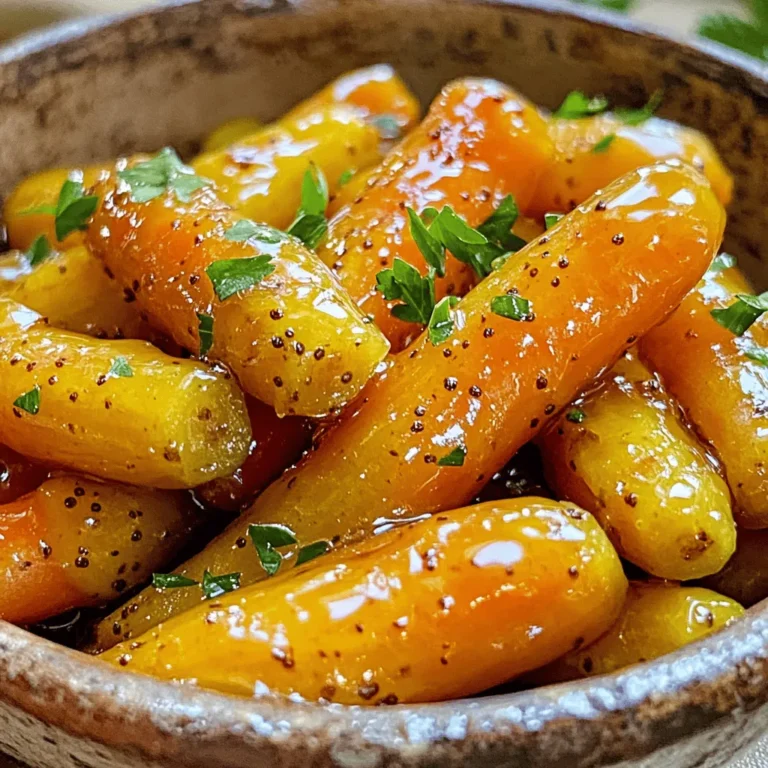 - 1 lb (450g) baby carrots, peeled - 2 tablespoons honey - 1 tablespoon Dijon mustard - 2 tablespoons unsalted butter - 1 tablespoon olive oil - Salt and freshly ground black pepper, to taste - Fresh parsley - Additional seasoning When I make honey mustard glazed carrots, I start with fresh baby carrots. Their natural sweetness shines when cooked. You can use larger carrots, but cut them into smaller pieces for even cooking. The honey adds a rich sweetness, while the Dijon mustard brings a tangy kick. I love to use unsalted butter for a creamy texture. Olive oil helps the glaze stick and adds flavor. Don’t forget salt and pepper! These simple seasonings really elevate the dish. For a fresh touch, I often sprinkle chopped parsley on top. It brightens the dish and adds color. Feel free to add more seasoning if you like a stronger flavor. Are you ready to make this tasty side? Check out the Full Recipe for all the steps! - Prep the carrots: Start by washing the baby carrots. Peel them if needed. Make sure they are all about the same size for even cooking. This helps them cook at the same time. - Measure ingredients: Gather your ingredients. You will need honey, Dijon mustard, unsalted butter, olive oil, salt, and pepper. Have fresh parsley ready for garnish. - Combine the glaze ingredients: In a medium saucepan, set the heat to medium. Add the honey, Dijon mustard, unsalted butter, and olive oil. Stir the mixture for 2-3 minutes. You want the butter to melt and mix well. - Simmering the carrots: Carefully add the peeled baby carrots to the saucepan. Season them with salt and pepper. Toss them gently to coat in the glaze. Cover the pan and reduce the heat to low. Let them simmer for about 15 minutes. Stir occasionally. The carrots should be tender but still have a slight crunch. - Finalizing the dish: After 15 minutes, turn the heat to medium-high and remove the lid. Continue cooking for 5-7 minutes, stirring often. This will thicken and caramelize the glaze. Once the carrots are perfectly glazed and tender, remove the pan from heat. Transfer them to a serving dish and sprinkle with finely chopped parsley before serving. Enjoy this vibrant side dish with your favorite meals. For the complete recipe, check out the [Full Recipe]. To make the honey mustard glaze just right, you can adjust the sweetness and tanginess. If you want a sweeter taste, add more honey. For extra tang, add more Dijon mustard. Taste as you go to find your perfect balance. Carrots come in many sizes. Baby carrots cook fast and stay sweet. Larger carrots take longer to cook, so cut them into smaller pieces. Aim for even sizes to cook them evenly. Choosing the right carrots makes a big difference. Fresh, firm carrots are best. Look for vibrant color and no soft spots. If you can, buy organic for better taste. Avoid overcooking your carrots. Keep an eye on them as they cook. They should be tender but still have a slight crunch. Stir occasionally to help them cook evenly. If you notice them getting too soft, take them off the heat right away. For more details on making this delicious side dish, check the Full Recipe. {{image_4}} You can easily change the sweetener in this dish. Maple syrup or agave can work well, too. They add a nice twist while keeping the flavor sweet. Each option brings a unique taste that complements the carrots well. For mustard, you have choices beyond Dijon. Consider using whole grain or yellow mustard. Each type offers a different level of tang and texture. This lets you customize the glaze to your liking. Spices can take your glazed carrots to the next level. Try adding a pinch of cumin for warmth or paprika for a smoky touch. These spices enhance the flavor and create a more complex dish. You can also mix in other veggies for added variety. Consider adding bell peppers or zucchini to the mix. They cook well with the carrots and add color to your plate. This makes your meal even more appealing and nutritious. To keep your honey mustard glazed carrots fresh, refrigerate any leftovers in an airtight container. They will last about three to five days in the fridge. If you want to store them longer, freezing is a good option. Place the cooled glazed carrots in a freezer-safe bag or container. Make sure to remove as much air as possible. They can stay good for up to three months in the freezer. When reheating your glazed carrots, you have a few options. You can use the microwave for quick reheating. Place the carrots in a bowl, cover it with a damp paper towel, and heat in short bursts, stirring in between. If you prefer, you can reheat them on the stove. Add a little water or butter to a pan and warm them over low heat. This helps keep their texture nice and firm. Avoid high heat to prevent them from becoming mushy. These tips will help you enjoy your honey mustard glazed carrots even after the first serving. For the full recipe, check out the earlier sections! How long do honey mustard glazed carrots last in the fridge? Honey mustard glazed carrots can last up to five days in the fridge. Store them in an airtight container. This keeps them fresh and tasty. Can I use other types of carrots for this recipe? Yes, you can use regular carrots, baby carrots, or even rainbow carrots. Just cut them into similar sizes for even cooking. This helps achieve the best flavor and texture. What other dishes pair well with honey mustard glazed carrots? These carrots go well with roasted chicken, grilled fish, or even a hearty steak. They add a sweet and tangy touch to any meal. Is this recipe suitable for meal prep? Absolutely! Honey mustard glazed carrots are great for meal prep. They reheat well and keep their flavor. Just store them in portions for easy access. Can I make this recipe vegan? Yes! Simply replace the butter with vegan butter or olive oil. This keeps the dish plant-based while still delicious. How do I adjust the recipe for larger servings? To make larger servings, simply double or triple the ingredients. Just ensure your cooking pot is big enough to handle the extra carrots and glaze. What are some cooking tips for beginners? Start by prepping all your ingredients first. Measure everything out before you cook. This helps you stay organized and makes cooking easier. Don't rush the cooking time; let the carrots simmer gently for the best results. Enjoying honey mustard glazed carrots is simple and fun. We covered the key ingredients, such as baby carrots, honey, and Dijon mustard. You learned how to prepare and cook them perfectly. With tricks to enhance flavor and texture, you can tweak your dish easily. Plus, we explored storage tips to keep your carrots fresh. In the end, this recipe is versatile and easy to make. Don't hesitate to try different flavors and share your results. Happy cooking!