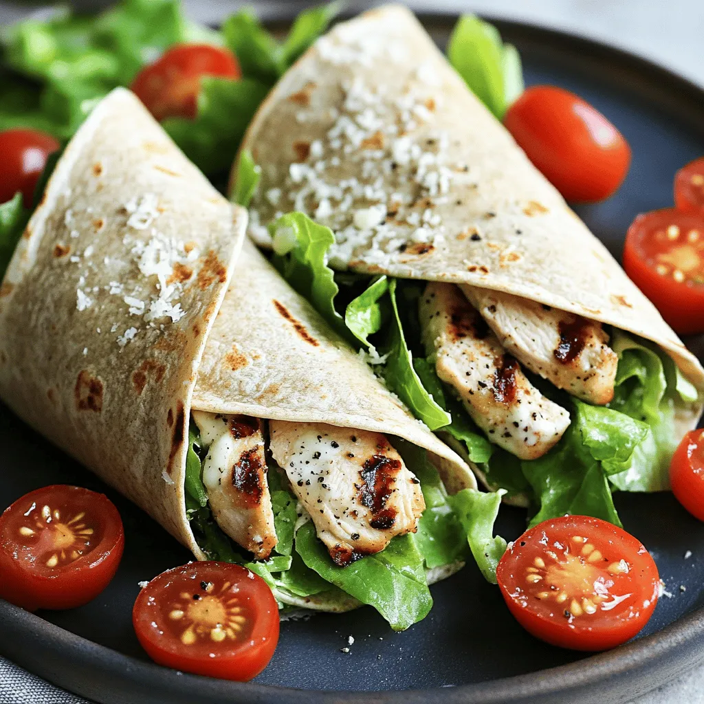 - 2 boneless, skinless chicken breasts - 1 tablespoon extra virgin olive oil - 1 teaspoon garlic powder - 1 teaspoon Italian seasoning - Salt and freshly ground black pepper to taste - 4 large whole wheat tortillas - 2 cups romaine lettuce, chopped - 1/2 cup Caesar dressing (store-bought or homemade) - 1/2 cup freshly grated Parmesan cheese - Freshly cracked black pepper (for garnishing) - 1 cup cherry tomatoes, halved (for garnish) These ingredients create a tasty and satisfying meal. The chicken adds protein, while the lettuce brings crunch. The Caesar dressing adds creaminess, and Parmesan gives it a nice kick. You can add a few items to boost flavor. Here are some ideas: - Avocado slices for creaminess - Red onion for a sharp bite - Bell peppers for sweetness - Fresh herbs like basil or parsley Feel free to mix and match based on your tastes. This flexibility makes the wraps fun to create. These wraps are not just tasty; they are also healthy! Here’s a breakdown: - Calories: About 400 per wrap - Protein: 30g - Carbohydrates: 40g - Fat: 15g - Fiber: 5g This meal is balanced and packed with nutrients. It's great for lunch or dinner. For a detailed recipe, check out the Full Recipe linked above. Start by mixing olive oil, garlic powder, Italian seasoning, salt, and pepper in a bowl. This blend adds great flavor. Rub this mix all over the chicken breasts. Make sure each piece gets well-coated. This step is key to juicy chicken. Next, heat your grill or grill pan on medium-high. When it's hot, place the chicken on it. Grill for about 6 to 7 minutes on each side. The chicken is done when it reaches 165°F (74°C) and juices run clear. Once cooked, let the chicken cool for a few minutes, then slice it into thin strips. Lay out your whole wheat tortillas on a flat surface. Place a good amount of chopped romaine lettuce in the center of each tortilla. This will be your fresh base. Drizzle Caesar dressing over the lettuce. Then, sprinkle grated Parmesan cheese on top for a rich flavor. Now, add the sliced grilled chicken on top of the lettuce and cheese. Distribute it evenly across each wrap. To wrap, fold the bottom edge over the filling, then fold in the sides. Roll it tightly from the bottom. For easier eating, slice each wrap in half. Serve with extra Caesar dressing on the side for dipping. Garnish with halved cherry tomatoes and cracked black pepper for a pop of color. Enjoy your tasty wraps! To grill chicken well, start with good prep. First, let the chicken sit at room temperature for about 15 minutes. This helps it cook evenly. Use a meat mallet to pound the chicken to a uniform thickness. This step ensures all parts cook at the same rate. Season the chicken well. A mix of olive oil, garlic powder, Italian seasoning, salt, and pepper works great. Grill the chicken on medium-high heat. Cook for 6-7 minutes on each side. Look for an internal temperature of 165°F. Let the chicken rest for a few minutes before slicing. This keeps it juicy. When wrapping, lay the tortilla flat on a clean surface. Start with a base of romaine lettuce in the center. This keeps the wrap fresh and crunchy. Next, drizzle on your Caesar dressing. Add a good amount of grated Parmesan cheese for flavor. Then, layer the sliced grilled chicken on top. To wrap, fold the bottom edge over the filling first. Next, fold in the sides. Finally, roll the tortilla tightly from the bottom up. This helps keep all the tasty ingredients inside. If needed, secure with a toothpick. While classic Caesar dressing is tasty, feel free to mix it up. For a spicy kick, try adding a bit of sriracha to your dressing. A lemon vinaigrette gives a bright, fresh taste. You can also use yogurt instead of mayo to make a lighter version. If you're feeling adventurous, try a pesto sauce for a unique twist. These variations keep your wraps exciting and full of flavor. Enjoy experimenting with different dressings! For the Full Recipe, check out the earlier section. {{image_4}} You can make a tasty vegetarian version of the Grilled Chicken Caesar Wraps. Replace the chicken with grilled tofu or chickpeas. Both options add great texture. For flavor, marinate the tofu in olive oil, garlic powder, and Italian seasoning before grilling. You will still enjoy the creamy Caesar dressing and crunchy romaine. This swap makes the dish light and flavorful. To create a gluten-free wrap, choose gluten-free tortillas. Many stores offer good options made with rice flour or corn. Just ensure the Caesar dressing is also gluten-free. This way, you can enjoy your meal without worry. The flavors remain just as rich and satisfying. Boost the nutrition by adding more veggies to your wraps. Consider sliced cucumbers, bell peppers, or shredded carrots. These add crunch and color. Don't forget to toss in some avocado for creaminess. You can mix these extras right in with the romaine. This way, every bite is packed with flavor and texture. To keep your Grilled Chicken Caesar Wraps fresh, store them in an airtight container. This helps prevent moisture loss and keeps the flavors intact. If you have extra wraps, cover them well and place them in the fridge. They should be good for up to three days. If you made wraps with extra dressing, store the dressing separately to avoid sogginess. When it's time to enjoy your leftovers, reheat them carefully. You can use a microwave, but I recommend the oven for a crispier texture. Preheat your oven to 350°F (175°C). Wrap the chicken Caesar wrap in foil and heat for about 10-15 minutes. This method keeps the wrap warm and delicious without getting too soft. If you want to save your wraps for later, freezing is a great option. First, wrap each Grilled Chicken Caesar Wrap tightly in plastic wrap. Then, place them in a freezer-safe bag or container. They can last up to three months in the freezer. When you're ready to eat, thaw them in the fridge overnight before reheating. Enjoy your meal anytime! The best way to grill chicken for wraps is to use a marinade. A mixture of olive oil, garlic powder, and Italian seasoning works great. Rub the marinade on the chicken breasts. Preheat your grill to medium-high heat. Grill the chicken for about 6-7 minutes on each side. You want the chicken to reach 165°F inside for safety. This method keeps the chicken juicy and adds great flavor. Yes, you can make Grilled Chicken Caesar Wraps ahead of time. Grill and slice the chicken, then store it in the fridge. You can also prepare the wraps but leave out the dressing until serving. This keeps the tortillas from getting soggy. When you're ready to eat, just add the dressing and enjoy! Several sides pair nicely with Grilled Chicken Caesar Wraps. Here are some great options: - Fresh fruit salad - Crispy sweet potato fries - A light side salad with vinaigrette - Roasted vegetables like broccoli or zucchini These sides add color, flavor, and nutrition to your meal. You can find the Full Recipe for Grilled Chicken Caesar Wraps in the earlier section of this article. It gives all the details you need to make this tasty dish. Grilled Chicken Caesar Wraps are a simple yet tasty meal option. We covered key ingredients, how to prep and grill the chicken, and how to wrap it all up. I shared helpful tips for perfect grilling and variations to fit your needs. Storing leftovers is also easy with the right methods. Remember, you can enjoy these wraps in many ways, adding your twist. With this guide, you can create a delicious meal that your family will love. So, fire up the grill and start wrapping!