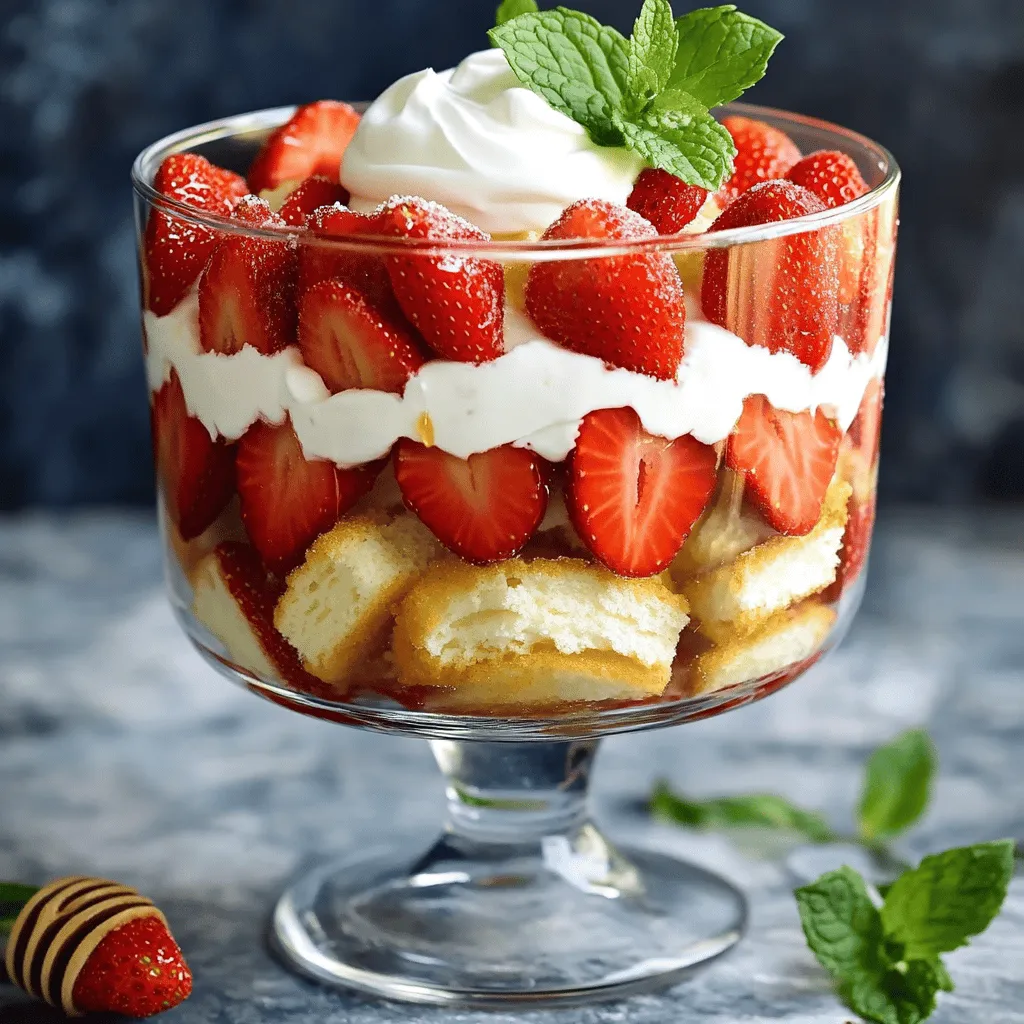 To make your strawberry shortcake trifle, you need a few key ingredients: - 2 cups fresh strawberries, hulled and sliced - 1/4 cup granulated sugar (to sweeten strawberries) - 1 cup heavy cream - 1/4 cup powdered sugar - 1 teaspoon vanilla extract - 1 package (12 oz) angel food cake, cut into bite-sized pieces - 1/2 cup Greek yogurt (plain or vanilla) - Fresh mint leaves (for garnish) Each ingredient plays a special role. Fresh strawberries bring sweetness and a pop of color. The sugar helps to enhance their natural flavor. Heavy cream and powdered sugar create a rich, fluffy topping. Vanilla adds warmth and depth. The angel food cake gives a light, airy texture, while Greek yogurt adds creaminess and tang. If you can't find any of these ingredients, don’t worry! - <strong>Strawberries:</strong> You can use other berries like blueberries or raspberries. – <strong>Granulated Sugar:</strong> Try honey or maple syrup for a natural sweetener. – <strong>Heavy Cream:</strong> Coconut cream can replace heavy cream for a dairy-free option. – <strong>Angel Food Cake:</strong> A pound cake or sponge cake also works well. – <strong>Greek Yogurt:</strong> Use sour cream or a non-dairy yogurt. These swaps keep the trifle tasty while fitting your needs. Choosing the best strawberries is key for your trifle. Here are some tips: – <strong>Look for Bright Color:</strong> Choose bright red strawberries without white or green spots. – <strong>Check for Firmness:</strong> They should feel firm, not mushy or soft. – <strong>Smell the Berries:</strong> Ripe strawberries smell sweet and fragrant. – <strong>Inspect the Green Tops:</strong> Fresh, green tops indicate freshness. Avoid berries with wilted leaves. Finding the best strawberries elevates your dessert’s flavor and look. Enjoy the process of picking the perfect ones! Start by washing the strawberries under cold water. After that, hull and slice them into small pieces. Place them in a medium mixing bowl. Next, sprinkle the granulated sugar over the strawberries. Toss them gently so all slices are coated. Let the strawberries sit for about 15 minutes. This step draws out their natural juices. You will see a sweet syrup forming in the bowl. In a large bowl, pour the heavy cream. Use an electric mixer to whip the cream at medium speed. It will take about 2-3 minutes to form soft peaks. Gradually add the powdered sugar and the vanilla extract. Keep whipping until you see medium peaks, which will take another 2-3 minutes. The cream should be smooth and hold its shape. In a separate bowl, mix the Greek yogurt until creamy. If you use plain yogurt, add a teaspoon of honey for some sweetness. Choose a clear trifle dish or individual cups for serving. Begin with a layer of angel food cake pieces at the bottom. Next, spoon on the macerated strawberries and their syrup. Then, add a dollop of whipped cream. Follow this with a spoonful of the yogurt mixture. Repeat the layers: cake, strawberries, whipped cream, and yogurt. Continue until your dish is full. Finish with a nice layer of whipped cream on top. Garnish with reserved strawberry slices and fresh mint leaves. Chill the trifle in the fridge for at least 30 minutes. This time allows the flavors to blend perfectly. Enjoy your delicious layered dessert! For the full recipe, check out the section above. To make the best whipped cream, start with cold tools. Chill your mixing bowl and beaters in the fridge for 15 minutes. This keeps the cream cold and helps it whip better. Use heavy cream with at least 36% fat for rich flavor and texture. Whip on medium speed until soft peaks form, then slowly add powdered sugar and vanilla. Continue mixing until you see medium peaks. Avoid over-whipping, or it may turn grainy. You can adjust the sweetness of your trifle. Try using honey or maple syrup instead of granulated sugar. This adds unique flavors. For cake, you can swap angel food cake for sponge cake or pound cake. Each type gives a different texture and taste. You can also add a splash of liqueur, like amaretto, to the strawberries for an adult twist. For a stunning look, use clear glass cups or bowls. This shows off the lovely layers of cake, cream, and strawberries. Start with a layer of cake, then strawberries, and finish with whipped cream. Top with fresh strawberry slices and mint leaves for color. A drizzle of honey over the cream adds a sweet touch. Chill your trifle for at least 30 minutes before serving. This step makes it even more delicious and refreshing. For more details, check the Full Recipe. {{image_4}} You can easily make a gluten-free strawberry shortcake trifle. Just swap the angel food cake for gluten-free cake. Many brands offer great gluten-free options. You can also make your own using gluten-free flour. This way, you still enjoy the same delicious layers without the gluten. For a dairy-free trifle, use coconut cream instead of heavy cream. Chill a can of coconut milk overnight, then scoop out the solid cream on top. Whip it up like regular cream. It adds a lovely tropical twist to the dessert. Just like with regular whipped cream, mix in powdered sugar and vanilla. This keeps it sweet and tasty. You can change up the flavors by adding other fruits. Try blueberries, raspberries, or peaches. Layer them in with the strawberries for a colorful treat. You can also add lemon zest to the whipped cream for a bright flavor. If you want a unique taste, mix in a splash of almond extract. This will give your trifle a lovely depth of flavor. Each variation makes the dessert special and fun to enjoy! To keep your strawberry shortcake trifle fresh, cover it tightly with plastic wrap. You can also use an airtight container. This will help prevent it from absorbing other odors in the fridge. If you use individual cups, seal each one with plastic wrap. Store the trifle in the refrigerator. This dessert tastes best when chilled. Serve it straight from the fridge for a refreshing treat. The cool layers of cake, cream, and strawberries blend well together when served cold. – <strong>Strawberries</strong>: Fresh strawberries last about 3-5 days in the fridge. Check for mold or mushiness. – <strong>Cream</strong>: Heavy cream stays good for about a week after opening. Always check the expiration date. – <strong>Greek Yogurt</strong>: Unopened, it can last 1-3 weeks. Once opened, use it within 5-7 days. – <strong>Angel Food Cake</strong>: Store it in an airtight container for up to 5 days. Always check for freshness before serving. For more details, refer to the Full Recipe. Yes, you can make this trifle a day in advance. Doing this allows the flavors to blend well. Just remember to cover it tightly with plastic wrap. This will help keep it fresh. The cake will absorb the strawberry juice, making it even tastier. To keep the cake from getting soggy, you should layer it carefully. Start with a good layer of cake at the bottom. Then, spread the strawberries evenly. If you want, you can also drizzle a bit of syrup over the cake. This helps it hold up. Avoid soaking the cake too much. You want it to be soft but not mushy. You can add many fun toppings to your trifle! Here are some tasty ideas: – Crushed graham crackers for crunch – Chopped nuts for a nutty twist – Chocolate shavings for a sweet touch – Extra fresh berries for color – A drizzle of honey for sweetness These toppings not only add flavor but also make your trifle look fancy. You can mix and match based on what you like! This blog post covered all you need to create a delicious strawberry shortcake trifle. We explored ingredient options, substitutions, and tips for picking fresh strawberries. You learned how to prepare, layer, and serve your trifle perfectly. We also shared storage tips for leftovers and answered common questions. Remember, you can customize this recipe to fit your taste. Enjoy making your trifle and impressing family and friends!” /></p>
</p>
<h2>Variations</h2>
</p>
<h3>Gluten-Free Strawberry Shortcake Trifle</h3>
</p>
<p>You can easily make a gluten-free strawberry shortcake trifle. Just swap the angel food cake for gluten-free cake. Many brands offer great gluten-free options. You can also make your own using gluten-free flour. This way, you still enjoy the same delicious layers without the gluten.</p>
</p>
<h3>Dairy-Free Version Using Coconut Cream</h3>
</p>
<p>For a dairy-free trifle, use coconut cream instead of heavy cream. Chill a can of coconut milk overnight, then scoop out the solid cream on top. Whip it up like regular cream. It adds a lovely tropical twist to the dessert. Just like with regular whipped cream, mix in powdered sugar and vanilla. This keeps it sweet and tasty.</p>
</p>
<h3>Adding Other Fruits or Flavors</h3>
</p>
<p>You can change up the flavors by adding other fruits. Try blueberries, raspberries, or peaches. Layer them in with the strawberries for a colorful treat. You can also add lemon zest to the whipped cream for a bright flavor. If you want a unique taste, mix in a splash of almond extract. This will give your trifle a lovely depth of flavor. Each variation makes the dessert special and fun to enjoy!</p>
</p>
<h2>Storage Info</h2>
</p>
<h3>How to Properly Store Leftovers</h3>
</p>
<p>To keep your strawberry shortcake trifle fresh, cover it tightly with plastic wrap. You can also use an airtight container. This will help prevent it from absorbing other odors in the fridge. If you use individual cups, seal each one with plastic wrap. Store the trifle in the refrigerator.</p>
</p>
<h3>Ideal Serving Temperature</h3>
</p>
<p>This dessert tastes best when chilled. Serve it straight from the fridge for a refreshing treat. The cool layers of cake, cream, and strawberries blend well together when served cold.</p>
</p>
<h3>Shelf Life of Ingredients Used</h3>
</p>
<p>– <strong>Strawberries</strong>: Fresh strawberries last about 3-5 days in the fridge. Check for mold or mushiness.</p>
<p>– <strong>Cream</strong>: Heavy cream stays good for about a week after opening. Always check the expiration date.</p>
<p>– <strong>Greek Yogurt</strong>: Unopened, it can last 1-3 weeks. Once opened, use it within 5-7 days.</p>
<p>– <strong>Angel Food Cake</strong>: Store it in an airtight container for up to 5 days.</p>
</p>
<p>Always check for freshness before serving. For more details, refer to the Full Recipe.</p>
</p>
<h2>FAQs</h2>
</p>
<h3>Can I make this trifle a day in advance?</h3>
<p>Yes, you can make this trifle a day in advance. Doing this allows the flavors to blend well. Just remember to cover it tightly with plastic wrap. This will help keep it fresh. The cake will absorb the strawberry juice, making it even tastier.</p>
</p>
<h3>How do I prevent the cake from getting soggy?</h3>
<p>To keep the cake from getting soggy, you should layer it carefully. Start with a good layer of cake at the bottom. Then, spread the strawberries evenly. If you want, you can also drizzle a bit of syrup over the cake. This helps it hold up. Avoid soaking the cake too much. You want it to be soft but not mushy.</p>
</p>
<h3>What are some good toppings for my trifle?</h3>
<p>You can add many fun toppings to your trifle! Here are some tasty ideas:</p>
<p>– Crushed graham crackers for crunch</p>
<p>– Chopped nuts for a nutty twist</p>
<p>– Chocolate shavings for a sweet touch</p>
<p>– Extra fresh berries for color</p>
<p>– A drizzle of honey for sweetness</p>
</p>
<p>These toppings not only add flavor but also make your trifle look fancy. You can mix and match based on what you like!</p>
</p>
<p>This blog post covered all you need to create a delicious strawberry shortcake trifle. We explored ingredient options, substitutions, and tips for picking fresh strawberries. You learned how to prepare, layer, and serve your trifle perfectly. We also shared storage tips for leftovers and answered common questions.</p>
</p>
<p>Remember, you can customize this recipe to fit your taste. Enjoy making your trifle and impressing family and friends!</p>
<div id=