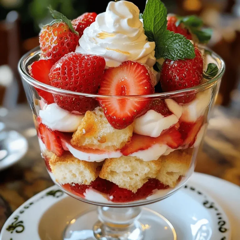 To make your strawberry shortcake trifle, you need a few key ingredients: - 2 cups fresh strawberries, hulled and sliced - 1/4 cup granulated sugar (to sweeten strawberries) - 1 cup heavy cream - 1/4 cup powdered sugar - 1 teaspoon vanilla extract - 1 package (12 oz) angel food cake, cut into bite-sized pieces - 1/2 cup Greek yogurt (plain or vanilla) - Fresh mint leaves (for garnish) Each ingredient plays a special role. Fresh strawberries bring sweetness and a pop of color. The sugar helps to enhance their natural flavor. Heavy cream and powdered sugar create a rich, fluffy topping. Vanilla adds warmth and depth. The angel food cake gives a light, airy texture, while Greek yogurt adds creaminess and tang. If you can't find any of these ingredients, don’t worry! - Strawberries: You can use other berries like blueberries or raspberries. - Granulated Sugar: Try honey or maple syrup for a natural sweetener. - Heavy Cream: Coconut cream can replace heavy cream for a dairy-free option. - Angel Food Cake: A pound cake or sponge cake also works well. - Greek Yogurt: Use sour cream or a non-dairy yogurt. These swaps keep the trifle tasty while fitting your needs. Choosing the best strawberries is key for your trifle. Here are some tips: - Look for Bright Color: Choose bright red strawberries without white or green spots. - Check for Firmness: They should feel firm, not mushy or soft. - Smell the Berries: Ripe strawberries smell sweet and fragrant. - Inspect the Green Tops: Fresh, green tops indicate freshness. Avoid berries with wilted leaves. Finding the best strawberries elevates your dessert's flavor and look. Enjoy the process of picking the perfect ones! Start by washing the strawberries under cold water. After that, hull and slice them into small pieces. Place them in a medium mixing bowl. Next, sprinkle the granulated sugar over the strawberries. Toss them gently so all slices are coated. Let the strawberries sit for about 15 minutes. This step draws out their natural juices. You will see a sweet syrup forming in the bowl. In a large bowl, pour the heavy cream. Use an electric mixer to whip the cream at medium speed. It will take about 2-3 minutes to form soft peaks. Gradually add the powdered sugar and the vanilla extract. Keep whipping until you see medium peaks, which will take another 2-3 minutes. The cream should be smooth and hold its shape. In a separate bowl, mix the Greek yogurt until creamy. If you use plain yogurt, add a teaspoon of honey for some sweetness. Choose a clear trifle dish or individual cups for serving. Begin with a layer of angel food cake pieces at the bottom. Next, spoon on the macerated strawberries and their syrup. Then, add a dollop of whipped cream. Follow this with a spoonful of the yogurt mixture. Repeat the layers: cake, strawberries, whipped cream, and yogurt. Continue until your dish is full. Finish with a nice layer of whipped cream on top. Garnish with reserved strawberry slices and fresh mint leaves. Chill the trifle in the fridge for at least 30 minutes. This time allows the flavors to blend perfectly. Enjoy your delicious layered dessert! For the full recipe, check out the section above. To make the best whipped cream, start with cold tools. Chill your mixing bowl and beaters in the fridge for 15 minutes. This keeps the cream cold and helps it whip better. Use heavy cream with at least 36% fat for rich flavor and texture. Whip on medium speed until soft peaks form, then slowly add powdered sugar and vanilla. Continue mixing until you see medium peaks. Avoid over-whipping, or it may turn grainy. You can adjust the sweetness of your trifle. Try using honey or maple syrup instead of granulated sugar. This adds unique flavors. For cake, you can swap angel food cake for sponge cake or pound cake. Each type gives a different texture and taste. You can also add a splash of liqueur, like amaretto, to the strawberries for an adult twist. For a stunning look, use clear glass cups or bowls. This shows off the lovely layers of cake, cream, and strawberries. Start with a layer of cake, then strawberries, and finish with whipped cream. Top with fresh strawberry slices and mint leaves for color. A drizzle of honey over the cream adds a sweet touch. Chill your trifle for at least 30 minutes before serving. This step makes it even more delicious and refreshing. For more details, check the Full Recipe. {{image_4}} You can easily make a gluten-free strawberry shortcake trifle. Just swap the angel food cake for gluten-free cake. Many brands offer great gluten-free options. You can also make your own using gluten-free flour. This way, you still enjoy the same delicious layers without the gluten. For a dairy-free trifle, use coconut cream instead of heavy cream. Chill a can of coconut milk overnight, then scoop out the solid cream on top. Whip it up like regular cream. It adds a lovely tropical twist to the dessert. Just like with regular whipped cream, mix in powdered sugar and vanilla. This keeps it sweet and tasty. You can change up the flavors by adding other fruits. Try blueberries, raspberries, or peaches. Layer them in with the strawberries for a colorful treat. You can also add lemon zest to the whipped cream for a bright flavor. If you want a unique taste, mix in a splash of almond extract. This will give your trifle a lovely depth of flavor. Each variation makes the dessert special and fun to enjoy! To keep your strawberry shortcake trifle fresh, cover it tightly with plastic wrap. You can also use an airtight container. This will help prevent it from absorbing other odors in the fridge. If you use individual cups, seal each one with plastic wrap. Store the trifle in the refrigerator. This dessert tastes best when chilled. Serve it straight from the fridge for a refreshing treat. The cool layers of cake, cream, and strawberries blend well together when served cold. - Strawberries: Fresh strawberries last about 3-5 days in the fridge. Check for mold or mushiness. - Cream: Heavy cream stays good for about a week after opening. Always check the expiration date. - Greek Yogurt: Unopened, it can last 1-3 weeks. Once opened, use it within 5-7 days. - Angel Food Cake: Store it in an airtight container for up to 5 days. Always check for freshness before serving. For more details, refer to the Full Recipe. Yes, you can make this trifle a day in advance. Doing this allows the flavors to blend well. Just remember to cover it tightly with plastic wrap. This will help keep it fresh. The cake will absorb the strawberry juice, making it even tastier. To keep the cake from getting soggy, you should layer it carefully. Start with a good layer of cake at the bottom. Then, spread the strawberries evenly. If you want, you can also drizzle a bit of syrup over the cake. This helps it hold up. Avoid soaking the cake too much. You want it to be soft but not mushy. You can add many fun toppings to your trifle! Here are some tasty ideas: - Crushed graham crackers for crunch - Chopped nuts for a nutty twist - Chocolate shavings for a sweet touch - Extra fresh berries for color - A drizzle of honey for sweetness These toppings not only add flavor but also make your trifle look fancy. You can mix and match based on what you like! This blog post covered all you need to create a delicious strawberry shortcake trifle. We explored ingredient options, substitutions, and tips for picking fresh strawberries. You learned how to prepare, layer, and serve your trifle perfectly. We also shared storage tips for leftovers and answered common questions. Remember, you can customize this recipe to fit your taste. Enjoy making your trifle and impressing family and friends!