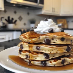 To make the best chocolate chip pancakes, start with these dry ingredients: - 1 cup all-purpose flour - 1 tablespoon granulated sugar - 2 teaspoons baking powder - 1/2 teaspoon baking soda - 1/4 teaspoon salt These dry ingredients give the pancakes their structure and fluffiness. The flour helps bind everything together. Sugar adds a touch of sweetness, while baking powder and baking soda help the pancakes rise. Salt enhances the flavors. Next, gather your wet ingredients. You will need: - 1 cup buttermilk (or 1 cup milk mixed with 1 tablespoon vinegar) - 1 large egg - 2 tablespoons unsalted butter, melted - 1 teaspoon pure vanilla extract Buttermilk adds richness and tang. If you don’t have buttermilk, the vinegar trick works great. The egg binds the batter, while melted butter ensures a soft texture. Vanilla extract adds a lovely aroma and flavor. You can get creative with optional add-ins. Here are some ideas: - 1/2 cup semi-sweet or dark chocolate chips - Nuts (like walnuts or pecans) - Fresh fruit (like blueberries or banana slices) Adding chocolate chips is a must for flavor. Nuts add crunch, while fruit brings freshness to each bite. Feel free to mix and match based on what you love! This recipe makes delightful pancakes that everyone will enjoy. For the full recipe, follow the steps I shared earlier. To start, gather your dry ingredients. In a large bowl, mix together: - 1 cup all-purpose flour - 1 tablespoon granulated sugar - 2 teaspoons baking powder - 1/2 teaspoon baking soda - 1/4 teaspoon salt Whisk these well. This helps to blend them and avoid clumps. Next, you need your wet ingredients. In a separate bowl, whisk together: - 1 cup buttermilk (or 1 cup milk mixed with 1 tablespoon vinegar) - 1 large egg - 2 tablespoons melted unsalted butter - 1 teaspoon pure vanilla extract Make sure this mixture is smooth. Now, gently pour the wet ingredients into the dry ingredients. Stir lightly with a spatula. Stop mixing when you see a few lumps. This keeps your pancakes fluffy. Finally, fold in: - 1/2 cup semi-sweet or dark chocolate chips Ensure the chips are spread throughout the batter. Now it’s time to cook! Preheat a non-stick skillet over medium heat. Lightly grease it with butter or oil. Pour about 1/4 cup of batter onto the skillet for each pancake. Cook for 2-3 minutes. You will see bubbles forming on the surface. The edges should look set. Carefully flip the pancake using a spatula. Cook the other side for another 1-2 minutes. Look for a golden brown color. Continue this process until all the batter is used. You may need to add more butter or oil to the skillet to keep it non-stick. Serve your pancakes warm. Stack them high on a plate for a great look. Drizzle with rich maple syrup. You can also top them with whipped cream and more chocolate chips. For extra flair, dust with powdered sugar or add a sprig of mint. Pair with fresh fruit for a colorful and tasty meal. Enjoy the sweet bliss of these decadent chocolate chip pancakes! To make your pancakes fluffy, use fresh baking powder. Mix dry ingredients well to aerate them. When you add the wet ingredients, stir gently. A few lumps in the batter are okay. Avoid overmixing; it makes the pancakes dense. Let the batter rest for a few minutes before cooking. This helps bubbles form, which gives pancakes a nice rise. One common mistake is using cold ingredients. Always use room temperature eggs and buttermilk. This helps the batter mix better. Another mistake is cooking on too high heat. Medium heat works best for even cooking. If the skillet is too hot, pancakes can burn outside and stay raw inside. Lastly, don’t skip greasing the skillet. It prevents sticking and ensures easy flipping. Preheat your skillet or griddle for about 5 minutes before cooking. Use a small amount of butter or oil to coat the surface. Pour a consistent amount of batter for each pancake. A 1/4 cup is perfect. Watch for bubbles forming. This means it’s time to flip. Cook pancakes until they are golden brown on both sides. Always keep cooked pancakes warm in an oven set to low while you finish the batch. For the full recipe, refer to the detailed instructions provided. {{image_4}} To make chocolate chip pancakes a bit healthier, try these swaps: - Use whole wheat flour instead of all-purpose flour. - Replace sugar with mashed bananas or unsweetened applesauce. - Use less butter or switch to avocado oil. These changes keep the flavor but add more nutrients. You can enjoy your pancakes without guilt. Want to mix things up? Add fun flavors! Here are some ideas: - Mix in a pinch of cinnamon for warmth. - Add a dash of nutmeg for a cozy kick. - Toss in some chopped nuts like walnuts or pecans. These additions can elevate your pancake game. You’ll surprise your taste buds with each bite! If you need a gluten-free version, it’s easy! Just use gluten-free flour blends. Look for brands that work well in pancakes. Make sure to check for certified gluten-free labels. This way, you can enjoy delicious pancakes without worry. For the full recipe, you can refer to the earlier section. After you make your chocolate chip pancakes, you might have some left. To keep them fresh, place them in an airtight container. You can layer parchment paper between pancakes to prevent sticking. Store them in the fridge if you plan to eat them soon, usually within 3 days. Reheating pancakes is easy. You can use a microwave or a skillet. If using a microwave, place one pancake on a plate and cover it with a damp paper towel. Heat it for about 20 seconds. For the skillet, heat it on low and warm each side for about 1 minute. This keeps them soft and tasty. Freezing pancakes is a great way to save them for later. Let the pancakes cool completely first. Then, stack them with parchment paper in between and place them in a freezer bag. Make sure to remove as much air as possible. They can last up to 2 months in the freezer. To reheat, simply microwave or toast them for a quick breakfast treat. For the full recipe, check the previous sections! Yes, you can use regular milk. Mix one cup of milk with one tablespoon of vinegar. Let it sit for a few minutes. This makes a simple buttermilk substitute. It adds nice flavor and helps the pancakes rise well. To cut back on sweetness, reduce the sugar. You can use only one teaspoon of sugar. You can also leave out the chocolate chips or use a dark chocolate that is less sweet. This change gives you a more balanced taste. There are many tasty toppings! Here are some great choices: - Maple syrup - Whipped cream - Fresh strawberries or bananas - Chopped nuts like walnuts or pecans - A sprinkle of powdered sugar - A scoop of vanilla ice cream Feel free to mix and match these toppings for fun flavors. You can also use the [Full Recipe] to create your ideal pancake stack! In this post, I shared how to make delicious pancakes. We covered the right dry and wet ingredients, plus some fun add-ins. I provided clear steps for preparation, cooking, and serving. With helpful tips, I showed how to avoid mistakes and make pancakes fluffy. We also explored variations like healthier choices and gluten-free options. Finally, I shared how to store and reheat your leftovers. Enjoy making these pancakes, and try different toppings to find your favorite!
