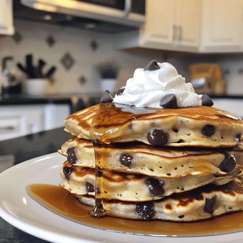 To make the best chocolate chip pancakes, start with these dry ingredients: - 1 cup all-purpose flour - 1 tablespoon granulated sugar - 2 teaspoons baking powder - 1/2 teaspoon baking soda - 1/4 teaspoon salt These dry ingredients give the pancakes their structure and fluffiness. The flour helps bind everything together. Sugar adds a touch of sweetness, while baking powder and baking soda help the pancakes rise. Salt enhances the flavors. Next, gather your wet ingredients. You will need: - 1 cup buttermilk (or 1 cup milk mixed with 1 tablespoon vinegar) - 1 large egg - 2 tablespoons unsalted butter, melted - 1 teaspoon pure vanilla extract Buttermilk adds richness and tang. If you don’t have buttermilk, the vinegar trick works great. The egg binds the batter, while melted butter ensures a soft texture. Vanilla extract adds a lovely aroma and flavor. You can get creative with optional add-ins. Here are some ideas: - 1/2 cup semi-sweet or dark chocolate chips - Nuts (like walnuts or pecans) - Fresh fruit (like blueberries or banana slices) Adding chocolate chips is a must for flavor. Nuts add crunch, while fruit brings freshness to each bite. Feel free to mix and match based on what you love! This recipe makes delightful pancakes that everyone will enjoy. For the full recipe, follow the steps I shared earlier. To start, gather your dry ingredients. In a large bowl, mix together: - 1 cup all-purpose flour - 1 tablespoon granulated sugar - 2 teaspoons baking powder - 1/2 teaspoon baking soda - 1/4 teaspoon salt Whisk these well. This helps to blend them and avoid clumps. Next, you need your wet ingredients. In a separate bowl, whisk together: - 1 cup buttermilk (or 1 cup milk mixed with 1 tablespoon vinegar) - 1 large egg - 2 tablespoons melted unsalted butter - 1 teaspoon pure vanilla extract Make sure this mixture is smooth. Now, gently pour the wet ingredients into the dry ingredients. Stir lightly with a spatula. Stop mixing when you see a few lumps. This keeps your pancakes fluffy. Finally, fold in: - 1/2 cup semi-sweet or dark chocolate chips Ensure the chips are spread throughout the batter. Now it’s time to cook! Preheat a non-stick skillet over medium heat. Lightly grease it with butter or oil. Pour about 1/4 cup of batter onto the skillet for each pancake. Cook for 2-3 minutes. You will see bubbles forming on the surface. The edges should look set. Carefully flip the pancake using a spatula. Cook the other side for another 1-2 minutes. Look for a golden brown color. Continue this process until all the batter is used. You may need to add more butter or oil to the skillet to keep it non-stick. Serve your pancakes warm. Stack them high on a plate for a great look. Drizzle with rich maple syrup. You can also top them with whipped cream and more chocolate chips. For extra flair, dust with powdered sugar or add a sprig of mint. Pair with fresh fruit for a colorful and tasty meal. Enjoy the sweet bliss of these decadent chocolate chip pancakes! To make your pancakes fluffy, use fresh baking powder. Mix dry ingredients well to aerate them. When you add the wet ingredients, stir gently. A few lumps in the batter are okay. Avoid overmixing; it makes the pancakes dense. Let the batter rest for a few minutes before cooking. This helps bubbles form, which gives pancakes a nice rise. One common mistake is using cold ingredients. Always use room temperature eggs and buttermilk. This helps the batter mix better. Another mistake is cooking on too high heat. Medium heat works best for even cooking. If the skillet is too hot, pancakes can burn outside and stay raw inside. Lastly, don’t skip greasing the skillet. It prevents sticking and ensures easy flipping. Preheat your skillet or griddle for about 5 minutes before cooking. Use a small amount of butter or oil to coat the surface. Pour a consistent amount of batter for each pancake. A 1/4 cup is perfect. Watch for bubbles forming. This means it’s time to flip. Cook pancakes until they are golden brown on both sides. Always keep cooked pancakes warm in an oven set to low while you finish the batch. For the full recipe, refer to the detailed instructions provided. {{image_4}} To make chocolate chip pancakes a bit healthier, try these swaps: - Use whole wheat flour instead of all-purpose flour. - Replace sugar with mashed bananas or unsweetened applesauce. - Use less butter or switch to avocado oil. These changes keep the flavor but add more nutrients. You can enjoy your pancakes without guilt. Want to mix things up? Add fun flavors! Here are some ideas: - Mix in a pinch of cinnamon for warmth. - Add a dash of nutmeg for a cozy kick. - Toss in some chopped nuts like walnuts or pecans. These additions can elevate your pancake game. You’ll surprise your taste buds with each bite! If you need a gluten-free version, it’s easy! Just use gluten-free flour blends. Look for brands that work well in pancakes. Make sure to check for certified gluten-free labels. This way, you can enjoy delicious pancakes without worry. For the full recipe, you can refer to the earlier section. After you make your chocolate chip pancakes, you might have some left. To keep them fresh, place them in an airtight container. You can layer parchment paper between pancakes to prevent sticking. Store them in the fridge if you plan to eat them soon, usually within 3 days. Reheating pancakes is easy. You can use a microwave or a skillet. If using a microwave, place one pancake on a plate and cover it with a damp paper towel. Heat it for about 20 seconds. For the skillet, heat it on low and warm each side for about 1 minute. This keeps them soft and tasty. Freezing pancakes is a great way to save them for later. Let the pancakes cool completely first. Then, stack them with parchment paper in between and place them in a freezer bag. Make sure to remove as much air as possible. They can last up to 2 months in the freezer. To reheat, simply microwave or toast them for a quick breakfast treat. For the full recipe, check the previous sections! Yes, you can use regular milk. Mix one cup of milk with one tablespoon of vinegar. Let it sit for a few minutes. This makes a simple buttermilk substitute. It adds nice flavor and helps the pancakes rise well. To cut back on sweetness, reduce the sugar. You can use only one teaspoon of sugar. You can also leave out the chocolate chips or use a dark chocolate that is less sweet. This change gives you a more balanced taste. There are many tasty toppings! Here are some great choices: - Maple syrup - Whipped cream - Fresh strawberries or bananas - Chopped nuts like walnuts or pecans - A sprinkle of powdered sugar - A scoop of vanilla ice cream Feel free to mix and match these toppings for fun flavors. You can also use the [Full Recipe] to create your ideal pancake stack! In this post, I shared how to make delicious pancakes. We covered the right dry and wet ingredients, plus some fun add-ins. I provided clear steps for preparation, cooking, and serving. With helpful tips, I showed how to avoid mistakes and make pancakes fluffy. We also explored variations like healthier choices and gluten-free options. Finally, I shared how to store and reheat your leftovers. Enjoy making these pancakes, and try different toppings to find your favorite!