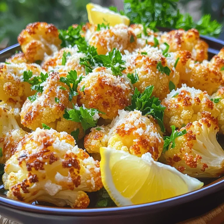 - 1 large head of cauliflower - 4 cloves of garlic - 1/2 cup freshly grated Parmesan cheese - 1/4 cup extra virgin olive oil - 1 teaspoon sea salt - 1/2 teaspoon freshly ground black pepper - 1 teaspoon smoked paprika - 2 tablespoons fresh parsley - Lemon wedges When making Garlic Parmesan Roasted Cauliflower, the ingredients shine through. The main star is the cauliflower. Choose a large head, fresh and firm. This gives you the best taste and texture. The garlic adds a strong flavor. I use four cloves, minced finely, to really pack a punch. Parmesan cheese is key for that creamy finish. Grate it fresh for the best melt and flavor. Next, we have our additional seasonings. Extra virgin olive oil helps everything stick. It also adds a smooth richness. Sea salt brings out the flavors, while black pepper adds a subtle heat. Smoked paprika gives a nice, warm depth. This mix creates a savory coating that makes the cauliflower irresistible. For garnishing, I like to use fresh parsley. It adds color and a fresh taste. Lemon wedges are a great touch too. A squeeze of lemon brightens the dish, making every bite pop. You can find the full recipe in the related sections to get all the details. - Preheat the oven to 425°F (220°C). - Prepare the cauliflower florets by cutting them into uniform pieces. This helps them cook evenly. - Make the garlic coating mixture. In a small bowl, mix minced garlic, olive oil, sea salt, black pepper, and smoked paprika. Whisk until smooth. - Combine and coat the florets with the mixture. Drizzle it over the cauliflower and toss well. Each floret should be fully coated. - Add Parmesan cheese. Sprinkle the grated cheese over the coated florets and toss gently. This ensures the cheese sticks well. - Roast the cauliflower. Spread the florets on a baking sheet in a single layer. Roast for 25 to 30 minutes. Stir halfway for even cooking. Check for a golden brown color and tenderness. For the full recipe, see the details above. To get the best roast, cut your cauliflower into uniform florets. This helps them cook evenly. If some pieces are small, they will burn. If some are large, they will stay hard. Aim for florets that are about the same size. Don't forget to stir halfway through cooking. This ensures all sides get that golden brown color. It also helps the garlic and cheese mix well with the florets. To make your dish pop, try adding other seasonings. You can use herbs like thyme or rosemary. A sprinkle of red pepper flakes gives a nice kick. If you like lemon, add zest to the garlic mix for a fresh flavor. Marinating is another great way to boost taste. Let the cauliflower soak in the garlic and oil mix for 15 minutes before roasting. This step makes the flavors really sink in. Garlic Parmesan roasted cauliflower pairs well with many side dishes. It shines next to grilled chicken or fish. A fresh salad or quinoa adds a nice touch too. For a beautiful presentation, use a large serving dish. Arrange the roasted florets in a circle. Top with fresh parsley for color. Serve with lemon wedges on the side. A squeeze of lemon adds brightness and makes each bite special. For the full recipe, check the section above. {{image_4}} You can switch the Parmesan cheese for Pecorino Romano. This cheese adds a nice salty bite. If you want a vegan option, try using nutritional yeast. Nutritional yeast gives a cheesy flavor without dairy. It’s a great way to keep the flavor while staying plant-based. To spice things up, add red pepper flakes. This will give your dish a warm kick. You can also mix in herbs like thyme or rosemary. These herbs will add fresh, earthy notes. Both options enhance the taste and make the dish more exciting. You can air fry the cauliflower for a quicker option. Air frying gives it a crispy texture without using too much oil. If you want a smoky flavor, try grilling the cauliflower. Grilling adds a wonderful depth to the dish. Each method offers a unique twist on this savory delight. Whether you choose traditional roasting or a more modern approach, you can enjoy the delicious flavors of garlic Parmesan roasted cauliflower. For the complete recipe, check out the Full Recipe. To store leftovers, let the roasted cauliflower cool down first. Place it in an airtight container. Store it in the fridge for up to three days. This keeps the flavors fresh and prevents odors from mixing. If you want to freeze your roasted cauliflower, it's best to do it right away. Allow the dish to cool fully. Spread the cauliflower on a baking sheet in a single layer. Freeze until solid, then transfer to a freezer bag. It can last up to three months without losing taste. To reheat, place the frozen cauliflower on a baking sheet. Preheat your oven to 375°F (190°C). Bake for 20-25 minutes or until hot. This method helps maintain the crispy texture. You can also microwave it, but the oven gives better results. Enjoy the same great flavor and texture! For the full recipe, check out the details above. Roasting garlic Parmesan cauliflower takes about 25 to 30 minutes. The cooking time may vary based on your oven's heat and the size of your cauliflower pieces. For even cooking and browning, stir the cauliflower halfway through. Check for a golden hue and a tender texture to know when it’s ready. Yes, you can use frozen cauliflower. Frozen cauliflower saves time and is often pre-cut. However, it may release more water during cooking. This can lead to a less crispy texture compared to fresh cauliflower. If using frozen, thaw it first and pat it dry to remove excess moisture. If you need a substitute for Parmesan cheese, try using Pecorino Romano or nutritional yeast. Pecorino Romano is a bit saltier but offers a nice flavor. Nutritional yeast works well for a vegan option, adding a cheesy taste without dairy. You can also explore other hard cheeses based on your taste. For the full recipe, check the details above. This blog post covered a delicious garlic Parmesan cauliflower recipe. We explored the main ingredients and step-by-step instructions for roasting it perfectly. Tips on enhancing flavors and storing leftovers will help you enjoy this dish longer. Remember, there are many ways to tweak the recipe to suit your taste. Try different cheeses, spices, or cooking methods for fun variations. With this easy guide, you can make a tasty side dish that everyone will love. Enjoy making and sharing your roasted cauliflower!