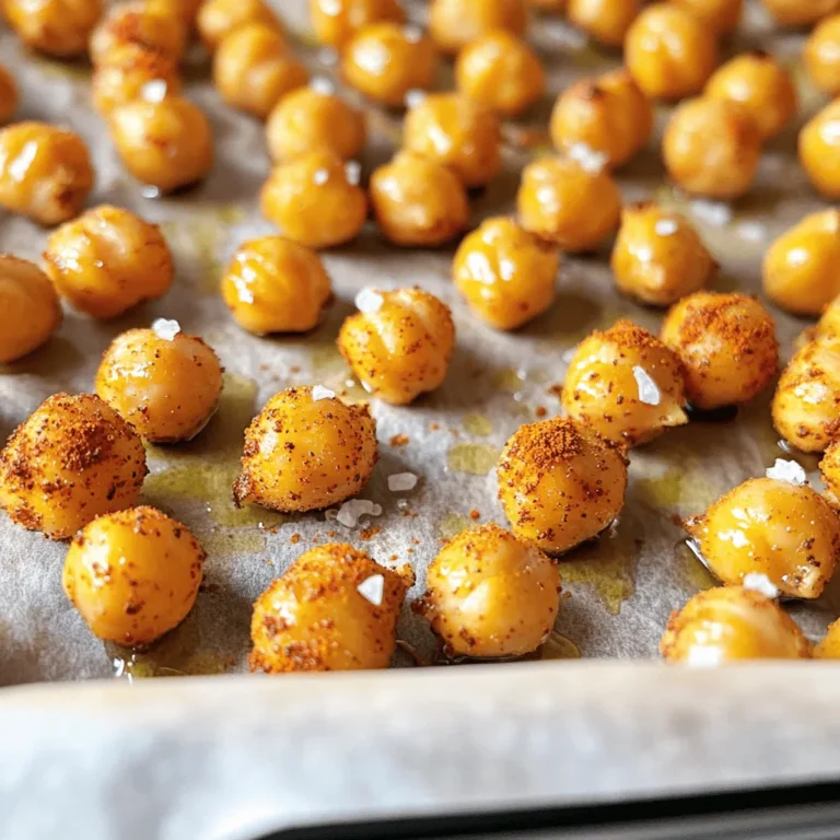 - 1 can (15 oz) chickpeas, drained and rinsed - 2 tablespoons olive oil - 1 teaspoon smoked paprika - 1 teaspoon garlic powder - ½ teaspoon ground cumin - ½ teaspoon cayenne pepper - Salt, to taste - Freshly cracked black pepper, to taste - Optional: 1 tablespoon nutritional yeast Crispy roasted chickpeas are simple and fun to make. You only need a few ingredients. Start with one can of chickpeas. Drain and rinse them well to remove extra sodium. This step is key for a clean taste. Next, grab some olive oil. Two tablespoons work well to help the spices stick. You can also use other oils if you prefer. For flavor, use smoked paprika and garlic powder. Each adds a unique taste. Ground cumin and cayenne pepper bring warmth and depth. Adjust the cayenne to match your spice level. Don't forget salt and black pepper. They enhance all the flavors. If you want a cheesy twist, add nutritional yeast. It gives a nice flavor boost without dairy. These ingredients come together to create a crunchy snack. You can enjoy them alone or add them to salads. They are healthy, tasty, and perfect for any time of day. Check out the Full Recipe for complete instructions and tips. Set your oven to 400°F (200°C). This high heat helps the chickpeas become crispy. Line a baking sheet with parchment paper. This step makes cleanup easy and helps the chickpeas crisp up well. Take a can of chickpeas and drain them. Rinse them under cold water. Place them on a clean kitchen towel. Pat them dry gently to remove moisture. The drier the chickpeas, the crunchier they will be. In a large bowl, mix the dried chickpeas with olive oil. Add smoked paprika, garlic powder, ground cumin, cayenne pepper, salt, and black pepper. If you like cheese flavor, add nutritional yeast too. Toss everything well so each chickpea gets coated. Put the seasoned chickpeas on the prepared baking sheet. Spread them out in a single layer. This is key for even cooking. If they overlap, they won’t get crispy. Place the baking sheet in the oven. Roast the chickpeas for 25-30 minutes. Halfway through, shake the pan to help them cook evenly. Keep an eye on them; they can burn quickly if left too long. Once they are golden brown, take them out of the oven. Let the chickpeas cool completely on the sheet. Cooling is vital for making them extra crunchy. Enjoy your crispy roasted chickpeas as a tasty snack. You can also sprinkle them on salads or soups for a great crunch! For a nice touch, serve them in a bowl. Garnish with paprika and fresh herbs like parsley or cilantro. Enjoy the vibrant colors! For the full recipe, refer to the earlier section. To make crispy roasted chickpeas, you must remove moisture. After rinsing, pat the chickpeas dry with a towel. This step is key. Any water left on them will steam instead of roast. Aim for a completely dry surface. You can even leave them out for a while to air dry. This extra time helps achieve that perfect crunch. Cooking time can change based on your oven and the chickpeas' moisture level. If they are not dried well, they may need more time. Check them at the 25-minute mark, but don’t rush them. If they aren’t golden yet, give them an extra 5 minutes. Every oven is unique, so keep an eye on them. One big mistake is overcrowding the baking sheet. If the chickpeas are too close, they will steam instead of roast. Spread them out evenly in a single layer. This helps all sides get crispy. If you have a lot, use two sheets. It’s better to roast in batches than to end up with soggy chickpeas. {{image_4}} You can change the taste of roasted chickpeas easily. Try different spices to find your favorite. Here are some ideas: - Curry powder: Adds warmth and depth. - Italian herbs: Mix dried basil and oregano for a fresh twist. - Chili powder: Gives a nice kick. - Lemon zest: Brightens the flavor with citrus notes. Feel free to mix and match these spices to suit your taste. Who says chickpeas can’t be sweet? You can make a fun sweet snack too! Here are some tasty options: - Cinnamon and sugar: Classic and simple, just mix together. - Cocoa powder: For a chocolatey treat, add a sprinkle. - Maple syrup: Toss the chickpeas in maple for a caramelized finish. These sweet versions are great for a fun dessert or snack. Crispy roasted chickpeas are tasty on their own, but they pair well with many foods. Here are some ideas: - Salads: Add crunch to your greens. - Soups: Use them as a topping for added texture. - Dips: Enjoy with hummus or guacamole. - Trail mix: Mix with nuts and dried fruit for a healthy snack. These pairings make your snacks even more enjoyable! To store your crispy roasted chickpeas, choose an airtight container. Glass or plastic containers work well. Keep them in a cool, dry place. Avoid exposing them to moisture, as this can make them soggy. If you plan to eat them soon, they can stay at room temperature. For longer storage, place them in the fridge. However, be aware that cold storage may affect crispiness. Properly stored, your crispy roasted chickpeas can last about 3 to 5 days. If you keep them in the fridge, they may stay fresh for a week. However, they will lose some crunch over time. Always check for any off smells or changes in texture before eating. If they feel soft, it's best to toss them out. To reheat your roasted chickpeas, preheat your oven to 350°F (175°C). Spread them on a baking sheet in a single layer. Heat for about 10 minutes or until they feel crispy again. Avoid using the microwave, as it can make them chewy. If you want them extra crunchy, you can turn on the broiler for a minute while keeping a close eye. This method helps restore their delicious crunch! Yes, you can use dried chickpeas! First, soak them overnight in water. This softens them and makes them easier to cook. Next, drain and rinse the chickpeas. Boil them in fresh water for about 1 to 1.5 hours. You want them soft but not mushy. Once cooked, follow the same steps as in the Full Recipe. This way, you get the same crispiness. You can make crispy chickpeas without oil by using aquafaba. Aquafaba is the liquid from canned chickpeas. Drain your chickpeas and reserve the liquid. Whisk the aquafaba until frothy. Toss the chickpeas in it, then season as you wish. Spread them on a baking sheet and roast. They may not be as crunchy, but they will still taste great. Chickpeas are very healthy. They are high in protein and fiber, which helps you feel full. A one-cup serving has about: - 15 grams of protein - 12 grams of fiber - 4 grams of fat - 45 grams of carbohydrates These nutrients help with digestion and can lower your risk of heart disease. They also provide essential vitamins and minerals like iron, magnesium, and folate. Yes, crispy roasted chickpeas are gluten-free. Chickpeas are naturally gluten-free, making them a good snack for those with gluten sensitivities. Always check your spices and other ingredients to ensure they are also gluten-free. Enjoy your crispy treats without worry! Roasting chickpeas is simple and fun. Start with the right ingredients, and follow each step closely. Drying the chickpeas adds to their crunch. Remember to season well and avoid overcrowding the pan. You can try various flavors, making this snack your own. Store leftovers properly to enjoy them later. Crispy roasted chickpeas are tasty and healthy, fitting any diet. Enjoy your delicious creation!