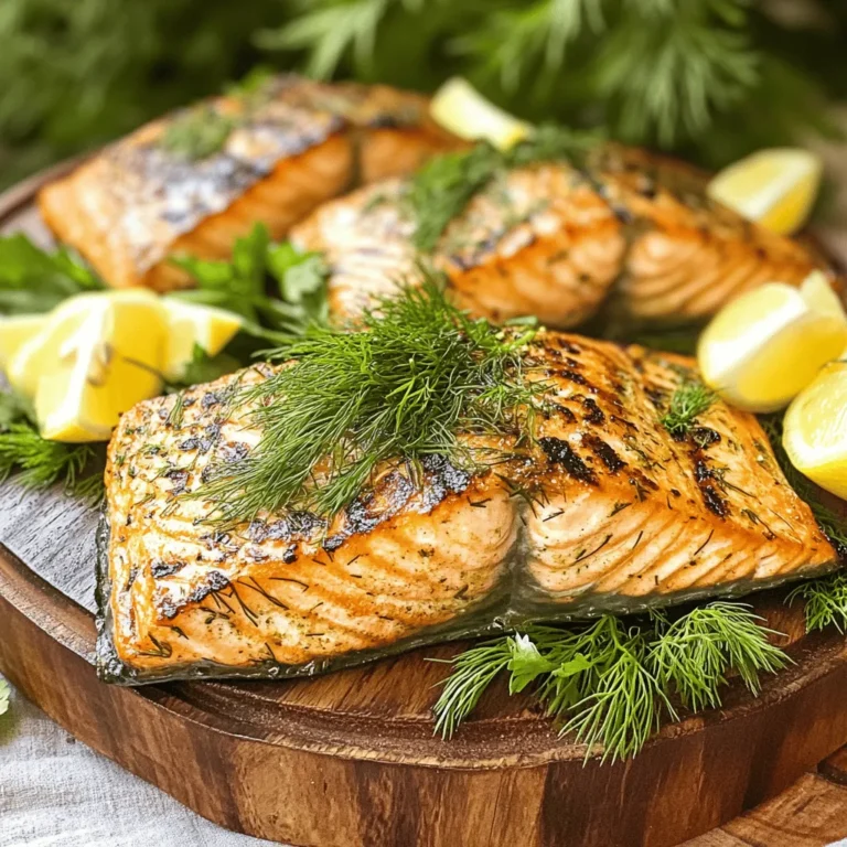 To make Lemon Herb Grilled Salmon, you need a few key items: - 4 salmon fillets (about 6 oz each) - 1/4 cup extra virgin olive oil - 3 tablespoons freshly squeezed lemon juice - 2 cloves garlic, finely minced - 1 tablespoon fresh dill, chopped - 1 tablespoon fresh parsley, chopped - 1 teaspoon dried oregano - Salt and freshly ground black pepper, to taste - Lemon wedges, for serving These ingredients work together to create a bright and zesty flavor that brings the salmon to life. The fresh herbs add a lovely aroma and taste. You can enhance the dish with these optional items: - 1 teaspoon lemon zest - 1 teaspoon honey for a touch of sweetness - 1/2 teaspoon red pepper flakes for heat - A splash of white wine for depth These extras can take your dish to another level. Each adds a unique twist that you might enjoy. When picking salmon, choose high-quality fillets. Look for: - Wild-caught salmon for the best flavor and nutrients - Freshness: bright color and no strong fishy smell - Sustainability: check for sources that follow eco-friendly practices Fresh, wild-caught salmon gives you the best taste and health benefits. It's worth the extra effort to find the right fish. For the full recipe, check out the [Full Recipe]. To start, gather your ingredients. You need olive oil, lemon juice, garlic, dill, parsley, oregano, salt, and pepper. In a small bowl, mix the olive oil, lemon juice, and minced garlic. Next, add the chopped dill, parsley, and oregano. Stir in a pinch of salt and pepper. Whisk everything together until well blended. This marinade will give the salmon a fresh and zesty flavor. Now it's time to marinate your salmon. Take four salmon fillets and place them in a resealable bag or a shallow dish. Pour the marinade over the salmon, making sure each fillet is well coated. Seal the bag tightly or cover the dish. Refrigerate for at least 30 minutes. For a deeper flavor, let it sit for up to 2 hours. This step is key to making the salmon taste great. Preheat your grill to medium-high heat. It must be hot enough to sear the salmon nicely. While the grill heats up, take a paper towel and dip it in oil. Lightly coat the grill grates with the oil to prevent sticking. Once the grill is ready, take the salmon out of the marinade. Let any extra marinade drip off. Place each fillet skin-side down on the grill. Grill for about 5-6 minutes without moving the salmon. This keeps those nice grill marks. After 5-6 minutes, gently flip the fillets using a spatula. Grill them for another 4-5 minutes. The salmon is done when it flakes easily with a fork. Once cooked, take the salmon off the grill and let it rest for a few minutes. This helps keep the fish tender. Now, your lemon herb grilled salmon is ready to serve. For the full recipe, check the earlier section. To grill salmon just right, follow these tips: - Preheat the grill to medium-high heat. This helps create a nice sear. - Oil the grill grates with a paper towel dipped in oil. This keeps the salmon from sticking. - Use skin-on fillets. The skin helps hold the fish together while cooking. - Don't flip too soon. Let the salmon cook undisturbed for 5-6 minutes. - Check for doneness by using a fork. It should flake easily when done. Here are some common mistakes when grilling salmon: - Skipping the marinade. It adds great flavor. Always marinate for at least 30 minutes. - Grilling cold salmon. Bring it to room temperature before grilling to cook evenly. - Overcooking the fish. Salmon can dry out quickly. Aim for an internal temp of 145°F. - Not resting the salmon. Let it rest for a few minutes after grilling. This helps keep it juicy. You can serve Lemon Herb Grilled Salmon in many tasty ways: - On a platter. Arrange the salmon with lemon wedges and fresh herbs for a colorful look. - With grilled veggies. Pair it with seasonal vegetables like zucchini or bell peppers. - On a bed of greens. Serve the salmon on a light salad for a refreshing meal. - With a side of rice or quinoa. This adds a nice texture and flavor to your meal. For the full recipe, check out the [Full Recipe]. Enjoy your cooking! {{image_4}} You can change the flavor of your lemon herb grilled salmon by trying different marinades. Here are some tasty ideas: - Soy Sauce Marinade: Replace the lemon juice with soy sauce for a savory twist. - Honey Mustard Marinade: Mix together honey, mustard, and olive oil for a sweet kick. - Spicy Marinade: Add hot sauce or chili flakes for a spicy kick. Each of these options offers a unique taste. Feel free to experiment! Pairing your grilled salmon with the right sides can enhance your meal. Here are some great choices: - Grilled Vegetables: Zucchini, bell peppers, and asparagus work well on the grill. - Rice Pilaf: A light rice dish adds nice texture and flavor. - Green Salad: A fresh salad with mixed greens and a light vinaigrette complements the fish. These sides create a balanced and delicious meal. If you don’t have fresh herbs, you can still make a great marinade. Here are some substitutes: - Dried Herbs: Use dried dill, parsley, and oregano. Use about one-third of the amount. - Herb Pastes: You can use herb pastes or sauces found in stores for flavor. - Spice Blends: Try a fish seasoning blend as a quick option. These substitutes keep the dish tasty and easy to prepare. You can find the Full Recipe for more details on how to make this dish. To keep leftover grilled salmon fresh, store it in an airtight container. Make sure to let it cool to room temperature first. This helps prevent moisture buildup. Place the salmon in the container and cover it tightly. It will stay good in the fridge for up to three days. If you plan to eat it later, consider freezing it. When you want to reheat your grilled salmon, do it gently. Preheat your oven to 275°F (135°C). Place the salmon on a baking sheet lined with parchment paper. Cover it with foil to keep it moist. Heat for about 15-20 minutes, or until warm. Alternatively, you can use the microwave. Place the salmon on a microwave-safe plate. Heat it for about 1 minute on low power. Check it and heat for another 30 seconds if needed. To freeze grilled salmon, wrap each piece tightly in plastic wrap. Then, place it in a freezer bag or container. Remove as much air as possible before sealing. This helps to prevent freezer burn. Grilled salmon can be frozen for up to three months. When ready to eat, thaw it in the fridge overnight. You can then reheat it using the tips above. For the full recipe, check out the Lemon Herb Grilled Salmon recipe. The best way to check if salmon is cooked is to look at its color and texture. Cooked salmon changes from a bright red to a lighter pink. It should also flake easily with a fork. If it still looks raw or is hard to flake, it needs more time. Use a food thermometer if you want to be sure. The safe internal temperature for salmon is 145°F. Yes, you can use frozen salmon for grilling. However, it’s best to thaw it first. Thawing helps the salmon cook evenly. You can thaw it in the fridge overnight or place it in cold water for faster results. Once thawed, you can marinate it just like fresh salmon. Follow the Full Recipe for best results! You should marinate salmon for at least 30 minutes. This allows the flavors to soak in. You can marinate it for up to 2 hours for a richer taste. Avoid marinating for too long, as the acid in the marinade can break down the fish and make it mushy. In this blog post, we explored how to make delicious lemon herb grilled salmon. We covered key and optional ingredients, while also discussing the best types of salmon. You learned step-by-step instructions for marinating and grilling, plus tips to avoid common mistakes. We shared variations and how to store leftovers effectively. Perfect your grilled salmon with these ideas for amazing flavor. Enjoy tasty meals with ease!