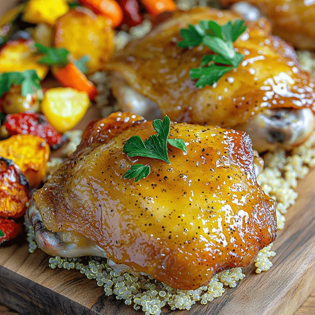 - 4 bone-in, skin-on chicken thighs - 1/4 cup honey - 1/4 cup Dijon mustard - 2 tablespoons soy sauce (or tamari for a gluten-free option) - 1 tablespoon apple cider vinegar - 2 cloves garlic, minced - 1 teaspoon fresh thyme leaves (or 1/2 teaspoon dried thyme) - 1 teaspoon smoked paprika - Salt and freshly ground black pepper, to taste - 1 tablespoon olive oil - Fresh parsley, finely chopped (for garnish) You can add your twist to this dish. Here are some ideas: - Lemon juice for a zesty flavor - Red pepper flakes for a spicy kick - Maple syrup instead of honey for a different sweetness - Mustard powder for extra tanginess - Fresh herbs like rosemary or basil for added aroma This recipe serves four. Each serving has about: - Calories: 380 - Protein: 27g - Carbohydrates: 15g - Fat: 25g - Fiber: 0g - Sugar: 9g This dish is balanced and satisfying. It provides protein from chicken, healthy fats from olive oil, and flavor from honey and mustard. For a full recipe, check out the complete guide. Start by preheating your oven to 400°F (200°C). This step is key to cooking the chicken evenly. While the oven warms up, grab a medium bowl. In this bowl, mix together the honey, Dijon mustard, soy sauce, apple cider vinegar, and minced garlic. Add fresh thyme, smoked paprika, and a pinch of salt and pepper. Whisk until the mixture is smooth and well combined. This marinade gives the chicken its rich flavor. Take a large resealable bag or a shallow dish for the chicken thighs. Place the chicken thighs in it and pour the marinade over them. Make sure every piece is coated well. Seal the bag or cover the dish tightly with plastic wrap. Let it sit in the fridge for at least 30 minutes. If you have more time, you can let it marinate for up to 2 hours. This step allows the flavors to soak into the meat. After marinating, heat a tablespoon of olive oil in a large oven-safe skillet over medium-high heat. Once the oil is hot, carefully take the chicken out of the marinade, allowing extra sauce to drip off. Place the thighs skin-side down in the skillet. Sear them for about 5-7 minutes until the skin is golden brown and crispy. Next, flip the chicken over with tongs. Pour the rest of the marinade over the chicken thighs. Then, transfer the skillet to your preheated oven. Bake for 25-30 minutes. You know the chicken is ready when it reaches an internal temperature of 165°F (74°C). The juices should run clear when you cut into it. Follow these steps closely for tender, flavorful honey mustard chicken thighs. You can find the full recipe in the previous section. Enjoy your cooking adventure! For the best flavor, marinate your chicken thighs for at least 30 minutes. If you have time, let them sit for up to 2 hours. This allows the honey mustard mix to soak into the meat. Use a resealable bag or a dish to hold the chicken and marinade. Make sure all pieces are covered well. This helps the flavors infuse and keeps the chicken juicy. To get that nice, crispy skin, start by searing the chicken thighs skin-side down in a hot pan. Use medium-high heat and let them cook for 5-7 minutes until golden brown. Avoid moving them around too much. When you flip them, they should release easily from the pan. This method locks in moisture and gives you that crunchy texture. Always check the internal temperature of your chicken. Use a meat thermometer to ensure the thickest part of the thigh reads 165°F (74°C). This step guarantees your chicken is safe to eat and perfectly cooked. Letting it rest for 5 minutes after baking will also keep it moist and tender. Enjoy your flavorful honey mustard chicken thighs! For the full recipe, click here. {{image_4}} Adding herbs can boost flavor. I love using fresh thyme or rosemary. Simply mix chopped herbs into the marinade for more depth. You can try parsley or basil too. These herbs enhance the dish without overpowering it. Fresh herbs add a bright touch to each bite. Grilling gives chicken a smoky flavor. Marinate the thighs as usual. Preheat your grill to medium-high heat. Grill each thigh for 6-8 minutes on each side. Check for a nice char and cook until the internal temperature hits 165°F. The grill marks will make your dish look great! For some heat, add red pepper flakes to the marinade. Start with a pinch and adjust to your taste. You can also mix in a splash of hot sauce. This variation gives a fun twist to the sweet and tangy taste. It’s perfect for those who love bold flavors. After cooking, let the honey mustard chicken thighs cool. Place them in an airtight container. Store in the fridge for up to three days. This keeps the chicken safe and tasty for later meals. To freeze the chicken, first let it cool completely. Wrap the thighs tightly in plastic wrap or aluminum foil. Then, place them in a freezer-safe bag or container. Properly stored, they can last for up to three months. Thaw in the fridge overnight before reheating. To reheat, use the oven for best results. Preheat to 350°F (175°C). Place the chicken on a baking sheet. Cover with foil to keep moisture in. Heat for about 15-20 minutes, or until warmed through. You can also use a microwave. Heat on medium power for 1-2 minutes, checking often to avoid drying out. For a crispy skin, a quick broil for 2-3 minutes works wonders. Enjoy your flavorful honey mustard chicken thighs! To make Honey Mustard Chicken Thighs, first, gather your ingredients. You need chicken thighs, honey, Dijon mustard, soy sauce, apple cider vinegar, garlic, thyme, smoked paprika, salt, pepper, and olive oil. Mix the honey, mustard, soy sauce, vinegar, garlic, thyme, paprika, salt, and pepper in a bowl. Pour this marinade over the chicken and let it sit for at least 30 minutes. Sear the chicken in a hot pan, then bake it in the oven until fully cooked. You can find the full recipe for detailed steps. Yes, you can use boneless chicken thighs. They will cook faster than bone-in thighs. Adjust your cooking time to about 20-25 minutes in the oven. Always check the chicken’s internal temperature. It should reach 165°F (74°C) for safe eating. These chicken thighs pair well with many sides. Consider serving them with roasted vegetables, rice, or quinoa. You can also add a fresh salad or mashed potatoes. These sides enhance the flavors and create a balanced meal. Leftovers can last for about 3-4 days in the fridge. Store them in an airtight container to keep them fresh. Reheat the chicken in the oven or microwave until it is hot throughout. Enjoy your flavorful meal again! In this post, we covered how to make tasty honey mustard chicken thighs. You learned about key ingredients and how to prepare them. I shared tips for crispy skin and marinating chicken well. You can choose different flavors for your dish. Also, we discussed how to store and reheat your leftovers. Enjoy your cooking! With these steps and ideas, you can create a delicious meal every time. Happy cooking!