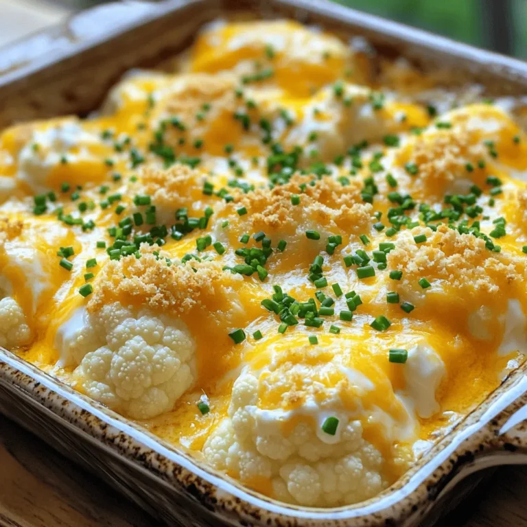 To make your cheesy cauliflower bake, gather these key ingredients: - 1 large head of cauliflower, cut into uniform florets - 1 cup shredded sharp cheddar cheese, divided - 1/2 cup cream cheese, softened at room temperature - 1/2 cup sour cream - 1/2 cup finely grated Parmesan cheese - 2 cloves garlic, finely minced - 1 teaspoon onion powder - 1 teaspoon smoked paprika - Salt and freshly cracked black pepper to taste - 1/4 cup fresh chives, chopped (for garnish) You can add a twist to your bake with these optional ingredients: - 1/2 cup breadcrumbs for a crispy topping These additions can elevate the texture and flavor, making your dish even more exciting. This cheesy cauliflower bake is not just tasty but also packs some nutrition. Here’s a breakdown per serving (assuming 6 servings): - Calories: 250 - Protein: 10 grams - Carbohydrates: 10 grams - Fat: 20 grams - Fiber: 2 grams This dish offers a balance of flavors and nutrients, making it a great option for any meal. For the full recipe, check out the recipe section above. - Preheating the Oven First, set your oven to 375°F (190°C). This warmth helps the dish cook evenly. - Cooking the Cauliflower Next, bring a large pot of salted water to a boil. Add the cauliflower florets and cook them for 5-7 minutes. You want them tender but still a bit firm. After cooking, drain the florets and let them cool a bit. In a big mixing bowl, combine the softened cream cheese, sour cream, and 3/4 cup of shredded cheddar cheese. Then add the Parmesan cheese, minced garlic, onion powder, and smoked paprika. Don’t forget a pinch of salt and black pepper. Use a spatula or whisk to mix until smooth. This creamy base is key to your bake’s flavor. Now, gently fold the cooked cauliflower into the cheesy mixture. Make sure each floret gets coated but don’t break them. Pour the whole mix into a greased baking dish, spreading it evenly. If you like a crunchy top, sprinkle breadcrumbs over the bake. If not, add the rest of the cheddar cheese. Bake for 20-25 minutes until the cheese bubbles and the top turns golden. After baking, let it cool for a few minutes, then add freshly chopped chives for a lovely finish. This process makes for a delicious and comforting meal, perfect for sharing. For the full recipe, check out the [Full Recipe]. To get the best texture for your cheesy cauliflower bake, focus on cooking the cauliflower just right. Boil it for 5-7 minutes until tender but firm. This keeps it from turning mushy. Drain it well, so excess water does not make the dish watery. When mixing it with cheese, fold gently. This helps keep the florets intact and not broken down. Avoid overcooking the cauliflower. If you cook it too long, it will lose its structure. Also, be careful with salt. Too much can overpower the dish. Make sure to mix the cheese base well. A lumpy base will not coat the cauliflower evenly. Finally, if you use breadcrumbs, don’t forget to toast them lightly. This gives a nice crunch. Serve your cheesy cauliflower bake hot, right from the oven. You can place it in individual ramekins for a fun touch. For a pop of color, sprinkle chopped chives on top. This dish pairs well with roasted chicken or a fresh salad. If you want a heartier meal, serve it alongside some grilled steak. You can find the full recipe to create this delicious dish. {{image_4}} To make a low-carb version of cheesy cauliflower bake, you can use more veggies. Instead of cauliflower, try broccoli or zucchini. These options keep the dish healthy and tasty. You can also skip the breadcrumbs for a lighter meal. Opt for almond flour or crushed pork rinds as a crunchy topping if you want a little texture. This way, you enjoy the cheese without too many carbs. You can swap cheeses based on your taste. If sharp cheddar isn't your favorite, use mozzarella for a mild flavor. Gouda adds a rich taste, while feta brings a tangy twist. Cream cheese gives a creamy base, but you can replace it with ricotta for a lighter texture. Try mixing different cheeses to create your perfect blend. Just keep the total amount the same to maintain the creamy texture. Add-ins can make your cheesy bake even better. Spinach or kale adds nutrients and color. You can mix in cooked bacon or ham for a savory kick. Want some heat? Add jalapeños or red pepper flakes. For a smoky flavor, include smoked sausage. You can even toss in cooked quinoa for added protein. The options are endless! Just remember to adjust cooking times if you add more ingredients. For the full recipe, click here to see how to bring all these ideas together. To store your Cheesy Cauliflower Bake, allow it to cool first. Then, place it in an airtight container. This keeps it fresh for up to three days in the fridge. Make sure to cover it well to prevent drying out. You can also store it in the baking dish if you prefer. Just wrap it tightly with plastic wrap or foil. When you're ready to eat leftovers, preheat your oven to 350°F (175°C). Place the dish in the oven for about 15-20 minutes. This warms it evenly and keeps it nice and cheesy. You can also microwave individual portions for about 1-2 minutes. Check if it’s hot throughout before serving. If you have extra, you can freeze it! Cut the bake into portions and place them in freezer-safe bags. Be sure to squeeze out as much air as possible. It can last up to three months in the freezer. To enjoy later, thaw it in the fridge overnight. Then, reheat as mentioned before. Enjoy the same great taste! Yes, you can use frozen cauliflower. It is a great option if you want to save time. Just make sure to thaw it first. Drain any excess water after thawing. This helps keep your bake from getting too watery. I love using sharp cheddar cheese for its strong flavor. It melts well and adds richness. You can also mix in Monterey Jack or Gruyère for a different taste. Parmesan cheese gives a nice salty kick too. Use a combination for the best results. To make this dish gluten-free, skip the breadcrumbs. Instead, add more cheese on top for a delicious finish. You can also use gluten-free breadcrumbs if you want that crispy topping. Just check the label to be sure they are gluten-free. For the full recipe, check out the Cheesy Cauliflower Bake details. This blog post showed you how to make Cheesy Cauliflower Bake. We covered key ingredients, preparation steps, and storage tips. You learned how to mix the cheesy base and assemble the dish. I shared common mistakes to avoid and texture tips for the perfect bake. Now you can enjoy delicious low-carb options, cheese substitutions, and tasty add-ins. Remember, the secret is in the details. Use quality ingredients, and enjoy this dish in many ways!