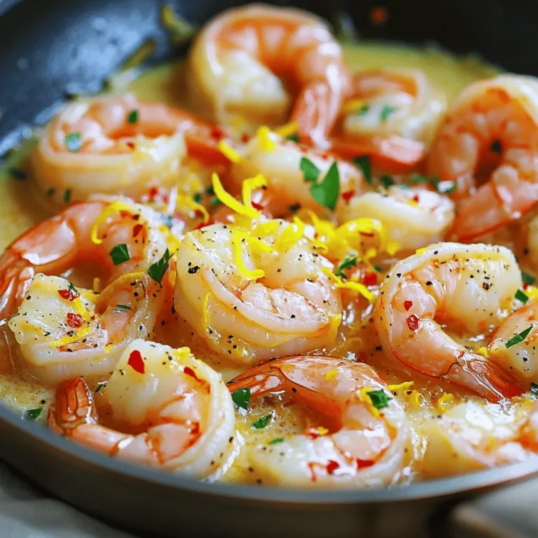 - 1 pound large shrimp, peeled and deveined - 4 tablespoons unsalted butter - 4 cloves garlic, finely minced - 1 tablespoon lemon zest (freshly grated) - 2 tablespoons freshly squeezed lemon juice - 1 teaspoon red pepper flakes (optional) - Salt and freshly ground black pepper, to taste - 2 tablespoons fresh parsley, chopped (for garnish) When I prepare Lemon Garlic Butter Shrimp, I focus on fresh ingredients. Start with large shrimp. They should be peeled and deveined. This saves you time and makes the dish easier to eat. I use unsalted butter for a rich flavor. It melts quickly and adds creaminess. Fresh garlic is key. I mince it finely to release its strong aroma. Lemon zest brings a bright, zesty note. It makes the dish pop. Fresh lemon juice adds a tangy kick that balances the richness of the butter. For a little heat, I sometimes add red pepper flakes. Adjust these to your liking. Salt and pepper enhance all the flavors. Fresh parsley is the final touch. It adds color and freshness to the plate. You can find the full recipe for this dish to enjoy these bright flavors. - Start by melting unsalted butter in a skillet over medium heat. - Sauté minced garlic until fragrant and lightly golden. First, grab a large skillet and set it on medium heat. Add four tablespoons of unsalted butter. Let it melt slowly. Swirl the pan a bit to help it melt evenly. You don't want it to brown. Next, add four cloves of finely minced garlic. The smell will be amazing! Sauté the garlic for about one to two minutes. Make sure to stir it often. You want it fragrant and just lightly golden. - Add the shrimp to the skillet and season with salt, pepper, and red pepper flakes. - Cook until shrimp turn pink, then flip to finish cooking. Now, it’s time for the shrimp! Add one pound of large shrimp, peeled and deveined, into the skillet. Season them with salt, pepper, and, if you like a kick, red pepper flakes. I usually use about one teaspoon. Let the shrimp cook for two to three minutes on one side. Watch them turn pink and curl up. When they do, gently flip them over to finish cooking. - Pour in lemon zest and juice, stirring to coat shrimp. - Cook until shrimp are fully cooked through, then garnish with parsley. Once the shrimp are nearly done, pour in one tablespoon of lemon zest and two tablespoons of freshly squeezed lemon juice. Stir well to coat all the shrimp in the zesty sauce. Cook for another two to three minutes. The shrimp should look opaque and firm. Now, remove the skillet from heat. Finish by sprinkling two tablespoons of fresh chopped parsley on top. This adds a nice touch! This quick recipe is not just easy but also super tasty! For the full recipe, check out the details above. To avoid overcooking shrimp, watch the color. Cook them until they turn pink. This usually takes 2-3 minutes per side. If they curl tightly, they are overcooked. Keep the heat at medium to medium-high for the best texture. Peeling and deveining shrimp takes practice. Start by holding the shrimp in one hand. Use your other hand to pull off the shell, starting from the head. For deveining, make a shallow cut along the back. Remove the dark vein with a toothpick or your fingers. It’s easier than it sounds! To boost flavor, consider adding spices like paprika or cumin. Fresh herbs like basil or cilantro also work well. Feel free to experiment with flavors that excite you! For a balanced garlic and lemon taste, use fresh ingredients. Fresh lemon juice and zest give a bright flavor. Don’t skimp on garlic; it adds depth. Start with about 4 cloves, but feel free to add more if you love garlic! This shrimp pairs well with many sides. Serve it over fluffy rice or with crusty bread. A fresh salad or steamed veggies also make great sides. For presentation, serve the shrimp in a warm bowl. Garnish it with lemon wedges and parsley. This adds color and makes it look fancy. Your guests will be impressed! {{image_4}} You can easily make this dish gluten-free. Avoid soy sauce or any seasoning with gluten. Use fresh herbs and spices for flavor. Serve the shrimp over rice or a salad for a tasty meal. For those who prefer vegetarian options, replace shrimp with firm tofu or chickpeas. Cook these in the same lemon garlic butter sauce. You will still enjoy that bright flavor! To change the taste, try adding different herbs. Dill adds a fresh touch. Basil brings a sweet aroma. Both can make your dish unique. You can also mix in other seafood. Scallops add a rich flavor, while lobster makes it fancy. These options give a new twist to your dish and impress your guests. If you want to get creative, drizzle a creamy sauce over the shrimp. A simple garlic aioli works great. You can also whip up a spicy sauce with sriracha or chili paste for a kick. To pair with the dish, try a wine-based sauce. Use white wine, garlic, and butter. Simmer until it thickens and then pour over the shrimp. This sauce adds depth and richness to the meal. For the full recipe, check out the details above. To keep leftover Lemon Garlic Butter Shrimp fresh, first cool it to room temperature. Store it in an airtight container. Glass or plastic containers work well for this. Make sure to use a container that seals tightly to avoid any air exposure. This helps keep the shrimp juicy and flavorful. Try to eat it within two days for the best taste. When you reheat shrimp, you want to keep it tender. Heat a skillet over medium heat. Add a bit of butter to the pan. Once melted, add the shrimp. Heat for about 2-3 minutes, stirring gently. You can also use a microwave, but do it in short bursts. Heat in 30-second intervals to avoid overcooking. Aim for an internal temperature of 145°F to ensure it's safe to eat. Can I use frozen shrimp for this recipe? Yes, you can use frozen shrimp. Just thaw them before cooking. Place them in cold water for about 15 minutes. This will help them cook evenly. How do I know when shrimp are fully cooked? Look for a pink color and a firm texture. Shrimp should curl slightly and be opaque. This usually takes about 4-6 minutes of cooking time. Can I replace butter with olive oil? You can! Olive oil gives a nice flavor, but it won't be as rich. Use the same amount of olive oil as butter for cooking. How can I make this dish spicier? Add more red pepper flakes or a dash of hot sauce. You can also try adding chopped jalapeños for an extra kick. What can I use instead of fresh parsley? You can use cilantro or basil as a substitute. Both add a fresh taste. Dried herbs work too, but use less since they are stronger. How do I adjust the recipe for more servings? Simply double or triple the ingredients. Keep the cooking times similar but check for doneness as you cook. This ensures all shrimp are perfectly cooked. In this post, I shared how to make Lemon Garlic Butter Shrimp with ease. You learned about the key ingredients, step-by-step cooking instructions, and helpful tips for perfecting the dish. Don’t forget the many variations and storage tips to keep it fresh. With simple flavors and quick steps, this dish can impress anyone. Embrace your cooking skills and enjoy this tasty meal at your next gathering. Happy cooking!