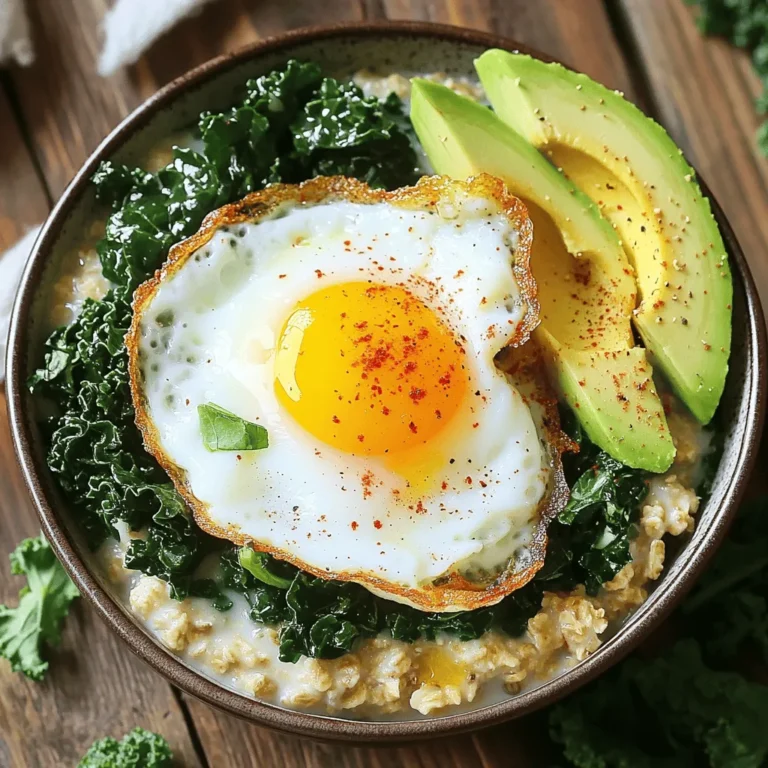 To make savory oatmeal with a fried egg, gather these fresh ingredients: - 1 cup rolled oats - 2 cups vegetable broth - 1 tablespoon olive oil - 1 clove garlic, minced - 1 small onion, finely chopped - 1 cup spinach or kale, chopped - 1 large egg - 1 teaspoon soy sauce (or tamari for a gluten-free option) - 1 tablespoon nutritional yeast (optional, for a cheesy flavor) - Salt and pepper to taste - Sliced avocado for topping - Red pepper flakes for an extra kick You can boost the flavor of your savory oatmeal with these optional items: - Fresh herbs like parsley or cilantro - A splash of lemon juice for brightness - Crumbled feta cheese for added creaminess - Sautéed mushrooms for a rich taste - Hot sauce for extra heat Savory oatmeal is not just tasty; it is also nutritious. Here’s a quick breakdown: - Calories: About 300-350 per serving - Protein: 10-12 grams - Carbohydrates: 50-55 grams - Fiber: 8-10 grams - Fat: 10-15 grams, depending on toppings This dish is packed with vitamins and minerals from the greens and provides a good balance of carbs, protein, and healthy fats. The egg adds protein and richness, making it a filling breakfast option. Enjoy this dish as part of a balanced diet. For the full recipe, check out the details above. To start, grab a medium saucepan. Pour in 2 cups of vegetable broth. Heat it on medium until it boils. Once boiling, stir in 1 cup of rolled oats. Reduce the heat to low. Let the oats simmer for about 5 minutes. Stir occasionally to keep them from sticking. The goal is creamy and tender oats. While the oats cook, take a skillet and heat 1 tablespoon of olive oil over medium heat. Add 1 small finely chopped onion and 1 clove of minced garlic. Sauté for about 3-4 minutes. You want the onion to turn soft and clear. Next, toss in 1 cup of chopped spinach or kale. Cook for another 2-3 minutes. Stir until the greens wilt. Now, season with salt and pepper to taste. For the fried egg, use a small non-stick pan. Crack in 1 large egg and cook it as you like. If you want it over easy, let it cook until the whites set but the yolk stays runny. This adds a nice touch to your dish. Once your oats are cooked, mix in the sautéed veggies and 1 teaspoon of soy sauce. Stir to blend all the flavors. Now, spoon the savory oatmeal into bowls. Top each with the fried egg, some sliced avocado, and a sprinkle of nutritional yeast if you want a cheesy taste. Add red pepper flakes for a spicy kick. For the full recipe, check out the complete details. To make a great fried egg, start with a hot pan. Use a non-stick skillet, and add a bit of oil. Crack the egg gently into the pan. Cook it for about three minutes. The whites should be set, but the yolk should remain runny. If you like it more cooked, let it fry longer. For a twist, add some herbs or spices while it cooks. This small touch adds great flavor to your breakfast dish. Seasoning can change the whole dish. Start with salt and pepper. These two spices enhance the flavors of the oatmeal and egg. You can also add soy sauce or nutritional yeast for depth. If you want heat, sprinkle in some red pepper flakes. Taste your dish as you go. This helps you find the balance you like best. Feel free to swap in your favorite herbs too. Fresh herbs like chives or parsley can brighten up the dish. For creamier oatmeal, use vegetable broth instead of water. It adds flavor and helps make the oats rich. Stir in a splash of olive oil or a pat of butter while cooking. This adds smoothness and richness to the oats. If you want it even creamier, try adding a splash of milk or a non-dairy milk. Mixing in some nutritional yeast can also give a creamy, cheesy taste. Remember, the key is to stir frequently as the oats cook. This helps them absorb all the flavors and become nice and creamy. For the full recipe, check out the previous section. {{image_4}} You can swap spinach or kale for other greens. Try Swiss chard or arugula. Both add unique flavors. You can also use collard greens for a heartier taste. Each green brings its own nutrients and color. Experimenting with greens keeps your dish fresh and exciting. Want to boost protein? Add cooked chicken, tofu, or beans. They mix well and add texture. For a savory kick, sprinkle in some crumbled feta or goat cheese. You can also toss in nuts or seeds for crunch. These extras make your savory oatmeal even more filling and tasty. To make this dish gluten-free, use tamari instead of soy sauce. For a vegan version, skip the egg and add avocado or tofu instead. Nutritional yeast gives a cheesy flavor without dairy. You can also add extra veggies like mushrooms or bell peppers for more nutrition. Enjoy customizing your savory oatmeal to fit your diet! For the full recipe, check out [Full Recipe]. To store your savory oatmeal, let it cool down first. Place the leftovers in an airtight container. You can keep them in the fridge for up to three days. If you want to save it longer, consider freezing. When reheating, add a splash of water or broth to your oatmeal. This helps it regain its creamy texture. Heat in the microwave for about one to two minutes, stirring halfway through. You can also use a saucepan on low heat. Stir often to prevent sticking. If you want to freeze the oatmeal, portion it into freezer-safe containers. Leave some space at the top for expansion. The oatmeal can last in the freezer for up to three months. When ready to eat, thaw it overnight in the fridge before reheating. This method keeps the flavors intact. For the full recipe, check out the [Full Recipe]. You can add many tasty ingredients to savory oatmeal. Some great options include: - Chopped tomatoes - Cooked bacon or sausage - Grated cheese - Sautéed mushrooms - Fresh herbs like basil or parsley - A drizzle of hot sauce These additions can enhance the flavor and texture of your dish. Feel free to mix and match based on your taste! To get the perfect consistency, use the right water-to-oat ratio. For creamy oats, I suggest using two cups of broth for every cup of oats. Stir the oats while they cook. This helps them absorb the liquid evenly. If you want a thicker texture, let the oats cook a bit longer. For a thinner consistency, add a bit more broth or water. Yes, you can meal prep savory oatmeal! Cook a larger batch of oats and store them in airtight containers. You can keep them in the fridge for up to five days. When you are ready to eat, simply reheat the oats. Fry an egg fresh for each serving to keep it nice and warm. This way, you have a quick and tasty breakfast ready to go. For the full recipe, check out the earlier sections! This blog post covered how to make a delicious savory oatmeal dish. We discussed the key ingredients and optional flavors to make it shine. You learned step-by-step cooking methods for oats, veggies, and that perfect fried egg. Tips helped you tweak the taste and texture. We explored tasty variations and smart storage tips. Try this dish for a filling meal that is both nutritious and fun. Enjoy experimenting!