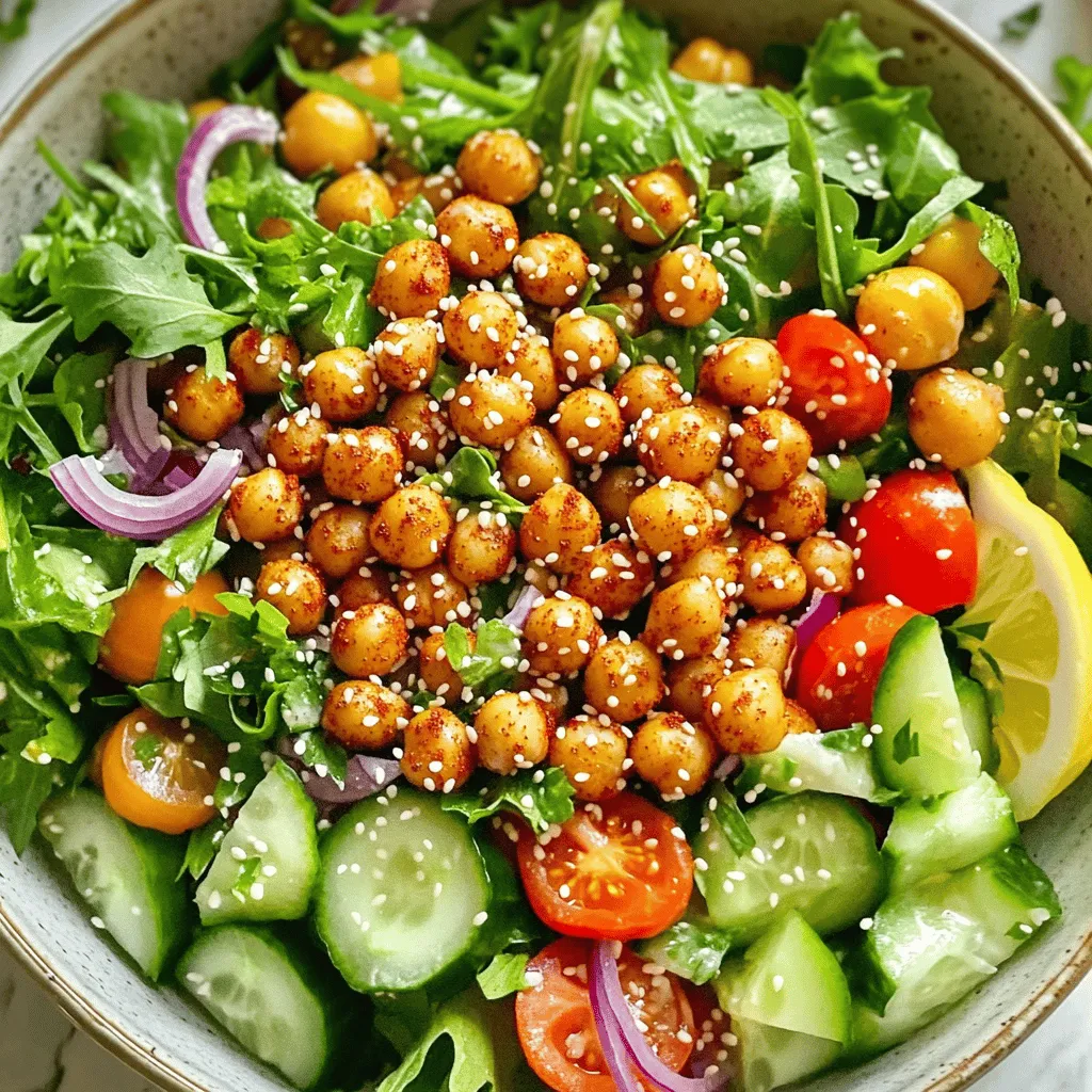 - 1 can (15 oz) chickpeas, drained and thoroughly rinsed - 2 tablespoons extra virgin olive oil - 1 teaspoon smoked paprika - 1 teaspoon garlic powder - 1/2 teaspoon cayenne pepper (adjust based on spice preference) - Salt and black pepper to taste - 1 cup mixed greens (spinach and arugula) - 1/2 cucumber, diced into bite-sized pieces - 1 bell pepper (any color), diced - 1/4 red onion, thinly sliced - 1/4 cup cherry tomatoes, halved - 2 tablespoons tahini - 1 tablespoon fresh lemon juice - 1-2 tablespoons water (to adjust dressing consistency) You can add more to your salad for extra flavor. Consider these options: - Avocado for creaminess - Feta cheese for a salty kick - Fresh herbs like parsley or cilantro for brightness - Nuts or seeds for crunch This salad is not just tasty; it's also good for you. Here is a quick overview: - High in protein from chickpeas - Packed with vitamins from fresh veggies - Healthy fats from olive oil and tahini - Full of fiber for digestive health This crispy chickpea salad is a fresh and vibrant dish. Use the Full Recipe to explore how to create this delightful meal at home! To make crispy chickpeas, you need to start with a can of chickpeas. Drain and rinse them well. This step removes extra salt and liquid. Next, preheat your oven to 400°F (200°C). Spread the chickpeas on a baking sheet in a single layer. Drizzle with olive oil and season with smoked paprika, garlic powder, cayenne pepper, salt, and black pepper. Toss the chickpeas so they are fully coated. Roast them for 25-30 minutes. Shake the pan halfway through. This helps them get crispy all around. They will turn golden and crunchy when ready. While the chickpeas roast, let’s prepare the salad base. Grab a large bowl and add mixed greens. I love using a blend of spinach and arugula for a fresh taste. Next, add diced cucumber, bell pepper, sliced red onion, and halved cherry tomatoes. Toss these ingredients gently. This mix adds color and texture to your salad. It’s simple, but it brings great flavor. For the tahini dressing, take a small bowl. Whisk together tahini and fresh lemon juice. Slowly add water while whisking until the dressing is smooth. You can adjust the thickness by adding more water if needed. A pinch of salt makes it taste even better. Once the chickpeas cool, mix them into the salad. Drizzle the creamy dressing over everything and toss gently. This helps combine all the flavors. Serve right away for the best crunch. You can also chill it for up to 30 minutes to blend the taste. Enjoy the full recipe for a delicious meal! To make the best crispy chickpeas, start by rinsing and draining them well. Pat them dry with a clean towel. Moisture is your enemy here. Once dry, toss them with olive oil and spices. The oil helps them crisp up in the oven. Spread them out on a baking sheet. Make sure they sit in one layer. This step is key to crispiness. Roast them at 400°F (200°C) for 25-30 minutes. Shake the pan halfway through to ensure even cooking. You want them golden and crunchy. This salad is great on its own, but you can enhance it. Serve it with warm pita bread or over quinoa for a hearty meal. Add some avocado slices for creaminess. You might also sprinkle feta cheese for a salty kick. Fresh herbs, like parsley or cilantro, can boost the flavor. For an extra crunch, top it with sesame seeds. One common mistake is not drying the chickpeas enough. If they’re wet, they won’t get crispy. Avoid overcrowding the baking sheet. If they’re too close, they will steam instead of roast. Don’t skip the shaking step while roasting. It helps them cook evenly. Lastly, serve the salad right after mixing. This keeps the chickpeas crunchy. If you wait too long, they may lose their crispness. Enjoy this crispy chickpea salad fresh and flavorful! For the complete recipe, check the Full Recipe section. {{image_4}} You can switch up the dressing for your crispy chickpea salad. Try a yogurt-based dressing for a creamy touch. Mix plain yogurt with lemon juice, salt, and herbs. This gives a tangy flavor. You can also use balsamic vinegar for a sweet and sharp taste. A simple olive oil and vinegar mix works well too. Just combine equal parts for a fresh vibe. Feel free to add more veggies to your salad. Carrots add crunch and color. Dice them small or shred them for easy mixing. Radishes bring a peppery kick and look pretty. You can also toss in some corn for sweetness. Avocado slices make it creamy and rich. The more, the merrier! To make the salad more filling, consider adding protein. Grilled chicken or shrimp pairs well with the chickpeas. For a vegetarian option, add tofu or tempeh. Both soak up flavors and add texture. You can also sprinkle some feta cheese or goat cheese for extra taste. These additions will make your salad a complete meal. For the full recipe, check the details above. To keep your leftover salad fresh, put it in an airtight container. Make sure to store it in the fridge. This will help maintain the crispness of the veggies for up to two days. If you want to keep the chickpeas crunchy, store them separately. This way, they won’t become soggy from the dressing. For the best storage of crispy chickpeas, let them cool completely first. Then, place them in a glass or plastic container with a tight lid. Use parchment paper at the bottom to absorb moisture. Store them at room temperature for up to three days. Avoid refrigerating them, as that can make them lose their crunch. If you want to reheat the crispy chickpeas, use the oven. Preheat your oven to 350°F (175°C). Spread the chickpeas on a baking sheet in a single layer. Heat them for about 10 minutes, or until they're warm and crispy again. Avoid using the microwave, as it can make them soft. Enjoy your crispy chickpea salad fresh with the full recipe for the best flavor! Yes, you can make this salad ahead of time. Prepare the chickpeas and salad base separately. Store the roasted chickpeas in an airtight container. Keep the salad base in the fridge. When you're ready to serve, add the crispy chickpeas on top. This way, they stay crunchy and fresh. If you mix everything too early, the chickpeas may lose their texture. You can use other beans if you like. Some good options include black beans, white beans, or kidney beans. Each type brings a unique flavor and texture. Just make sure to rinse and drain them well. Roasting them can work, but their texture may differ from chickpeas. This salad is already vegan-friendly! The chickpeas, veggies, and tahini dressing all fit a vegan diet. Just make sure to check your tahini brand. Some may use non-vegan ingredients, but most are plant-based. Enjoy your healthy and vibrant crispy chickpea salad! For the full recipe, check above. This blog post covered the key steps to make a tasty crispy chickpea salad. You learned about the main ingredients, how to prepare the chickpeas, and the best dressings. I shared tips for perfect texture and common mistakes to avoid. You also discovered different ways to customize your salad and how to store leftovers. In closing, this salad is healthy, easy, and fun to make. You can enjoy it today and experiment with new flavors tomorrow.